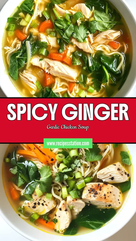 Warm up with this delicious Ginger Garlic Chicken Noodle Soup! This easy chicken noodle soup recipe combines tender chicken, zesty flavors, and healthy noodles with spinach for a comforting dish. Enjoy homemade ginger garlic soup that’s perfect for any day. Follow the simple steps to create this wholesome meal in just 35 minutes. Save this recipe for your next cozy night! #GingerGarlicSoup #ChickenNoodleSoup #HealthyRecipes #ComfortFood