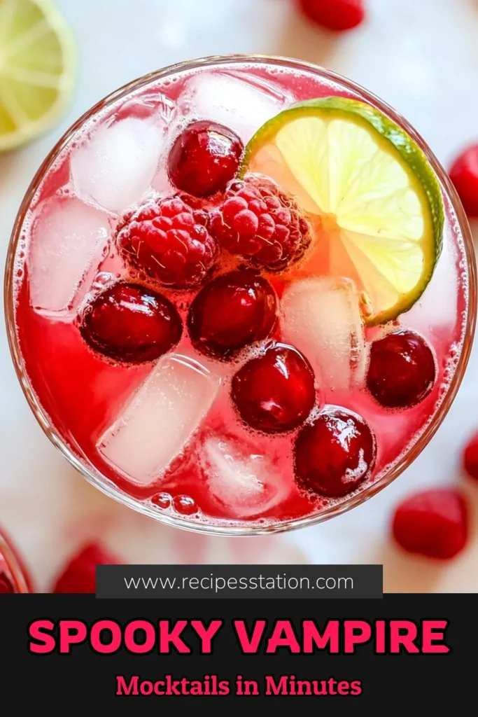 Impress your guests this Halloween with the Vampire’s Kiss Halloween Mocktail! This spooky drink recipe blends cranberry juice and pomegranate for a dazzling non-alcoholic Halloween cocktail. Perfect for parties, this festive beverage is easily made in just 10 minutes. Garnish with fresh raspberries for a haunting touch. Save this delicious Halloween mocktail recipe and celebrate in style! #HalloweenMocktail #VampiresKissMocktail #SpookyDrinkRecipe #NonAlcoholicCocktail