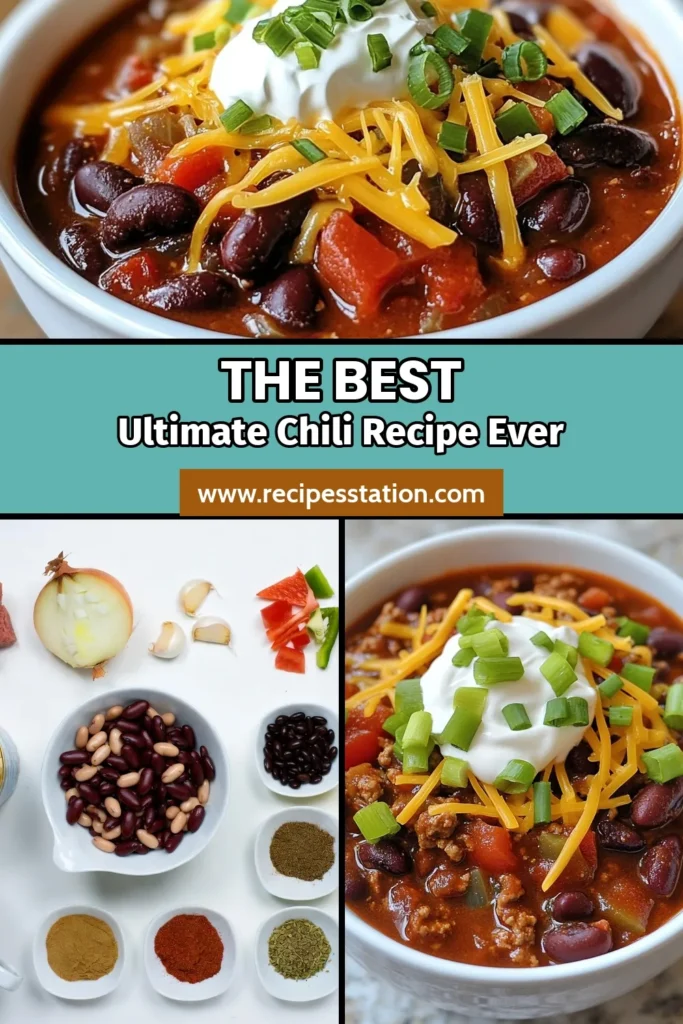 Discover the ultimate chili recipe that will delight everyone at your table! This homemade chili with beans can be made with ground beef or as a vegetarian chili option, ensuring it suits all diets. It's an easy chili that packs flavor and is topped with the best chili toppings like cheese and sour cream. Don't miss out on this flavorful dish&mdash;save this recipe for your next meal! #ChiliRecipe #HomemadeChili #VegetarianChili #EasyChili