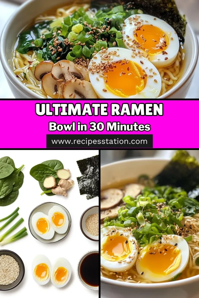 Discover the ultimate homemade ramen recipe that will elevate your noodle game! This easy ramen bowl features umami-rich miso ramen broth, tender shiitake mushrooms, and baby spinach, topped with soft-boiled eggs ramen for a delectable touch. Perfect for a quick weeknight meal, this recipe guarantees comfort and flavor in every bite. Save this recipe for your next cooking adventure! #HomemadeRamen #EasyRamenBowl #UltimateRamenNoodles #MisoRamenBroth