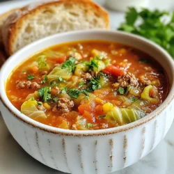 Here&rsquo;s what you need for a hearty bowl of cabbage roll soup: - 1 medium head of green cabbage, chopped into bite-sized pieces - 1 pound ground beef (or turkey) - 1 small onion, finely chopped - 2 cloves garlic, minced - 1 cup rice, thoroughly rinsed - 1 can (28 oz) crushed tomatoes - 4 cups beef or vegetable broth - 1 teaspoon dried oregano - 1 teaspoon paprika - 1 teaspoon ground cumin - Salt and freshly ground black pepper to taste - 2 tablespoons extra-virgin olive oil - Fresh parsley, chopped, for garnish You can add some fun twists to your soup. Here are a few ideas: - 1 cup diced carrots for sweetness - 1 cup corn for a pop of color - 1-2 tablespoons of lemon juice for brightness - A pinch of red pepper flakes for heat This soup is not just filling; it&rsquo;s also packed with nutrients. Each serving provides: - Calories: Approximately 300 - Protein: 20g - Carbohydrates: 30g - Fiber: 4g - Fat: 10g This makes it a well-rounded meal, great for lunch or dinner. {{ingredient_image_2}} Start by heating the olive oil in a large pot over medium heat. Once the oil is hot, add the finely chopped onion and minced garlic. Stir them often for about five minutes. You want the onion to look clear and smell great. This step builds the base flavor for your soup. Next, add the ground beef or turkey to the pot. Use a wooden spoon to break the meat into small pieces. Cook until it turns a nice brown color. Season the meat with salt, black pepper, paprika, and cumin as it cooks. This adds depth to the soup's flavor. Now, fold in the chopped cabbage. Let it cook for about five more minutes. Stir it occasionally. You want the cabbage to wilt and soften a bit. Then, pour in the rinsed rice, crushed tomatoes, and broth. Mix everything well to combine all the flavors. Raise the heat to bring the soup to a boil. Once it starts bubbling, lower the heat to a gentle simmer. Cover the pot and let it cook for about 30 minutes. This allows the rice to cook and the flavors to blend nicely. After simmering, taste the soup. Adjust the seasoning with extra salt, pepper, or herbs if needed. When ready to serve, ladle the soup into bowls. Garnish with freshly chopped parsley for a pop of color and flavor. Enjoy your warm and hearty cabbage roll soup! To make your cabbage roll soup rich and tasty, follow these tips: - Use fresh ingredients for the best flavor. - Brown the meat well to add depth. - Saut&eacute; the onion and garlic until they smell strong. - Add spices like oregano and paprika early for more flavor. - Let the soup simmer long enough to blend the tastes. Many people make mistakes when cooking soup. Here are some to watch out for: - Don't rush the browning of the meat; it can taste bland. - Avoid using old or wilted cabbage; fresh cabbage is key. - Don&rsquo;t skip the rinsing of rice; this helps keep the soup clear. - Be careful with salt; add a little, taste, then adjust. Serving your soup well makes it even better. Here are some ideas: - Serve in rustic bowls for a cozy feel. - Garnish with fresh parsley for color and flavor. - Pair with crusty bread for a delightful dip. - Try a side salad to add freshness to your meal. Pro Tips Choose Fresh Cabbage: Always opt for a firm, vibrant green cabbage. The fresher the cabbage, the sweeter and more tender it will be in your soup. Enhance with Spices: Feel free to experiment with additional spices like thyme or bay leaves to deepen the flavor profile of your soup. Make it Ahead: This soup tastes even better the next day! Prepare it in advance and let the flavors meld overnight in the refrigerator. Garnish Wisely: Top with a dollop of sour cream or a sprinkle of grated cheese for added richness and a creamy texture contrast. {{image_4}} You can easily make a vegetarian version of cabbage roll soup. Start by swapping the ground beef with lentils or a mix of beans. Use vegetable broth instead of beef broth. Add more veggies like carrots and bell peppers for added flavor. You can also include mushrooms for a nice umami touch. This version remains hearty and satisfying while being meat-free. To make this soup gluten-free, simply use rice that is marked gluten-free. Most white and brown rice varieties work well. Be sure to check that the broth is gluten-free as well. If you want more texture, try quinoa or gluten-free pasta instead of rice. Both options cook nicely in the soup and add a fun twist. If you love heat, add some red pepper flakes or diced jalape&ntilde;os to the pot. Start with a small amount and taste as you go. For a milder soup, reduce or skip the spices. You can also play with different herbs like thyme or basil to change the flavor profile. This soup can be your canvas for spice and flavor! To keep your cabbage roll soup fresh, let it cool first. Then, pour the soup into an airtight container. Make sure to seal it well. Store it in the fridge. It will stay fresh for about three to four days. If you have a lot left, you might want to freeze some instead. If you want to save the soup for later, freezing is a great option. Use freezer-safe containers or bags. Leave some space at the top for expansion. Label the containers with the date. You can freeze the soup for up to three months. When you're ready to eat it, just thaw it in the fridge overnight. Reheating cabbage roll soup is easy. You can use a pot on the stove or a microwave. If using the stove, heat it over low until warm. Stir often to avoid burning. For the microwave, use a microwave-safe bowl. Cover it and heat in intervals of one minute, stirring in between. Make sure it&rsquo;s hot all the way through. Enjoy your comforting meal again! Yes, you can use different meats. Ground turkey or chicken works well. These options keep the soup light. You can even try ground pork for a richer taste. Just ensure you cook the meat until it&rsquo;s brown. This adds depth to the flavor. Cabbage roll soup lasts about 4 to 5 days in the fridge. Store it in an airtight container. This keeps it fresh and tasty. Always check for any signs of spoilage before eating. You can use quinoa or barley as a rice substitute. Both add a nice texture and flavor. If you prefer a low-carb option, try cauliflower rice. It cooks quickly and blends well with the soup. Absolutely! Making the soup in advance is a great idea. It often tastes even better the next day. Just cool it down and store it in the fridge. You can also freeze it for longer storage. When ready, just reheat and enjoy! Cabbage roll soup is a tasty and healthy dish. We covered the main and optional ingredients, plus key steps for cooking. I shared tips for better flavor and ways to avoid common mistakes. You can even try fun variations like vegetarian or gluten-free options. Storing leftovers is easy, and I provided great reheating tips. I hope you feel confident to make this soup your own. Enjoy the warm flavors and share it with friends and family.