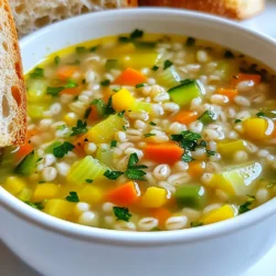 Here is the full list of ingredients you need for hearty vegetarian barley soup: - 1 cup pearl barley - 4 cups vegetable broth - 2 tablespoons olive oil - 1 large onion, finely chopped - 3 cloves garlic, minced - 2 medium carrots, diced - 2 celery stalks, diced - 1 bell pepper, diced (choose your favorite color) - 1 medium zucchini, diced - 1 cup fresh green beans, trimmed and cut into 1-inch pieces - 1 can (14 oz) diced tomatoes, including juice - 1 teaspoon dried thyme - 1 teaspoon dried oregano - Salt and freshly ground black pepper, to taste - Fresh parsley, chopped (for garnish) If you have specific dietary needs, don't worry. You can easily swap some ingredients: - For gluten-free, use gluten-free grains instead of barley. - For a lower-carb option, replace barley with cauliflower rice. - If you are vegan, ensure the vegetable broth is plant-based. - You can also add beans or lentils for more protein. Using fresh ingredients always brings more flavor. Fresh vegetables taste better and add vibrant colors. Dried herbs, like thyme and oregano, pack a punch too. They help build flavor, especially in soups. If you only have dried vegetables, they can work in a pinch. Just remember, they may absorb more liquid. Adjust the broth amount accordingly. Using fresh parsley is key for garnish. It adds a nice touch and brightens the soup. Fresh herbs always make a dish pop. {{ingredient_image_2}} Start by rinsing the pearl barley. Use a fine mesh strainer and cold water. Make sure the water runs clear. This step helps remove any dust and makes the barley clean. After rinsing, set it aside to drain. Grab a large pot and heat olive oil over medium heat. When the oil shimmers, add the finely chopped onion and minced garlic. Stir them for about 3 to 4 minutes. You want the onion to turn translucent and the garlic to smell great. Now, add the diced carrots, celery, and bell pepper to the pot. Cook these for about 5 minutes. Stir occasionally to help them soften. Next, mix in the diced zucchini and green beans. Cook for another 3 minutes. They should be just tender but not mushy. It’s time to combine everything. Add the rinsed pearl barley, diced tomatoes (with their juice), and vegetable broth into the pot. Sprinkle in the dried thyme and oregano. Stir well and bring the mixture to a rolling boil. Once it’s boiling, reduce the heat to low. Cover the pot and let it simmer for about 40 to 45 minutes. Stir occasionally. The barley should be tender, and the soup will thicken slightly. After simmering, taste your soup. Add salt and freshly ground black pepper to your liking. Once seasoned, ladle the soup into bowls. Don’t forget to garnish with freshly chopped parsley for a bright touch. Enjoy your warm bowl of comfort! To make your soup taste even better, try these tips: - Herbs: Fresh herbs add a bright touch. Try adding basil or cilantro. - Spices: A pinch of smoked paprika or cumin can give depth. - Acidity: A splash of lemon juice can brighten flavors at the end. - Umami: Add a tablespoon of soy sauce or miso for extra richness. Experimenting with these additions can lead to a soup that sings with flavor. To keep your soup fresh, store it correctly: - Cool Down: Let the soup cool to room temp before storing. - Containers: Use airtight containers to prevent spills and keep flavors. - Refrigerate: It lasts about 3-4 days in the fridge. - Freeze: For longer storage, freeze portions in bags or containers. When reheating, do it slowly on the stove. Stir often to avoid sticking. You may need to add a splash of vegetable broth if it thickens too much. There are many fun ways to serve your soup: - Bread: Pair it with crusty bread for dipping. - Salad: A side salad can add crunch and freshness. - Toppings: Try adding avocado slices, croutons, or a dollop of yogurt. - Grain Bowls: Use the soup as a base for a grain bowl. Add cooked quinoa or rice for a heartier meal. These options can make your soup feel new and exciting each time you enjoy it. Pro Tips Soak the Barley: For a quicker cooking time, soak the pearl barley in water for a few hours before adding it to the soup. This will help it cook faster and become even more tender. Mix Up the Vegetables: Feel free to swap out vegetables based on what you have on hand or your personal preferences. Sweet potatoes, spinach, or peas can be great additions! Add Some Heat: If you like a little spice, consider adding a pinch of red pepper flakes or a diced jalapeño to the soup for an extra kick. Make it Ahead: This soup stores well, so feel free to make a big batch and enjoy it throughout the week. Just add a splash of broth when reheating to loosen it up. {{image_4}} You can change this soup by adding your favorite vegetables. For example, try adding sweet corn, peas, or spinach. Each of these will give the soup a new taste and texture. You can also use seasonal veggies like pumpkin or squash in the fall. Just chop them into small pieces and add them when you add the other vegetables. The broth you choose can change the flavor of your soup. While vegetable broth is a great choice, you can use mushroom broth for a richer taste. If you want a more unique flavor, try using a homemade broth. This can add depth and warmth to the soup. Just make sure to adjust the salt based on the broth's saltiness. You can easily adjust the spice level of your soup. For a kick, add red pepper flakes or a splash of hot sauce. If you prefer a sweeter taste, throw in some diced sweet potatoes or a dash of maple syrup. Both options can create a cozy, comforting dish. Just remember to taste as you go, so you find the perfect balance for your palate. Hearty Vegetarian Barley Soup offers a warm, filling meal. Each serving has about 200 to 250 calories. This depends on the exact amounts of ingredients you use. The soup is light but satisfying, perfect for a cozy dinner. Barley is a whole grain. It adds fiber and nutrients. Here are the key nutrients you will find: - Fiber: Barley is high in fiber, which helps digestion. - Vitamins: The soup contains vitamins A and C from the carrots and bell peppers. - Minerals: Barley also provides iron and magnesium. The mix of vegetables adds even more vitamins and minerals. Each bite is a boost for your body. Eating a vegetarian diet can have many health benefits. Here are some key points: - Heart Health: A vegetarian diet can lower heart disease risks. - Weight Management: Plant-based foods are often lower in calories. - Better Digestion: High fiber content helps keep your gut healthy. This soup fits well into a healthy diet. It’s not just tasty; it supports your overall well-being. Enjoying this hearty bowl can bring comfort and nourishment with every spoonful! Yes, you can freeze Vegetarian Barley Soup. Just let it cool first. Use an airtight container or freezer bag. It will stay fresh for up to three months. When ready to enjoy, thaw it overnight in the fridge. Reheat it on the stove or in the microwave. Cooking barley takes about 40 to 45 minutes. First, rinse the barley under cold water. Then, simmer it in your soup. The barley will absorb flavors and become tender during this time. To boost protein, consider adding: - Cooked lentils - Chickpeas - Black beans - Tofu or tempeh These options blend well and enhance the soup's texture and taste. No, this soup is not gluten-free. Pearl barley contains gluten. If you need a gluten-free option, use quinoa or rice instead. These grains will work well and keep the soup hearty. This blog post covered the complete guide to making Vegetarian Barley Soup. We explored essential ingredients, step-by-step instructions, and tips to enhance flavor. You learned about variations, storage, and nutritional benefits. Remember, you can adjust ingredients and seasonings to make the soup your own. Enjoy experimenting with flavors while keeping health in mind. With this knowledge, you’re ready to make a tasty, nourishing soup today.