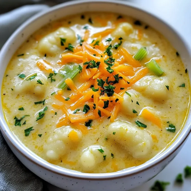 Here’s what you need to make Cheddar Gnocchi Soup: - 1 pound potato gnocchi - 4 cups vegetable broth - 1 cup shredded sharp cheddar cheese - 1 cup heavy cream - 1 medium onion, diced - 2 cloves garlic, minced - 2 carrots, peeled and diced - 2 stalks celery, diced - 1 teaspoon dried thyme - 1 teaspoon garlic powder - Salt and freshly cracked pepper to taste - Fresh parsley, finely chopped (for garnish) These simple ingredients come together to create a rich and creamy soup. I love using sharp cheddar cheese because it adds a great flavor. The gnocchi soak up the broth and make each bite comforting. The fresh parsley gives a pop of color and taste. Grab your pot and let's get cooking! {{ingredient_image_2}} - Start by heating a drizzle of olive oil in a large pot over medium heat. - Add the diced onion, carrots, and celery. Stir often for about 5 to 7 minutes. - You want the veggies to be tender and the onion to turn translucent. - Next, add the minced garlic to the pot. Sauté for one more minute. - Make sure the garlic is fragrant but not brown. - Carefully pour the vegetable broth into the pot. Stir well to mix everything. - Increase the heat until the mixture comes to a boil. - Gently add the potato gnocchi to the boiling broth. - Cook the gnocchi according to the package instructions, about 2 to 3 minutes. - You know they’re done when they start to float. - Now, reduce the heat to low. - Stir in the heavy cream and shredded cheddar cheese. - Add dried thyme, garlic powder, salt, and freshly cracked pepper. - Keep stirring until the cheese is fully melted. - Taste the soup and adjust the seasoning if needed. - Ladle the hot soup into bowls. Garnish each serving with freshly chopped parsley. To make your Cheddar Gnocchi Soup shine, adjust the seasoning as needed. Start with salt and pepper. Taste it before adding more. If you want a savory kick, consider adding a pinch of cayenne pepper or smoked paprika. These spices add depth and warmth. When melting cheese, do it slowly. High heat can cause the cheese to clump. Stir in the cheese after lowering the heat. This helps it melt evenly. A mix of sharp and mild cheddar can add layers of flavor. Feel free to experiment with cheeses like Gruyère or Monterey Jack. Cook the gnocchi according to the package's instructions. They usually take about 2-3 minutes. Gnocchi are done when they float. If they sink, they need more time. Overcooking can make them mushy. Keep an eye on them as they cook. To achieve that creamy texture, stir the heavy cream in gently. Combine it with the cheese off the heat. This keeps the soup smooth and luscious. If it seems too thick, add a splash of broth to loosen it up. Enjoy the silky finish! Pro Tips Use Fresh Ingredients: Fresh vegetables enhance the flavor and texture of your soup, making each spoonful more delightful. Don't Overcook the Gnocchi: Gnocchi cooks quickly, so keep an eye on them. They should float to the top when done, usually in 2-3 minutes. Experiment with Cheese: While sharp cheddar adds a great flavor, try mixing in other cheeses like Gruyère or Monterey Jack for a unique twist. Adjust Consistency: For a thicker soup, let it simmer a bit longer after adding the cream and cheese, or blend a portion for a creamier texture. {{image_4}} You can make this soup heartier by adding protein. Chicken or sausage works well. Simply cook the meat in the pot before adding the veggies. For a vegetarian option, try adding cooked lentils or chickpeas. They add texture and boost the protein without meat. To spice things up, think about adding herbs or spices. Fresh thyme, rosemary, or a pinch of nutmeg can deepen the flavor. You can also add seasonal veggies. Consider spinach, zucchini, or peas for vibrant color and nutrition. These additions will make your Cheddar Gnocchi Soup even more tasty! Store leftover cheddar gnocchi soup in an airtight container. Make sure to cool the soup before sealing. The soup stays fresh in the fridge for up to three days. After this, the flavor and texture may decline. To reheat, warm it gently on the stove over low heat. Stir often to prevent sticking. You can freeze the prepared soup for later enjoyment. Let the soup cool completely before transferring it to freezer-safe containers. It will keep well for up to three months. When you are ready to eat, thaw it overnight in the fridge. To reheat, warm it slowly on the stove. You may need to add a splash of broth or cream. This helps restore the creamy texture. Stir frequently to avoid lumps and ensure even heating. Yes, you can try different cheeses. For a milder flavor, use mozzarella or Monterey Jack. For a stronger taste, try gouda or pepper jack. Each cheese brings its own twist to the soup. Mixing cheeses can also add depth. Just ensure they melt well for a creamy texture. This soup can freeze well. To freeze, let it cool completely first. Pour it into an airtight container. It stays good for up to three months. When ready to eat, thaw it in the fridge overnight. Then, reheat it gently on the stove. Add a splash of cream to help restore its creaminess. This soup pairs well with many sides. A simple green salad adds freshness. Crusty bread is perfect for dipping. You could also serve it with garlic bread for extra flavor. For something lighter, try roasted veggies. Each option complements the rich soup nicely. This blog covered a tasty Cheddar Gnocchi Soup. We looked at the key ingredients, easy steps, and tips for perfect flavor. You can add protein or different spices for fun variations. Don’t forget to store it right! Enjoy your creamy soup now or later. With these tips, you will make a warm, comforting dish your whole family will love. Remember, cooking is a way to share joy and warmth. Happy cooking!