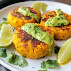 - 1 medium sweet potato, peeled and cut into 1-inch cubes - 1 cup cooked red lentils (approximately 1/2 cup dry) - 1/2 cup breadcrumbs (use gluten-free if necessary) - 1/4 cup finely chopped green onions - 2 cloves garlic, minced - 1 teaspoon ground cumin - 1/2 teaspoon smoked paprika - 1/2 teaspoon salt - 1/4 teaspoon freshly ground black pepper - 2 tablespoons olive oil (for frying) Sweet potatoes bring a sweet and earthy flavor. Red lentils add protein and texture. Breadcrumbs help bind the mixture and give a nice crust. The green onions and garlic add a kick to the flavor. Cumin and smoked paprika deepen the taste. - 1 ripe avocado, peeled and pitted - 1/4 cup fresh cilantro leaves, tightly packed - 1 tablespoon fresh lime juice - 1/2 cup Greek yogurt (or substitute with vegan yogurt) - Salt to taste The avocado makes the sauce creamy. Cilantro gives a fresh taste, while lime juice adds zing. Greek yogurt adds tang and creaminess. This sauce pairs perfectly with the patties. - Variations for gluten-free breadcrumbs: Use ground oats or crushed nuts. - Possible spices or herbs to enhance flavor: Try chili powder, coriander, or fresh parsley. These options let you customize your patties. You can make them your own with different spices or herbs. {{ingredient_image_2}} To start, I take one medium sweet potato, peel it, and cut it into 1-inch cubes. I place these cubes in a medium pot and cover them with water. I bring the water to a boil and let the sweet potatoes simmer for about 15 minutes. They should be soft enough to pierce with a fork. After cooking, I drain the sweet potatoes and set them aside to cool briefly. Next, I mash the cubes in a large mixing bowl. I use a fork or a potato masher for this. I aim for a smooth and creamy texture. It is important to let the mashed sweet potatoes cool completely before moving on to the next step. This helps the mixture blend well with the other ingredients. Now, it’s time to mix the pattie ingredients. In the bowl with the cooled mashed sweet potatoes, I add 1 cup of cooked red lentils, 1/2 cup of breadcrumbs, and 1/4 cup of finely chopped green onions. Then, I add 2 cloves of minced garlic, 1 teaspoon of ground cumin, 1/2 teaspoon of smoked paprika, 1/2 teaspoon of salt, and 1/4 teaspoon of black pepper. I mix everything well, using a spatula or my hands. It is key to ensure that all ingredients are evenly distributed. This way, every bite will have a burst of flavor. For cooking, I heat 2 tablespoons of olive oil in a non-stick skillet over medium heat. I wait until the oil is shimmering, then carefully place the patties in the skillet. I cook each patty for about 4-5 minutes on one side until they are golden brown. Next, I flip the patties and cook for another 4-5 minutes on the other side. This timing helps achieve that perfect golden-brown crust. The crispy outer layer really enhances the flavor and texture of the patties. To make sure your patties stay firm, you need good binding agents. Here are some options: - Breadcrumbs: They help hold everything together. - Mashed Sweet Potatoes: They create a smooth base that binds well. When shaping your patties, keep these tips in mind: - Wet Your Hands: This helps prevent sticking. - Compact the Mixture: Press firmly to shape each patty. You can choose different cooking methods for the patties. Here’s how they stack up: - Baking: Preheat your oven to 400°F (200°C). Place the patties on a lined baking sheet. Bake for 20-25 minutes, flipping halfway for an even cook. - Frying: This method gives you a crispy texture. Heat olive oil in a skillet over medium heat. Cook each side for 4-5 minutes until golden brown. - Air Fryer: For a healthier option, preheat your air fryer to 375°F (190°C). Arrange patties in a single layer and cook for 12-15 minutes. No extra oil needed! Enhance the flavor of your patties with these spices: - Curry Powder: Adds warmth and depth. - Chili Powder: For a kick of heat. - Fresh Herbs: Like parsley or dill can brighten the taste. For serving options, consider these sauces or dips: - Avocado Cilantro Sauce: This is refreshing and creamy. - Tahini Sauce: Adds a nutty flavor. - Sriracha or Hot Sauce: For those who love spice! Pro Tips Use Fresh Ingredients: Fresh cilantro and ripe avocados make a significant difference in flavor. Always opt for the freshest produce you can find to elevate your dish. Adjust Seasoning: After blending the avocado cilantro sauce, taste and adjust the salt and lime juice according to your preference. A little extra acidity can really brighten the flavors. Chill the Sauce: For a refreshing twist, refrigerate the avocado cilantro sauce for at least 30 minutes before serving. This allows the flavors to meld beautifully. Make Ahead: The sweet potato and lentil mixture can be prepared in advance and stored in the refrigerator. Form and cook the patties just before serving for optimal crispiness. {{image_4}} For a vegan option, you can easily swap out the Greek yogurt. Use a dairy-free yogurt like coconut or almond. They add creaminess without dairy. If you want to replace eggs, try ground flaxseed or chia seeds mixed with water. This mix helps bind the patties well. Feel free to mix things up with different veggies. Zucchini, carrots, or bell peppers work great. Adding these can change the flavor and texture of your patties. You can also swap the red lentils for other legumes. Chickpeas or black beans can give a nice twist. They offer a different taste while keeping the patties hearty. These patties shine when paired with a salad. A light cucumber and tomato salad adds crunch and freshness. You can also serve them with rice or quinoa for a filling meal. If you have leftovers, try them in a sandwich or wrap with fresh greens. They also make a great snack when reheated. To keep your leftover patties fresh, use airtight containers. Glass or plastic containers work well. Store them in the fridge for up to three days. Make sure they cool down before sealing to avoid moisture buildup. You can freeze both uncooked and cooked patties. For uncooked patties, place them on a baking sheet lined with parchment paper. Freeze them until firm, then transfer to a freezer bag. For cooked patties, let them cool and store in airtight containers. They will last up to three months. To reheat from frozen, bake at 375°F for about 20 minutes or until heated through. Batch cooking is a great way to enjoy these patties all week. Make a double batch and freeze half. Store sauces separately in small containers in the fridge. They stay fresh for about a week. This way, you can enjoy quick meals without extra prep. To add heat, mix in diced jalapeños or cayenne pepper. Start with just a pinch. You can also use hot sauce in the avocado cilantro sauce. Try a teaspoon for a mild kick or more for extra heat. Remember, balance is key! Yes, you can prepare them ahead. Form the patties and place them on a tray. Cover them and refrigerate for up to two days. You can also freeze them for longer storage. Just make sure to separate them with parchment paper to avoid sticking. These patties pair well with a fresh salad or roasted veggies. Consider a side of quinoa or brown rice for a complete meal. You can also serve them with a yogurt dip or a spicy salsa for added flavor. Yes, they can be gluten-free! Just use gluten-free breadcrumbs. Check the label on your breadcrumbs, as some may contain gluten. This makes them a great option for those with gluten sensitivities. In this post, we explored making tasty sweet potato red lentil patties. We covered ingredients, from sweet potatoes to sauces. I shared step-by-step instructions for preparing and cooking. You learned tips to keep patties from falling apart and cooking methods for health. Remember, these patties are versatile and pack flavor. Feel free to swap ingredients, try new spices, and serve them with fun sides. With these ideas, you can create delicious meals that everyone will enjoy.