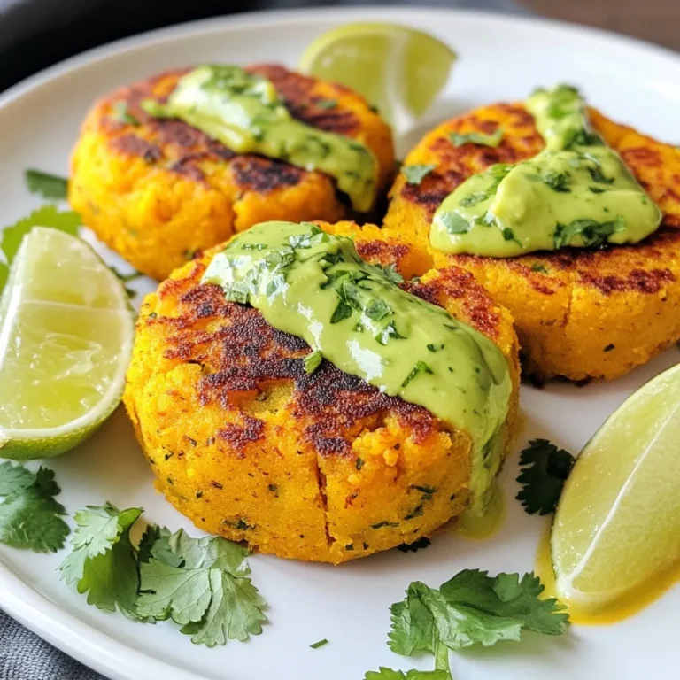 - 1 medium sweet potato, peeled and cut into 1-inch cubes - 1 cup cooked red lentils (approximately 1/2 cup dry) - 1/2 cup breadcrumbs (use gluten-free if necessary) - 1/4 cup finely chopped green onions - 2 cloves garlic, minced - 1 teaspoon ground cumin - 1/2 teaspoon smoked paprika - 1/2 teaspoon salt - 1/4 teaspoon freshly ground black pepper - 2 tablespoons olive oil (for frying) Sweet potatoes bring a sweet and earthy flavor. Red lentils add protein and texture. Breadcrumbs help bind the mixture and give a nice crust. The green onions and garlic add a kick to the flavor. Cumin and smoked paprika deepen the taste. - 1 ripe avocado, peeled and pitted - 1/4 cup fresh cilantro leaves, tightly packed - 1 tablespoon fresh lime juice - 1/2 cup Greek yogurt (or substitute with vegan yogurt) - Salt to taste The avocado makes the sauce creamy. Cilantro gives a fresh taste, while lime juice adds zing. Greek yogurt adds tang and creaminess. This sauce pairs perfectly with the patties. - Variations for gluten-free breadcrumbs: Use ground oats or crushed nuts. - Possible spices or herbs to enhance flavor: Try chili powder, coriander, or fresh parsley. These options let you customize your patties. You can make them your own with different spices or herbs. {{ingredient_image_2}} To start, I take one medium sweet potato, peel it, and cut it into 1-inch cubes. I place these cubes in a medium pot and cover them with water. I bring the water to a boil and let the sweet potatoes simmer for about 15 minutes. They should be soft enough to pierce with a fork. After cooking, I drain the sweet potatoes and set them aside to cool briefly. Next, I mash the cubes in a large mixing bowl. I use a fork or a potato masher for this. I aim for a smooth and creamy texture. It is important to let the mashed sweet potatoes cool completely before moving on to the next step. This helps the mixture blend well with the other ingredients. Now, it’s time to mix the pattie ingredients. In the bowl with the cooled mashed sweet potatoes, I add 1 cup of cooked red lentils, 1/2 cup of breadcrumbs, and 1/4 cup of finely chopped green onions. Then, I add 2 cloves of minced garlic, 1 teaspoon of ground cumin, 1/2 teaspoon of smoked paprika, 1/2 teaspoon of salt, and 1/4 teaspoon of black pepper. I mix everything well, using a spatula or my hands. It is key to ensure that all ingredients are evenly distributed. This way, every bite will have a burst of flavor. For cooking, I heat 2 tablespoons of olive oil in a non-stick skillet over medium heat. I wait until the oil is shimmering, then carefully place the patties in the skillet. I cook each patty for about 4-5 minutes on one side until they are golden brown. Next, I flip the patties and cook for another 4-5 minutes on the other side. This timing helps achieve that perfect golden-brown crust. The crispy outer layer really enhances the flavor and texture of the patties. To make sure your patties stay firm, you need good binding agents. Here are some options: - Breadcrumbs: They help hold everything together. - Mashed Sweet Potatoes: They create a smooth base that binds well. When shaping your patties, keep these tips in mind: - Wet Your Hands: This helps prevent sticking. - Compact the Mixture: Press firmly to shape each patty. You can choose different cooking methods for the patties. Here’s how they stack up: - Baking: Preheat your oven to 400°F (200°C). Place the patties on a lined baking sheet. Bake for 20-25 minutes, flipping halfway for an even cook. - Frying: This method gives you a crispy texture. Heat olive oil in a skillet over medium heat. Cook each side for 4-5 minutes until golden brown. - Air Fryer: For a healthier option, preheat your air fryer to 375°F (190°C). Arrange patties in a single layer and cook for 12-15 minutes. No extra oil needed! Enhance the flavor of your patties with these spices: - Curry Powder: Adds warmth and depth. - Chili Powder: For a kick of heat. - Fresh Herbs: Like parsley or dill can brighten the taste. For serving options, consider these sauces or dips: - Avocado Cilantro Sauce: This is refreshing and creamy. - Tahini Sauce: Adds a nutty flavor. - Sriracha or Hot Sauce: For those who love spice! Pro Tips Use Fresh Ingredients: Fresh cilantro and ripe avocados make a significant difference in flavor. Always opt for the freshest produce you can find to elevate your dish. Adjust Seasoning: After blending the avocado cilantro sauce, taste and adjust the salt and lime juice according to your preference. A little extra acidity can really brighten the flavors. Chill the Sauce: For a refreshing twist, refrigerate the avocado cilantro sauce for at least 30 minutes before serving. This allows the flavors to meld beautifully. Make Ahead: The sweet potato and lentil mixture can be prepared in advance and stored in the refrigerator. Form and cook the patties just before serving for optimal crispiness. {{image_4}} For a vegan option, you can easily swap out the Greek yogurt. Use a dairy-free yogurt like coconut or almond. They add creaminess without dairy. If you want to replace eggs, try ground flaxseed or chia seeds mixed with water. This mix helps bind the patties well. Feel free to mix things up with different veggies. Zucchini, carrots, or bell peppers work great. Adding these can change the flavor and texture of your patties. You can also swap the red lentils for other legumes. Chickpeas or black beans can give a nice twist. They offer a different taste while keeping the patties hearty. These patties shine when paired with a salad. A light cucumber and tomato salad adds crunch and freshness. You can also serve them with rice or quinoa for a filling meal. If you have leftovers, try them in a sandwich or wrap with fresh greens. They also make a great snack when reheated. To keep your leftover patties fresh, use airtight containers. Glass or plastic containers work well. Store them in the fridge for up to three days. Make sure they cool down before sealing to avoid moisture buildup. You can freeze both uncooked and cooked patties. For uncooked patties, place them on a baking sheet lined with parchment paper. Freeze them until firm, then transfer to a freezer bag. For cooked patties, let them cool and store in airtight containers. They will last up to three months. To reheat from frozen, bake at 375°F for about 20 minutes or until heated through. Batch cooking is a great way to enjoy these patties all week. Make a double batch and freeze half. Store sauces separately in small containers in the fridge. They stay fresh for about a week. This way, you can enjoy quick meals without extra prep. To add heat, mix in diced jalapeños or cayenne pepper. Start with just a pinch. You can also use hot sauce in the avocado cilantro sauce. Try a teaspoon for a mild kick or more for extra heat. Remember, balance is key! Yes, you can prepare them ahead. Form the patties and place them on a tray. Cover them and refrigerate for up to two days. You can also freeze them for longer storage. Just make sure to separate them with parchment paper to avoid sticking. These patties pair well with a fresh salad or roasted veggies. Consider a side of quinoa or brown rice for a complete meal. You can also serve them with a yogurt dip or a spicy salsa for added flavor. Yes, they can be gluten-free! Just use gluten-free breadcrumbs. Check the label on your breadcrumbs, as some may contain gluten. This makes them a great option for those with gluten sensitivities. In this post, we explored making tasty sweet potato red lentil patties. We covered ingredients, from sweet potatoes to sauces. I shared step-by-step instructions for preparing and cooking. You learned tips to keep patties from falling apart and cooking methods for health. Remember, these patties are versatile and pack flavor. Feel free to swap ingredients, try new spices, and serve them with fun sides. With these ideas, you can create delicious meals that everyone will enjoy.