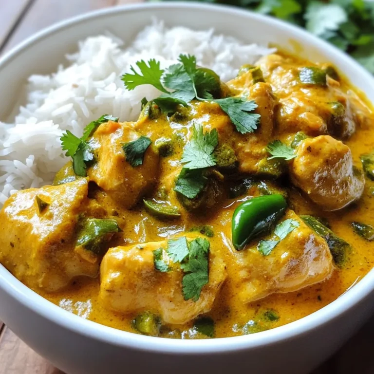 - 500g chicken thighs, boneless and skinless, cut into bite-sized chunks - 1 can (400ml) creamy coconut milk - 1 large onion, finely diced - 4 cloves garlic, minced - 1-inch piece of fresh ginger, grated - 2 ripe tomatoes, blended into a smooth puree - 2 tablespoons robust curry powder - 1 teaspoon ground cumin - 1 teaspoon ground coriander - ½ teaspoon turmeric powder - Sea salt, to taste These ingredients form the heart of your Easy Indian Chicken Curry. The chicken thighs provide a tender and juicy base. Coconut milk adds creaminess and a subtle sweetness. The onion, garlic, and ginger bring deep flavors with each bite. The spices create a warm and aromatic profile that makes this dish so inviting. - 1-2 green chilies, slit lengthwise (adjust based on desired heat) - Fresh cilantro leaves, for garnish - Cooked basmati rice or warm naan, for serving Green chilies can add heat. If you enjoy spice, add one or two. Fresh cilantro gives a fresh touch and brightens the dish. Serving the curry with fluffy basmati rice or warm naan makes it a complete meal. You can tailor these optional ingredients to fit your taste and mood. {{ingredient_image_2}} 1. Start with a large pot. Heat 2 tablespoons of vegetable oil over medium heat. 2. Add 1 large onion, finely diced. Sauté this for 5-7 minutes until it turns golden brown. 3. Add 4 cloves of minced garlic and 1-inch grated ginger. Stir for 1-2 minutes until it smells great. 4. Next, pour in 2 ripe tomatoes, blended into a smooth puree. Add 2 tablespoons of curry powder, 1 teaspoon of ground cumin, 1 teaspoon of ground coriander, and ½ teaspoon of turmeric powder. Cook this mix for 5 minutes. Stir often until it thickens. 1. Now, toss in 500g of chicken thighs, cut into bite-sized pieces. Mix well to coat the chicken with spices. 2. Cook the chicken for 5-7 minutes. Make sure it browns on all sides. 3. Pour in 1 can of creamy coconut milk. Add 1-2 slit green chilies, based on how spicy you want it. Sprinkle in some sea salt to taste. Stir everything together. 4. Bring the pot to a gentle simmer. Cover it and let it cook for 20-25 minutes. Stir every so often to stop it from sticking. 1. After 20-25 minutes, taste your curry. Adjust the seasoning with more salt if needed. 2. If you want a thicker curry, remove the lid. Let it simmer uncovered for 5-10 minutes more. 3. Once done, take the pot off the heat. Garnish with fresh cilantro leaves for a bright touch. 4. Serve the curry in deep bowls with fluffy basmati rice or warm naan for a complete meal. How can you modify heat? Start by using fewer green chilies. You can also use mild chili powder. Mix in some yogurt to cool it down. What are suggested spice blends? Try garam masala for warmth. You can also use curry powder with lower heat. Experiment with paprika for a smoky touch. How do you make a thicker curry? Cook it longer without the lid. This allows excess liquid to evaporate. Adding a pinch of cornstarch can also help. What cooking times should you consider? Simmering for 20-25 minutes ensures tender chicken. If you want a thicker sauce, let it simmer for 5-10 minutes more. Always stir to prevent sticking. Pro Tips Marinate the Chicken: For even more flavor, marinate the chicken chunks in yogurt and spices for a few hours or overnight before cooking. Customize the Heat: Adjust the number of green chilies according to your heat preference. For a milder curry, remove the seeds from the chilies. Fresh Herbs Matter: Using fresh cilantro not only enhances the flavor but also adds a beautiful pop of color to the dish when garnishing. Perfect Coconut Milk: Shake the can of coconut milk before opening to ensure it mixes well. This will create a creamier consistency in your curry. {{image_4}} You can swap chicken with other meats. Try lamb, beef, or shrimp for new tastes. Each meat brings its own flavor. Adjust cooking times based on the meat type you choose. For a vegetarian option, use chickpeas or paneer. These ingredients soak up the spices well. You can also use tofu for a vegan dish. It adds protein and texture. Don’t forget to cook it until it’s golden brown for the best flavor. Adding veggies boosts nutrition and taste. Spinach is a great choice. It wilts nicely into the curry. Bell peppers also add color and crunch. Just chop them up and toss them in during cooking. You can use different curry powders for unique flavors. Garam masala brings warm notes. Madras curry powder adds heat and depth. Feel free to mix and match spices to find your favorite blend. Experimenting is part of the fun! How do you store leftover curry? Place any leftover curry in a sealed container. Make sure it cools down to room temperature first. This helps keep it fresh. Store it in the fridge for up to three days. How long can you keep it? For the best taste, eat it within two days. After three days, the flavor may change. What are the best methods to reheat? The microwave is quick and easy. Pour the curry into a bowl, cover it, and heat it for one to two minutes. Stir halfway through to ensure even heating. You can also reheat it on the stovetop. Pour the curry into a pot over low heat. Stir it frequently until it warms up. Can you freeze it for later use? Yes, you can! Place the cooled curry in a freezer-safe container. It will stay good for three months. When ready to eat, thaw it in the fridge overnight before reheating. You can pair this curry with several tasty side dishes: - Cooked basmati rice - Warm naan bread - Quinoa for a healthier option - Steamed vegetables like broccoli or green beans - A fresh salad with cucumber and tomatoes These sides balance the rich flavors of the curry. Rice soaks up the sauce well, while naan is perfect for scooping. Yes, you can make Easy Indian Chicken Curry ahead of time. It tastes even better the next day! - Cook the curry and let it cool. - Store it in an airtight container in the fridge. - It stays fresh for up to three days. Reheat it on the stove or in the microwave. Just stir well and heat until warm. This recipe is great for freezing. It holds its flavor and texture well. - Let the curry cool completely. - Pour it into freezer-safe bags or containers. - Label them with the date and freeze. It can last up to three months in the freezer. To enjoy, thaw it overnight in the fridge and reheat. This blog post explored making Easy Indian Chicken Curry. We discussed the main and optional ingredients, step-by-step instructions, tips for spice levels, and variations. You learned how to store leftovers properly and answered common questions about the dish. In conclusion, this recipe is simple and adaptable. You can enjoy it at any time. Experiment with flavors and spices to make it your own. Happy cooking!