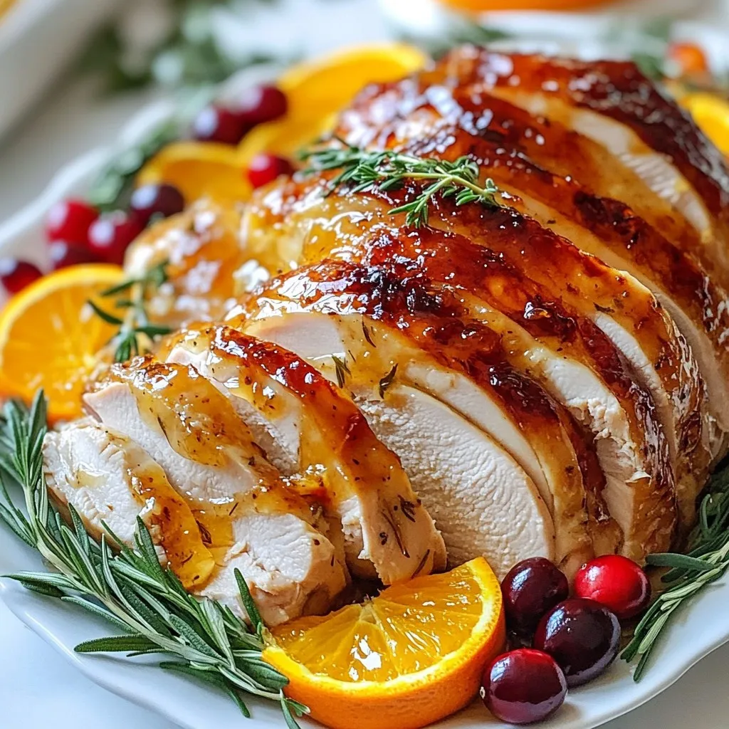 To make a delicious honey baked turkey, gather these ingredients: - 1 whole turkey (10-12 lbs), thoroughly thawed - ½ cup honey - ¼ cup extra virgin olive oil - 4 tablespoons Dijon mustard - 2 tablespoons apple cider vinegar - 1 tablespoon garlic powder - 1 tablespoon onion powder - 2 teaspoons smoked paprika - Salt and black pepper, to taste - A handful of fresh herbs (like thyme and rosemary) for both stuffing and garnish - 2 cups low-sodium chicken broth You can swap out some of the ingredients if needed. Here are some easy replacements: - Honey: Use maple syrup for a different sweet flavor. - Olive oil: Can be replaced with melted butter for richness. - Dijon mustard: Yellow mustard works if you want a milder taste. - Chicken broth: Vegetable broth is a great alternative for a lighter option. - Fresh herbs: Dried herbs can work too; just use less. Choosing the right turkey size is key for a great meal. Here’s how to decide: - Weight per Person: Plan for about 1 pound of turkey per person. This ensures everyone has enough to enjoy. - Leftovers: If you love leftovers, go for 1.5 pounds per person. - Cooking Space: Make sure your oven and roasting pan can fit the turkey. Measure before you buy! These tips help you pick the perfect turkey for your gathering. Enjoy the process and the delicious results! {{ingredient_image_2}} First, set your oven to 325°F (165°C). This helps the turkey cook evenly. While the oven warms up, mix the honey, olive oil, Dijon mustard, apple cider vinegar, garlic powder, onion powder, smoked paprika, salt, and pepper in a bowl. Whisk it until smooth. This glaze adds flavor and shine to your turkey. Before you start, rinse the turkey well under cold water. Pat it dry with paper towels. Dry skin helps it get crispy. Next, season the inside of the turkey with salt and pepper. Stuff it with fresh herbs like thyme and rosemary. This will make your turkey taste amazing from the inside out. Now, take your glaze and brush it all over the turkey. Make sure to keep some glaze aside for basting later. This keeps the flavor strong and the skin shiny. Place the turkey in a roasting pan, breast-side up. Put a rack in the pan to keep it elevated. Pour low-sodium chicken broth into the bottom of the pan. This adds moisture while it cooks. Roast the turkey in the oven for about 13 to 15 minutes per pound. Remember to baste it with the reserved glaze every 30 minutes. When you check the turkey, it should reach 165°F (75°C) in the thickest part of the breast and thigh. After it's done, let it rest for at least 20 minutes. This helps the juices spread evenly, making your turkey juicy and tender. To get that perfect crisp skin, start with a dry turkey. Rinse it well, then pat it dry with paper towels. Dry skin helps to crisp up in the oven. Next, apply the honey glaze. Use a brush for even coverage. Do not skip the olive oil; it adds great flavor and helps with browning. Lastly, roast your turkey at 325°F. This low heat allows the skin to crisp without burning. Basting is key to a flavorful turkey. Baste your turkey every 30 minutes using the glaze you set aside. This keeps the turkey moist and adds flavor. You can also use the chicken broth in the pan for basting. This adds moisture and flavor during roasting. Make sure to check the bottom of the pan, too. If it gets too dry, add more broth to prevent burning. To know when your turkey is done, use a meat thermometer. Insert it into the thickest part of the breast and thigh. The turkey is safe to eat at 165°F. Let it rest for at least 20 minutes before carving. This allows juices to flow back into the meat, making it juicy and tender. Always check multiple spots to ensure even cooking. Pro Tips Brining for Flavor: Consider brining the turkey in a saltwater solution for several hours before cooking. This will enhance the flavor and moisture of the meat. Using a Meat Thermometer: For the best results, use a meat thermometer to check the internal temperature of the turkey. This ensures it is perfectly cooked and safe to eat. Letting it Rest: Don't skip the resting step after cooking! Allowing the turkey to rest for at least 20 minutes helps the juices redistribute for a juicier bite. Leftover Ideas: Use leftover turkey meat in soups, sandwiches, or salads. It’s a great way to enjoy your turkey in a new dish! {{image_4}} You can change the flavor of your honey baked turkey by using different glazes. A maple glaze adds a sweet and rich taste. To make it, mix ½ cup of maple syrup with your honey and Dijon mustard. You can also try a spiced glaze. Add ground cinnamon, nutmeg, and a pinch of cayenne for a warm, spicy kick. Just blend those spices into the original honey glaze for a twist. You can cook your turkey in different ways. Roasting is the classic method. It makes the skin crispy and the meat juicy. If you want a smoky flavor, try smoking the turkey. Smoking takes longer but gives a wonderful depth of flavor. Use fruit wood chips like apple or cherry for a sweet aroma. Whichever method you choose, ensure your turkey reaches the safe temperature of 165°F. Honey baked turkey goes well with many side dishes. Classic sides include mashed potatoes and green beans. A fresh salad with cranberries adds a nice touch. Consider sweet potato casserole for a sweet contrast. For a cozy feel, serve stuffing or cornbread. Remember to balance flavors. The sweet turkey pairs well with both savory and tangy sides. Enjoy exploring different combinations! To store leftover honey baked turkey, first let it cool. Once cooled, carve the turkey into slices. Place the slices in an airtight container. Make sure to seal it well to keep moisture in. Store it in the fridge for up to four days. If you want to keep it longer, consider freezing. You can freeze prepared honey baked turkey. Cut it into smaller portions for easy use later. Wrap each portion tightly in plastic wrap or aluminum foil. Then, place the wrapped portions in a freezer-safe bag. Be sure to label the bag with the date. It can stay fresh for up to three months in the freezer. Reheating is key to enjoying your turkey again. Preheat your oven to 325°F (165°C). Place the turkey slices in a baking dish. Pour a little chicken broth over the turkey to keep it moist. Cover the dish with foil to trap steam. Heat for about 20-30 minutes, or until warm. This method helps keep your turkey juicy and flavorful. Honey baked turkey is a juicy, flavorful dish. It features a sweet and tangy glaze made from honey, olive oil, and Dijon mustard. The glaze caramelizes in the oven, giving the turkey a beautiful, golden-brown color. The herbs inside the turkey add depth and aroma. This dish is perfect for festive gatherings or family dinners. You should cook honey baked turkey for about 13 to 15 minutes per pound. For example, a 12-pound turkey needs around 2.5 to 3 hours in the oven. Always check the internal temperature. The thickest part of the breast and thigh should reach 165°F (75°C) to ensure it's safe to eat. Yes, you can make the glaze ahead of time. Just mix the honey, olive oil, Dijon mustard, apple cider vinegar, garlic powder, onion powder, smoked paprika, salt, and pepper in a bowl. Store it in the fridge for up to two days. This saves time on cooking day and enhances the flavors even more. You learned how to prepare a delicious honey-baked turkey, from choosing the right ingredients to cooking techniques. Familiarize yourself with tips for perfect skin and flavor. Explore variations like different glazes and side dishes to enhance your meal. Finally, master storage and reheating to enjoy leftovers. With these steps, you can create a tasty turkey feast that impresses everyone at your table. Enjoy your cooking journey!