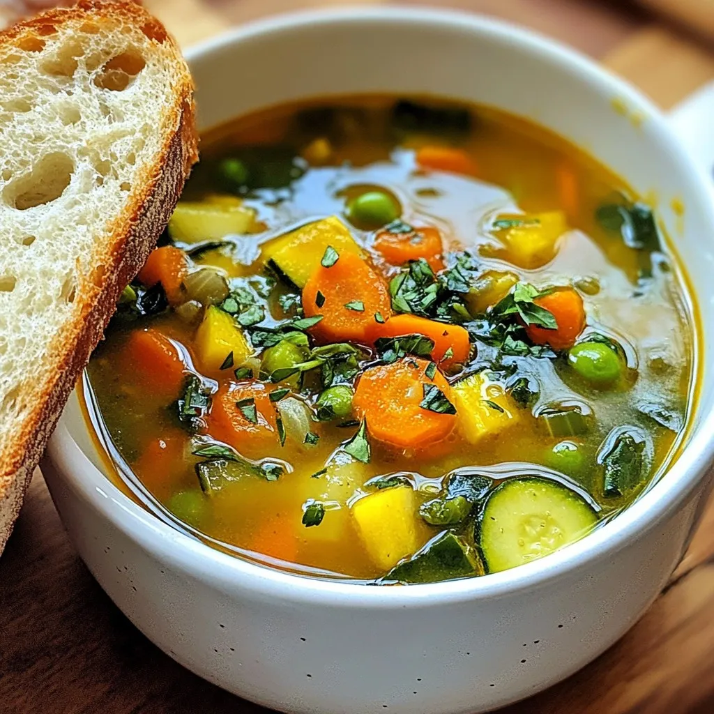 - 2 tablespoons olive oil - 1 medium onion, finely chopped - 2 garlic cloves, minced - 2 medium carrots, peeled and diced - 2 celery stalks, diced - 1 bell pepper, chopped - 1 medium zucchini, diced - 1 cup green beans, trimmed and cut into 1-inch pieces - 1 cup corn kernels - 4 cups vegetable broth - 1 can (14 oz) diced tomatoes, with juices - 1 teaspoon dried thyme - 1 teaspoon dried basil - Salt and pepper to taste - 2 cups fresh spinach or kale, roughly chopped - Juice of 1 lemon You can swap olive oil for coconut oil or butter. Both give a nice flavor. If you don't like onion, try shallots or leeks. Garlic can be replaced with garlic powder if needed. For a sweeter soup, use sweet bell peppers or add a pinch of sugar. You can change the veggies too. Try squash or peas instead of green beans. If you want a meatier soup, add cooked chicken or sausage. Use vegetable broth or chicken broth based on your taste. This soup is packed with nutrients. Each serving has about: - Calories: 150 - Protein: 5g - Carbohydrates: 30g - Dietary Fiber: 7g - Sugars: 5g - Fat: 3g This soup is low in calories but high in vitamins and minerals. The mix of veggies offers fiber, which helps digestion. Plus, the greens add iron and vitamins A and C. Enjoy this soup for a healthy meal that warms you up! {{ingredient_image_2}} Start by heating 2 tablespoons of olive oil in a large pot over medium heat. Once the oil is warm, add 1 medium onion, finely chopped. Sauté the onion for about 3-4 minutes until it turns soft and clear. Next, add 2 minced garlic cloves and cook for 1 more minute, stirring often. This step builds a strong flavor base for your soup. Now, it’s time to add more veggies. Toss in 2 medium carrots, peeled and diced, along with 2 diced celery stalks and 1 chopped bell pepper of your choice. Cook this mix for 5 minutes. You want the veggies to become softer but not mushy. After that, add 1 diced zucchini and 1 cup of green beans cut into 1-inch pieces. Let them cook together for another 3 minutes. Now, pour in 4 cups of vegetable broth and add a 14-ounce can of diced tomatoes, juices included. Stir the pot to combine everything well. Add 1 teaspoon of dried thyme, 1 teaspoon of dried basil, and a pinch of salt and pepper. Bring the soup to a gentle boil. This helps release the rich smells of the herbs. Once the soup boils, lower the heat to let it simmer. Keep it uncovered and let it cook for about 15-20 minutes. This simmering time allows all the vegetables to become tender and mix their flavors. After that, stir in 1 cup of corn kernels and 2 cups of roughly chopped fresh spinach or kale. Cook for another 2-3 minutes until the greens turn bright. Just before serving, add the juice of 1 lemon to brighten the flavor. Taste and adjust the seasoning if needed. To make the flavor pop, start with fresh ingredients. Use ripe tomatoes and firm vegetables. Sauté the onion until soft to develop a sweet base. Add the garlic just before other veggies to keep its bright taste. Don't rush the simmering; let the soup cook slowly to blend the flavors well. A splash of lemon juice at the end brings a bright kick. One common mistake is overcooking the vegetables. This can make them mushy and bland. Cut all veggies to similar sizes for even cooking. Avoid using too much salt at first; taste as you go. Lastly, don’t skip the herbs. They add depth and aroma, making your soup stand out. Gather your tools before starting. You will need: - A large pot or Dutch oven - A sharp knife for chopping - A cutting board - A wooden spoon for stirring - Measuring spoons for accuracy - A can opener for the tomatoes Having these ready will make your cooking process smooth and enjoyable. Pro Tips Fresh Ingredients Matter: Using fresh vegetables will enhance the flavor and nutrition of your soup. Visit your local farmer's market for the best seasonal produce. Customize Your Veggies: Feel free to swap out any vegetables you don't have on hand or prefer. This soup is versatile and can accommodate whatever is in your fridge. Herb Variations: Try adding fresh herbs like parsley or cilantro just before serving for an extra burst of flavor and freshness. Make It Heartier: For a more filling soup, consider adding cooked beans or lentils to the mix, which will also boost the protein content. {{image_4}} You can easily add protein to this soup. Beans, lentils, or chicken work well. For a quick boost, use canned beans like cannellini or chickpeas. If you want meat, shredded chicken or turkey adds heartiness. Cook your protein separately and stir it in at the end. This keeps it tender and juicy. Choose vegetables based on the season. In spring, try peas and asparagus. Summer is great for tomatoes and squash. Fall offers root veggies like butternut squash and parsnips. Winter brings hearty greens like kale and collards. Mixing seasonal veggies makes the soup fresh and vibrant. This soup is naturally vegan if you use vegetable broth. To keep it gluten-free, ensure your broth is gluten-free. Most vegetable broths are safe, but always check the label. You can also add quinoa or rice for a filling option. Adjust the herbs and spices to suit your taste, keeping it healthy and enjoyable. To store leftovers, let the soup cool. Then, pour it into airtight containers. This keeps the soup fresh and tasty. I recommend using glass containers for best results. Label the containers with the date. Store them in the fridge for up to four days. Make sure to check for any changes in smell or color before eating. Freezing is a great way to keep your soup longer. Once cooled, transfer the soup to freezer-safe bags or containers. Leave some space at the top for expansion. Seal tightly to avoid freezer burn. You can freeze the soup for up to three months. For easy use, consider freezing in single servings. This way, you can thaw just what you need. When you're ready to enjoy your soup, remove it from the fridge or freezer. For refrigerated soup, pour it into a pot and heat on medium. Stir often to heat evenly. If frozen, place the soup in the fridge overnight to thaw. Then follow the same steps. You can also use a microwave if you're in a hurry. Heat in short bursts, stirring in between, until hot. Always taste and adjust seasoning after reheating. Enjoy your hearty soup! To enhance the flavor, you can add fresh herbs, like parsley or dill. A splash of vinegar or hot sauce also boosts taste. Lemon juice adds brightness. For deeper flavor, try roasting your veggies first. This adds a nice caramelized taste. You can also add a dash of smoked paprika for a warm, smoky kick. Yes, you can use canned vegetables in your soup. Drain and rinse them to cut down on sodium. Canned veggies save time and add flavor. However, fresh veggies give a better texture. You might miss the crunch of fresh ones. If you use canned, add them near the end of cooking. This keeps them from getting mushy. Many side dishes pair well with vegetable soup. Crusty bread is a great option. A simple green salad adds freshness. You can also serve grilled cheese sandwiches for a classic combo. Crackers or breadsticks are fun additions too. Consider a light fruit salad for a sweet side. Homemade vegetable soup lasts about 3 to 5 days in the fridge. Store it in an airtight container to keep it fresh. If you want it to last longer, consider freezing it. Frozen soup can last up to 3 months. Just thaw it in the fridge before serving. Reheat on the stove or in the microwave. This article gave you clear steps to make a great vegetable soup. We covered ingredients, cooking methods, and tips to get the best flavor. Remember to try out substitutions to fit your tastes. Also, don’t hesitate to explore variations for different diets. Storing leftovers the right way will help you enjoy your soup later. With these tools and info, you can create a tasty meal. So, gather your ingredients and get cooking!