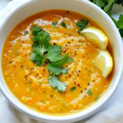 - 1 cup red lentils, thoroughly rinsed under cold water - 3 large carrots, peeled and chopped into bite-sized pieces - 1 medium onion, finely diced - 2 cloves garlic, minced - 1 teaspoon ground cumin - 1 teaspoon turmeric powder - 4 cups vegetable broth (homemade or store-bought) - 1 can (14 oz) coconut milk, preferably full-fat for creaminess - 2 tablespoons extra virgin olive oil - Salt and freshly ground pepper, to taste - Fresh cilantro leaves, roughly chopped, for garnish (optional) - Lemon wedges, for serving When preparing Creamy Carrot Lentil Soup, I focus on fresh, simple ingredients. Red lentils are my go-to for their quick cooking time. They turn soft and creamy, perfect for this soup. I love using vibrant carrots for sweetness and color. Onions and garlic build the base flavor. Their aroma fills the kitchen as they sauté. Cumin and turmeric add warmth and depth. They complement the carrots nicely. Coconut milk brings a rich creaminess. I recommend using full-fat for the best texture. Vegetable broth ties everything together and enhances the taste. Finally, I season with salt and pepper. Optional garnishes of cilantro and lemon wedges brighten each bowl. They add freshness and a touch of zing. {{ingredient_image_2}} 1. Heat 2 tablespoons of olive oil in a large pot over medium heat. 2. Once the oil is hot, add 1 finely diced onion. Sauté until it looks soft and clear, around 5 minutes. 3. Next, add 2 minced cloves of garlic, 1 teaspoon of ground cumin, and 1 teaspoon of turmeric powder. Stir and cook for 1 more minute. 4. Now, add 3 chopped carrots and 1 cup of rinsed red lentils. Mix well, so the spices coat everything. 5. Pour in 4 cups of vegetable broth and bring it to a boil. 6. When boiling, lower the heat and let it simmer uncovered for about 20 minutes. The lentils and carrots should be soft. 1. After cooking, use an immersion blender to puree the soup. Blend until it reaches your desired smoothness. 2. If you don’t have an immersion blender, let the soup cool a bit. Then, blend it in a traditional blender, being careful of steam. 3. Return the blended soup to the pot on low heat. Stir in 1 can of coconut milk until it is creamy and mixed well. 4. Season with salt and freshly ground pepper to taste. Warm it for about 5 more minutes, stirring occasionally. - Serve the soup hot in individual bowls. - For a nice touch, drizzle a bit of extra coconut milk on top. - Add a small sprig of cilantro in the center. - You can also sprinkle a pinch of cumin or paprika for color. - Serve lemon wedges on the side for a bright flavor boost. - Best practices for cooking lentils: Rinse your red lentils well. This removes dirt and helps them cook evenly. Cook them for about 20 minutes. They should be soft but not mushy. - Achieving the desired creaminess: Use full-fat coconut milk for the best texture. Blend the soup until it’s smooth. If you want it creamier, add more coconut milk. - Essential tools: An immersion blender is great for pureeing the soup right in the pot. If you use a traditional blender, let the soup cool first. Be careful of the steam! - Recommended pot types: A heavy-bottomed pot works well for even cooking. It helps avoid burning the soup while stirring. - Additional spices to try: Experiment with a pinch of paprika or cayenne for heat. You can also add fresh ginger for a vibrant kick. - Suggested toppings or alternative garnishes: Top your soup with fresh cilantro or a dollop of yogurt. Lemon wedges add a bright touch when squeezed on top. Pro Tips Use Fresh Spices: For the best flavor, make sure your ground cumin and turmeric are fresh. Stale spices can dull the taste of your soup. Adjust the Creaminess: If you prefer a creamier texture, feel free to add more coconut milk. Just taste as you go to achieve your desired richness. Blend to Your Liking: Depending on your preference, you can blend the soup until completely smooth or leave some chunks for texture. Experiment to find your favorite consistency! Garnish Creatively: Consider adding toasted pumpkin seeds or a drizzle of chili oil on top for additional flavor and visual appeal. {{image_4}} You can switch out red lentils for other types. Green or brown lentils work well, but they take longer to cook. If you need a faster option, try canned lentils. For a creamier soup without dairy, use nut milk. Almond or cashew milk can replace coconut milk. You can also use silken tofu blended with water for creaminess. Adding greens can boost nutrition and flavor. Spinach or kale blend nicely into this soup. Just stir them in during the last few minutes of cooking. You can also experiment with spices. Try adding smoked paprika or coriander for a different taste. A pinch of red pepper flakes adds warmth, too. To give this soup a Mediterranean twist, add olives or feta cheese. These ingredients bring a salty kick that pairs nicely with the sweet carrots. For an Indian-inspired version, add garam masala or curry powder. These spices infuse the soup with warmth and depth. You can also garnish with fresh cilantro or a squeeze of lime for extra flavor. After you enjoy your creamy carrot lentil soup, you may have some left. To keep it fresh, let it cool first. Then, store it in the fridge in airtight containers. Use glass or BPA-free plastic containers for the best results. Make sure to seal them well to prevent any odors from other foods. You can freeze this soup for later! Pour the cooled soup into freezer-safe containers or bags. Leave some space at the top since soup expands when frozen. It’s best to freeze it in single servings so you can thaw just what you need. When you're ready to eat, move the soup to the fridge to thaw overnight. If you're in a hurry, you can thaw it in the microwave. Heat it slowly, stirring often, to avoid hot spots. This soup stays fresh in the fridge for about 3 to 5 days. If you freeze it, it can last for up to 3 months. Always check for signs of spoilage before eating. If the soup has an off smell, color, or texture, it’s best to throw it away. Enjoy your delicious soup safely! Can I make this soup ahead of time? Yes, you can make this soup ahead of time. Prepare it, then cool it down. Store it in an airtight container in the fridge for up to three days. Reheat it gently on the stove before serving. Is the soup gluten-free? Yes, this soup is gluten-free. All the ingredients, like lentils and vegetables, are naturally gluten-free. You can enjoy it without any worries about gluten. How can I make the soup spicier? To add heat, try these options: - Add a pinch of cayenne pepper. - Stir in some red pepper flakes. - Include diced jalapeños when cooking. These will boost the flavor and warmth of your soup. Caloric content per serving Each serving of this creamy carrot lentil soup has about 250 calories. This makes it a filling choice without being heavy. Nutritional benefits of key ingredients - Red lentils: Packed with protein and fiber. - Carrots: High in beta-carotene, great for your eyes. - Coconut milk: Provides healthy fats and adds creaminess. - Spices: Cumin and turmeric have anti-inflammatory properties. How many servings does this recipe yield? This recipe serves four people. It’s perfect for a family meal or as a hearty lunch. Suggestions for scaling the recipe up or down - To make more, double each ingredient. - For fewer servings, halve the amounts. Adjust cooking time as needed, but keep an eye on the soup as it cooks. Creamy Carrot Lentil Soup is easy to make and truly satisfying. You learned about key ingredients and steps for preparation. We covered tips for perfecting the soup's texture and ways to enhance flavor. I also shared variations to suit your taste and how to store leftovers effectively. Experimenting with different spices and garnishes opens up new flavors. This soup can fit anyone's meal plan, providing warmth and comfort. Enjoy this tasty recipe any day, knowing it's both simple and delicious.
