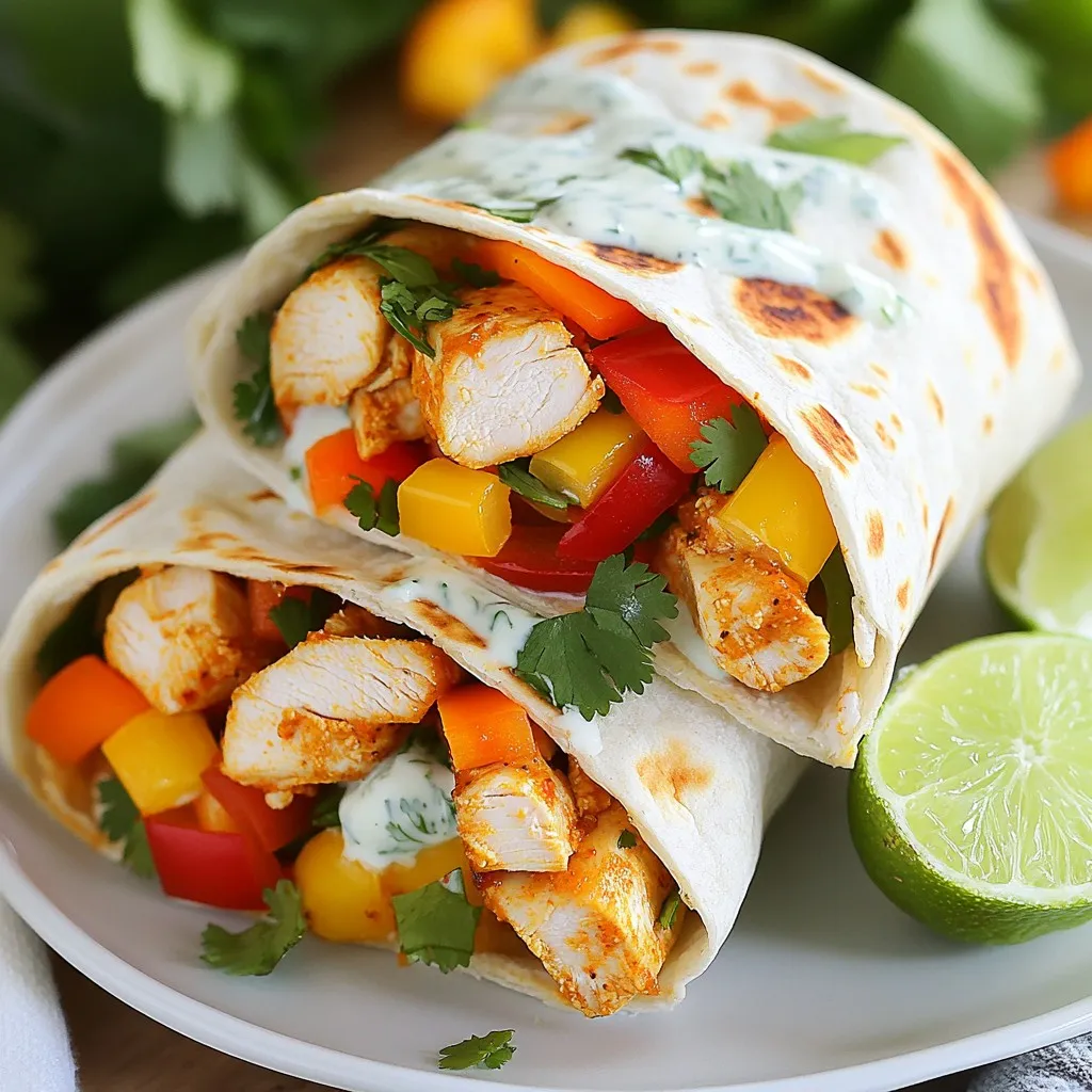 - 2 boneless chicken breasts, thinly sliced - 1/2 cup sweet chili sauce - 4 large flour tortillas - 1 cup mixed bell peppers, sliced (red, yellow, green) - 1/2 cup shredded carrots - 1 cup fresh cilantro leaves, packed - 1/2 cup Greek yogurt - Juice of 1 lime - 1 tablespoon soy sauce - 1 tablespoon sesame oil - Salt and pepper to taste The main ingredients form the heart of the dish. Chicken breast provides protein. Sweet chili sauce adds a sweet, tangy kick. Flour tortillas hold everything together, making it easy to eat. Next, the additional ingredients bring color and crunch. Bell peppers add a fresh taste. Shredded carrots contribute sweetness and texture. Fresh cilantro offers a burst of flavor. For condiments and seasonings, Greek yogurt creates a creamy sauce. Lime juice gives it a bright tang. Soy sauce and sesame oil add depth. Salt and pepper balance the flavors. Gather these ingredients, and you're ready to create a delicious meal. {{ingredient_image_2}} To start, I mix the marinade for the chicken. In a bowl, I add the thinly sliced chicken breasts. Then, I pour in the sweet chili sauce, soy sauce, and sesame oil. I mix it well until the chicken is fully coated. I let it marinate for at least 20 minutes. For deeper flavor, I suggest marinating in the fridge for up to an hour. This helps the chicken soak up all the tasty flavors. Next, I heat a large skillet over medium-high heat. When the skillet is hot, I add the marinated chicken. I cook it for about 6 to 8 minutes. I stir occasionally to make sure it cooks evenly. The chicken is done when it turns golden and caramelized on the edges. Use a meat thermometer if needed; it should reach 165°F (75°C) inside. Now it’s time to stir-fry the vegetables. I add the sliced bell peppers and shredded carrots to the skillet with the chicken. I stir-fry them for about 3 to 4 minutes. I want them to be tender but still crisp. To keep the colors bright, I cook them over high heat and avoid overcooking. A little salt and pepper will enhance their flavor. How long should you marinate chicken for the best flavor? I recommend marinating for at least 20 minutes. This time allows the chicken to soak up the sweet chili sauce and other flavors. For a richer taste, marinate in the fridge for a few hours or overnight. You can also try alternative marinades. A mix of honey and soy sauce works well. Or use teriyaki sauce for a different twist. Should you use a skillet or grill? I prefer a skillet for this recipe. It heats evenly and cooks the chicken well. Achieving a crispy exterior is simple. Make sure the skillet is hot before adding the chicken. Let it brown well on one side before stirring. If you want a grilled taste, you can use your grill instead. Just keep an eye on the chicken to avoid burning. How can you present your wraps? Cut each wrap in half diagonally. Arrange them on a wooden board or a nice platter. Add extra cilantro and lime wedges for a pop of color. For sides, serve with a fresh salad or crunchy vegetable sticks. A small bowl of extra sweet chili sauce makes a great dip too! Pro Tips Marination Matters: Allow the chicken to marinate longer for deeper flavor absorption, ideally in the refrigerator for up to 2 hours. Veggie Crunch: To maintain the crispiness of the vegetables, add them to the skillet just a few minutes before the chicken is fully cooked. Wrap it Right: When rolling the wraps, ensure they're tightly packed to prevent the filling from spilling out during cooking or serving. Garnish with Flair: Enhance presentation by serving with extra lime wedges and a sprinkle of sesame seeds over the wraps for added texture. {{image_4}} You can switch up the protein in your Sweet Chili Chicken Wraps. Shrimp makes a tasty choice. Just cook the shrimp until they turn pink and curl. Tofu is another great option. Use firm tofu, and sauté it until golden. If you want different cuts of chicken, try thighs instead of breasts. Thighs add more flavor and stay juicy. You can also use leftover roasted chicken. Shred it and mix it with the sweet chili sauce. Seasonal vegetables can change your wraps, too. In spring, add asparagus or snap peas. In summer, try zucchini or corn. Fall brings great options like roasted squash or mushrooms. Adding greens boosts nutrition and flavor. Spinach or arugula adds crispness. You can also use shredded cabbage for a nice crunch. Mix and match to keep your wraps exciting and healthy. You can play with sauces for your wraps. Different yogurt blends can change the taste. Try adding garlic or herbs to Greek yogurt for a twist. If you want more heat, look for spicy sauce alternatives. Sriracha or a dash of hot sauce can spice things up. You can even mix sweet chili sauce with lime juice for a zesty kick. To keep your Sweet Chili Chicken Wraps fresh, follow these tips: - Cool the wraps: Let them cool to room temperature first. - Use airtight containers: Store wraps in airtight containers to prevent drying. - Layer with parchment: Place parchment paper between wraps to avoid sticking. These steps help maintain flavor and texture. To reheat your wraps without losing their texture: - Skillet method: Heat on medium for about 3-4 minutes per side. - Microwave: Use a microwave-safe plate, heat for 30 seconds, then check. - Oven: Preheat to 350°F (175°C) and heat for 10-15 minutes. These methods keep your wraps warm and tasty. Freezing your Sweet Chili Chicken Wraps is easy: - Wrap well: Use plastic wrap or foil to cover each wrap tightly. - Use freezer bags: Place wrapped wraps in freezer bags to save space. To thaw and reheat: - Thaw overnight: Move wraps to the fridge a day before. - Reheat: Use the skillet or oven methods mentioned above. These steps ensure your wraps taste great even after freezing. You can easily make a homemade version. Mix equal parts of honey and soy sauce. Add a splash of vinegar for tang. You can also blend chili flakes into this mix for some heat. If you prefer store-bought options, look for sriracha or any Asian dipping sauce. These can give you a similar sweet and spicy flavor. Yes, you can prepare the wraps in advance. Cook the chicken and vegetables, then let them cool. Wrap them in tortillas and store in the fridge. They stay fresh for about one day. For the best storage, use airtight containers. This keeps the wraps from drying out. These wraps have a mild heat level from the sweet chili sauce. The heat is balanced by the sweet taste. If you want less heat, use less sauce or choose a milder brand. For extra spice, add more chili flakes or hot sauce. Adjust the flavors to fit your taste! In this post, I covered the main ingredients for Sweet Chili Chicken Wraps, including chicken, sauce, and tortillas. I provided step-by-step cooking instructions and shared tips to enhance flavor and texture. I also offered variations like protein options and veggie substitutes to suit your taste. Finally, I discussed best practices for storage and reheating. Now, with these insights, you can whip up delicious wraps anytime. Enjoy experimenting and sharing this tasty dish with others!