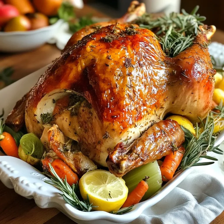 To make a classic roast turkey, you need the following ingredients: - 1 whole turkey (12-14 pounds), fully thawed - 1/2 cup unsalted butter, softened to room temperature - 1 tablespoon extra virgin olive oil - 2 tablespoons fresh sage, finely chopped - 2 tablespoons fresh thyme, finely chopped - 2 tablespoons fresh rosemary, finely chopped - 1 tablespoon garlic powder - 1 tablespoon onion powder - Salt and freshly ground black pepper, to taste - 4 cups low-sodium chicken broth - 1 large onion, quartered - 2 carrots, peeled and chopped - 2 celery stalks, chopped - 1 lemon, halved - 1 apple, cored and quartered If you cannot find an ingredient, here are some options: - Use margarine instead of unsalted butter for the herb mixture. - Try dried herbs if fresh ones are not available. Use one-third of the amount. - For a different flavor, substitute chicken broth with vegetable broth. - Any apple variety works; use your favorite for stuffing. Using the best ingredients makes a big difference. Here are some tips: - Choose a fresh turkey from a local farm if possible. - Use high-quality olive oil for richer taste. - Fresh herbs add more flavor than dried ones. - Ensure your butter is soft for easy mixing with herbs. - Fresh vegetables should be firm and colorful to enhance taste. {{ingredient_image_2}} Start by preheating your oven to 325°F (165°C). This step is key for even cooking. Next, take the turkey out of its packaging. Be sure to remove the giblets from the cavity. Pat the turkey dry with paper towels. Drying the skin helps it crisp up when roasting. To make the herb butter, gather a mixing bowl. Combine 1/2 cup of softened unsalted butter with 1 tablespoon of olive oil. Add 2 tablespoons each of chopped sage, thyme, and rosemary. Then mix in 1 tablespoon of garlic powder and 1 tablespoon of onion powder. Stir until the mixture is creamy and well blended. Now it’s time to season the turkey. Gently loosen the skin over the breast. Create a pocket for the herb butter. Spread half of the butter mixture under the skin. Rub the rest of the butter on the turkey’s outside. Don’t forget to add salt and pepper all over. Next, stuff the cavity with quartered onion, chopped carrots, chopped celery, lemon halves, and apple quarters. Position the turkey breast-side up on a roasting rack in a large pan. Pour 4 cups of chicken broth into the bottom of the pan. This helps keep the turkey moist. Loosely cover the turkey with aluminum foil. Place it in the oven and roast for about 13-15 minutes per pound. Baste the turkey with pan juices every 45 minutes. After 2 to 2.5 hours, remove the foil. Keep roasting until the turkey's internal temperature reaches 165°F (75°C). This may take an extra 30 to 60 minutes. Once done, let the turkey rest for at least 30 minutes before carving. This helps the juices stay in the meat, making it tender and juicy. To get that crispy skin, start with a dry turkey. Pat it down well with paper towels. Next, make an herb butter and rub it under the skin. Use a mix of butter and olive oil for extra crispiness. When roasting, keep the turkey uncovered for the last hour. This helps the skin turn golden brown. Basting your turkey is key to keeping it moist. I suggest using the pan juices every 45 minutes. Start basting 1 hour after the turkey goes in the oven. Use a baster or a ladle to pour the juices over the turkey. This adds flavor and helps the skin stay crisp. To check if your turkey is done, use a meat thermometer. Insert it into the thickest part of the breast. The turkey is safe to eat when it reaches 165°F (75°C). Let it rest for at least 30 minutes after roasting. This allows the juices to settle and keeps the meat juicy. Pro Tips Resting is Key: Allow the turkey to rest for at least 30 minutes after roasting. This helps the juices redistribute throughout the meat, resulting in a more succulent and flavorful turkey. Flavor Under the Skin: For maximum flavor, spread the herb butter mixture under the skin of the turkey breast. This infuses the meat with delicious herbal notes as it cooks. Basting Matters: Baste the turkey every 45 minutes with the pan juices. This not only enhances the flavor but also helps keep the meat moist during roasting. Check the Temperature: Use a meat thermometer to ensure the turkey is cooked to perfection. Check the thickest part of the breast; it should reach an internal temperature of 165°F (75°C). {{image_4}} Brining is soaking the turkey in a saltwater solution. This method adds moisture and flavor. It helps keep the meat juicy. Non-brined turkey is drier but can still be tasty. If you want a simple roast, skip the brine. For a flavorful twist, try brining the turkey overnight. Use about 1 cup of salt for every gallon of water. Let the turkey soak for at least 12 hours. Rinse and dry it before seasoning and roasting. The right herbs and spices make the turkey shine. I like to use fresh sage, thyme, and rosemary. These herbs add depth and aroma. Garlic powder and onion powder give warmth and richness. You can also try other herbs like parsley or tarragon. For a spicy kick, add chili flakes or paprika. Mix and match to find your favorite flavor combo. Don't be afraid to experiment with different spices! Stuffing adds flavor and moisture to your turkey. You can use traditional bread stuffing or go for something unique. Try a wild rice mix for a nutty flavor. You can also use quinoa for a gluten-free option. Add chopped fruits like apples or cranberries for sweetness. For savory notes, include sausage or nuts. Always pack stuffing loosely inside the turkey. This helps it cook evenly and keeps it moist. Remember, stuffing should reach 165°F (75°C) to be safe to eat. After your feast, store any turkey leftovers right away. Keep them fresh and tasty. Use airtight containers or wrap them tightly in foil. Place them in the fridge. They will stay good for about 3 to 4 days. Make sure to cool down the turkey before storing. This helps keep it safe to eat. When you're ready to enjoy leftovers, reheating is key. I suggest the oven for the best results. Preheat it to 325°F (165°C). Slice the turkey and place it in a baking dish. Add a splash of chicken broth to keep it moist. Cover the dish with foil to prevent drying out. Heat for about 20-30 minutes or until warm. You can also use the microwave for quick meals. Just heat in short bursts, stirring often. If you want to save turkey for later, freezing works well. Cut the turkey into smaller pieces. This helps it freeze faster and thaw easier. Wrap each piece tightly in plastic wrap and then foil. Label the bags with the date. Frozen turkey can last up to 4 months. To thaw, move it to the fridge a day before you plan to eat. It takes about 13 to 15 minutes per pound to roast a turkey. For a 12-14 pound turkey, plan for around 2.5 to 4 hours. This time varies based on your oven and turkey size. Always check the internal temperature to be sure. Set your oven to 325°F (165°C) for roasting. This temperature cooks the turkey evenly and keeps it juicy. Lower temps can dry it out, while higher temps may burn the skin. Yes, you can prep the turkey the night before. Season it and make the herb butter. Store it in the fridge, covered tightly. This makes cooking easier on the big day and allows flavors to blend. Start by removing the legs. Cut through the joint where the leg meets the body. Next, slice down each side of the breastbone to get clean slices. Hold the turkey steady while you carve. Use a meat thermometer to check the thickest part of the breast. It should read 165°F (75°C). If you don’t have a thermometer, the juices should run clear, not pink. Let it rest for 30 minutes before carving for the best flavor. You learned about key ingredients, step-by-step cooking, and smart tips for roasting a turkey. From choosing the best herbs to mastering the basting techniques, you can now create a delicious meal. Remember, each step matters, so take your time. With the right care, your turkey can be the star of your table. Use these insights to surprise your friends and family with a perfect roast. Enjoy the process and make lasting memories this holiday.