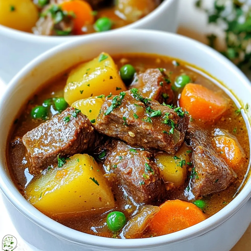 For a hearty one-pot beef stew, gather these key ingredients: - 2 pounds beef chuck, cut into 1-inch cubes - 3 tablespoons extra virgin olive oil - 1 large onion, finely chopped - 3 garlic cloves, minced - 4 medium carrots, peeled and sliced into rounds - 3 medium potatoes, peeled and diced - 2 cups rich beef broth - 1 teaspoon dried thyme - 1 teaspoon dried rosemary - 2 bay leaves - 1 cup frozen green peas - Salt and freshly ground black pepper, to taste - Fresh parsley, chopped (for garnish) - Beef Chuck: This cut is great for stews because it becomes tender. You can use brisket or round as a substitute. - Olive Oil: Use any cooking oil you prefer, like canola or vegetable oil, if you run out. - Onion and Garlic: Fresh is best, but you can use onion powder and garlic powder in a pinch. - Carrots and Potatoes: Feel free to swap in parsnips or sweet potatoes for a twist. - Herbs: Fresh herbs can enhance flavor if you have them. Use about three times the amount of fresh compared to dried. - Frozen Peas: You can replace them with fresh peas or other green veggies like green beans or corn. When picking beef for stew, choose cuts that have some fat and connective tissue. This fat adds flavor, and the connective tissue breaks down during cooking. - Look for marbling: Fat specks within the meat help keep it juicy. - Check the color: The beef should be a bright red hue. Avoid any gray or brown spots. - Ask your butcher: They can recommend the best cuts for stewing. With these tips, your one-pot beef stew will be rich, tasty, and comforting! {{ingredient_image_2}} To start, heat 3 tablespoons of olive oil in a large pot over medium-high heat. When the oil shimmers, it is ready for the beef. Cut 2 pounds of beef chuck into 1-inch cubes. Season the beef with salt and black pepper. Add the beef in batches to the hot pot. This helps it brown well. Sear each side for 6 to 8 minutes until it's a nice brown color. Once browned, take the beef out and set it aside on a plate. Next, add the finely chopped onion to the same pot. Sauté it for about 3 to 4 minutes. Stir often until the onion is soft and clear. After that, add 3 minced garlic cloves. Cook for another minute until you smell the garlic. Then, add 4 sliced carrots and 3 diced potatoes. Stir everything well and let it cook for 4 to 5 minutes. This softens the veggies and builds flavor. Now, return the seared beef to the pot. Add any juices from the plate too. Pour in 2 cups of rich beef broth, covering all the ingredients. Stir in 1 teaspoon each of dried thyme and rosemary, plus 2 bay leaves. Bring the stew to a gentle simmer. Once it's simmering, lower the heat and cover the pot. Let it simmer for 1.5 to 2 hours. Stir occasionally to mix the flavors. About 10 minutes before serving, add 1 cup of frozen green peas. Taste the stew and adjust the salt and pepper as needed. Before serving, take out the bay leaves. Enjoy your hearty meal! To make the best one-pot beef stew, follow these tips: - Sear the beef well: Searing adds flavor. Brown the beef in batches to keep it juicy. - Use fresh herbs: Fresh thyme and rosemary bring great taste. If possible, use them instead of dried. - Add veggies in stages: This helps them cook perfectly. Start with onions, then add carrots and potatoes. - Simmer gently: Keep the heat low and cover the pot. This makes the beef tender and juicy. - Taste as you go: Always check for seasoning. Adjust salt and pepper before serving. Avoid these common mistakes to ensure success: - Overcrowding the pot: Too much beef at once won’t brown. Cook in smaller batches. - Skipping the browning step: Don’t rush to add everything at once. Browning is key for flavor. - Not simmering long enough: Stew needs time for flavors to blend. Aim for at least 1.5 hours. - Ignoring bay leaves: These add depth. Remember to remove them before serving. - Under-seasoning: Don’t forget to taste and adjust. A little salt goes a long way. Enjoy your beef stew with these serving ideas: - Serve in rustic bowls: This adds charm to your meal. - Garnish with parsley: A sprinkle of fresh parsley brightens the dish. - Pair with crusty bread: Bread is perfect for soaking up the stew's rich broth. - Add a side salad: A fresh salad complements the hearty stew nicely. - Try with a glass of red wine: A full-bodied red wine enhances the meal experience. These tips and tricks will help you create a warm and comforting one-pot beef stew that everyone will love. Pro Tips Brown the Beef: For a deeper flavor, make sure to thoroughly brown the beef cubes on all sides. This caramelization adds richness to the stew. Use Quality Broth: The base of your stew is crucial. Opt for a high-quality beef broth or homemade stock for the best flavor. Let it Simmer: Patience is key! Allow the stew to simmer slowly for at least 1.5 to 2 hours to ensure the beef becomes tender and the flavors meld beautifully. Adjust Seasoning: Before serving, taste the stew and adjust the seasoning to your liking. A little extra salt or pepper can enhance the overall flavor profile. {{image_4}} You can make this beef stew in a slow cooker. Just follow these steps: 1. Sear the beef in a pan first. This helps add flavor. 2. Place the beef in the slow cooker. 3. Add all the veggies and broth. 4. Season with thyme, rosemary, and bay leaves. 5. Set it on low for 6 to 8 hours or high for about 4 hours. This method makes it easy, and your stew will still taste great! Feel free to change the meat! Chicken or pork can work well. Here’s how: - Chicken: Use boneless thighs for juicy results. Cook until the chicken is tender. - Pork: Pork shoulder is a good choice. Cut it into cubes just like the beef. Both options will create a hearty stew with a different flavor. You can make a vegetarian or vegan stew by swapping the meat. Here’s what to do: - Replace beef with hearty mushrooms or chickpeas for protein. - Use vegetable broth instead of beef broth. - Add more veggies like bell peppers or zucchini for texture. This way, you can enjoy a hearty meal that fits your diet! After enjoying your beef stew, allow it to cool. Store leftovers in an airtight container. Keep it in the fridge for up to three days. Make sure to label the container with the date. This helps you keep track of freshness. To freeze beef stew, use freezer-safe containers. Leave some space at the top, as liquids expand when frozen. You can freeze it for up to three months. For best quality, consume it sooner. Consider portioning it into smaller containers for easy meals later. When reheating, bring the stew to a gentle simmer on the stove. Stir it occasionally to ensure even heating. If it seems too thick, add a splash of broth or water. You can also use the microwave: heat it in a microwave-safe bowl. Cover it with a lid or wrap to keep moisture in. Heat in short bursts, stirring in between. Enjoy your hearty meal again just like the first time! The best cut of beef for stew is beef chuck. This cut has a lot of flavor and becomes very tender when cooked slow. It has enough fat to keep the meat juicy. Other good cuts include brisket and round. They also work well in stews, but chuck is my top pick. Cooking beef stew takes about 1.5 to 2 hours. This time lets the meat become tender and soak up flavors. You simmer the stew gently on low heat. Stir it occasionally to mix the flavors. The longer it cooks, the more tasty it becomes. So, patience is key! Yes, you can make one-pot beef stew ahead of time. It tastes even better the next day! Just let the stew cool before you put it in the fridge. When you’re ready to eat, heat it on the stove until warm. This makes it a great meal for busy days! In this blog post, we explored making a tasty one-pot beef stew. You learned about essential ingredients and helpful tips. I shared step-by-step instructions for perfect beef and veggies. We covered cooking tips, common mistakes, and serving ideas. You also discovered variations, storage methods, and answered key FAQs. Making stew is fun and rewarding. Enjoy your cooking adventure and share your results!