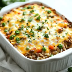 - 1 pound ground beef - 1 cup long-grain white rice - 2 cups beef broth (preferably low sodium) - 1 medium onion, diced - 2 cloves garlic, minced - 1 can (14.5 oz) diced tomatoes, thoroughly drained - 2 cups shredded sharp cheddar cheese, divided - 1 teaspoon paprika - 1 teaspoon Italian seasoning - Salt and freshly cracked black pepper to taste - Fresh parsley, finely chopped (for garnish) In this Cheesy Hamburger Rice Casserole, the main ingredients create a hearty base. Ground beef gives richness. Long-grain white rice adds texture. Beef broth enhances the savory flavor. Next, add the vegetables and aromatics. Diced onions provide sweetness. Minced garlic adds a nice kick. Diced tomatoes bring moisture and acidity. Now, let’s talk cheese and seasonings. Sharp cheddar cheese melts beautifully and makes the dish creamy. Paprika adds a touch of warmth. Italian seasoning gives a hint of herbs. Don't forget to season with salt and pepper for balance. This mix of ingredients ensures a comforting meal that is both delicious and satisfying. Each component plays a role in building layers of flavor. When baked, they combine into a bubbly, cheesy delight. {{ingredient_image_2}} Preheat your oven to 350°F (175°C). This step is key for even baking. In a large skillet, add 1 pound of ground beef. Cook over medium heat. Brown the beef until it is no longer pink, breaking it apart with a spatula. Once cooked, drain any excess fat from the skillet. This helps keep the casserole light. Next, add 1 medium diced onion and 2 minced garlic cloves to the beef. Sauté for about 5 minutes. Stir often until the onion is soft and clear. Then, stir in 1 cup of long-grain white rice. Let it cook with the beef for 2 minutes. This toasts the rice and enhances its flavor. Now, pour in 2 cups of beef broth and a can of drained diced tomatoes. Add 1 cup of frozen mixed vegetables. Sprinkle in 1 teaspoon of paprika, 1 teaspoon of Italian seasoning, and salt and pepper to taste. Mix everything well and bring it to a gentle simmer. Cover the skillet and lower the heat. Cook for about 15 minutes. The rice should be tender and soak up most of the liquid. Remove the skillet from heat. Stir in 1.5 cups of shredded sharp cheddar cheese. This cheese melts nicely and adds creaminess to the dish. Carefully pour the mixture into a greased 9x13 inch baking dish. Spread it evenly. Top it with the remaining 0.5 cup of cheddar cheese. Place the dish in the preheated oven. Bake for 20-25 minutes. You want it golden and bubbly on top. Enjoy the wonderful aroma filling your kitchen! To enhance the taste of your Cheesy Hamburger Rice Casserole, use seasonings like paprika and Italian herbs. They add depth to the dish. For cheese, I recommend sharp cheddar. It melts well and gives a rich flavor. You can mix in some mozzarella for a stretchier texture if you like. To prevent drying out, cover the skillet while it simmers. This keeps the moisture in, making the rice fluffy. Stir occasionally to ensure even cooking. It helps the flavors mix well and cooks everything uniformly. Serve the casserole straight from the dish for a cozy look. This makes it feel homey and warm. For a fancier touch, scoop it onto plates. Pair it with a crisp green salad. The freshness of the salad balances the richness of the casserole beautifully. Pro Tips Use Lean Ground Beef: Opt for lean ground beef to reduce the amount of fat in your casserole, making it healthier while still being rich in flavor. Customize Your Veggies: Feel free to swap in your favorite frozen vegetables or whatever you have on hand—bell peppers, broccoli, or green beans can add a nice twist! Leftover Makeover: This casserole is perfect for leftovers! Store in an airtight container in the fridge for up to 3 days and reheat for a quick meal. Cheese Variations: Experiment with different cheeses like Monterey Jack or Gouda for a unique flavor profile—mixing cheeses can elevate the dish! {{image_4}} You can easily make this dish vegetarian. Substitute the ground beef with lentils or beans. Lentils add protein and fiber. Use cooked green or brown lentils for a hearty texture. If you prefer beans, black beans or kidney beans work well. Both options keep the dish filling and tasty. Spicing things up can make your casserole unique. Try adding cumin or chili powder. These spices give warmth and depth. You can also add a pinch of cayenne for heat. Experiment with dried herbs too, like oregano or thyme, for added flavor. A dash of hot sauce is another fun option. Switching up the cheese can change the taste. Sharp cheddar is classic, but you can use other types. Monterey Jack adds a creamy texture. For a twist, try pepper jack for a spicy kick. Blending cheeses, like mozzarella with gouda, creates a rich topping. Mix it up and find your favorite blend! To store leftovers, let the casserole cool first. Cover it tightly with plastic wrap or aluminum foil. You can also use an airtight container. Properly stored, it lasts up to four days in the fridge. When you're ready to eat, just take out what you need. To freeze, portion the casserole into smaller containers. This makes reheating easier. Make sure to let it cool completely before sealing. Use freezer-safe containers or bags. It can stay fresh in the freezer for up to three months. When ready to enjoy, thaw it overnight in the fridge. When reheating, use the oven for the best results. Preheat it to 350°F (175°C). Place the casserole in an oven-safe dish and add a splash of beef broth. Cover it with foil to keep it moist. Heat for about 20 minutes or until hot. You can also use a microwave. Just heat in short bursts, stirring in between. Enjoy your warm and cheesy casserole! Yes, you can use brown rice. However, you need to adjust the cooking time and liquid. Brown rice takes longer to cook. Use about 2.5 cups of beef broth for 1 cup of brown rice. Cook the casserole for about 45 minutes instead of 20-25 minutes. Check for tenderness before serving. Your casserole lasts about 3-4 days in the fridge. Store it in an airtight container to keep it fresh. Make sure it cools down before you seal it. If you want it to last longer, consider freezing. Absolutely! You can prep this dish up to a day in advance. Cook all the ingredients, then store them in the fridge. Just cover the baking dish tightly with foil. When you're ready to eat, bake it straight from the fridge. Add about 10 extra minutes to the baking time. This casserole pairs well with many sides. A crisp green salad adds freshness. You can also serve it with garlic bread for a hearty meal. Another great option is steamed vegetables to balance the cheese and meat. This blog post guided you through making a Cheesy Hamburger Rice Casserole. We covered ingredients like ground beef, rice, vegetables, and cheese. Step-by-step instructions ensured your dish is easy to prepare and bake. Remember, you can modify flavors by swapping ingredients or adjusting seasonings. Proper storage keeps leftovers fresh for later. Enjoy serving this comforting meal with your favorite sides. I hope you feel inspired to create your own delicious version!