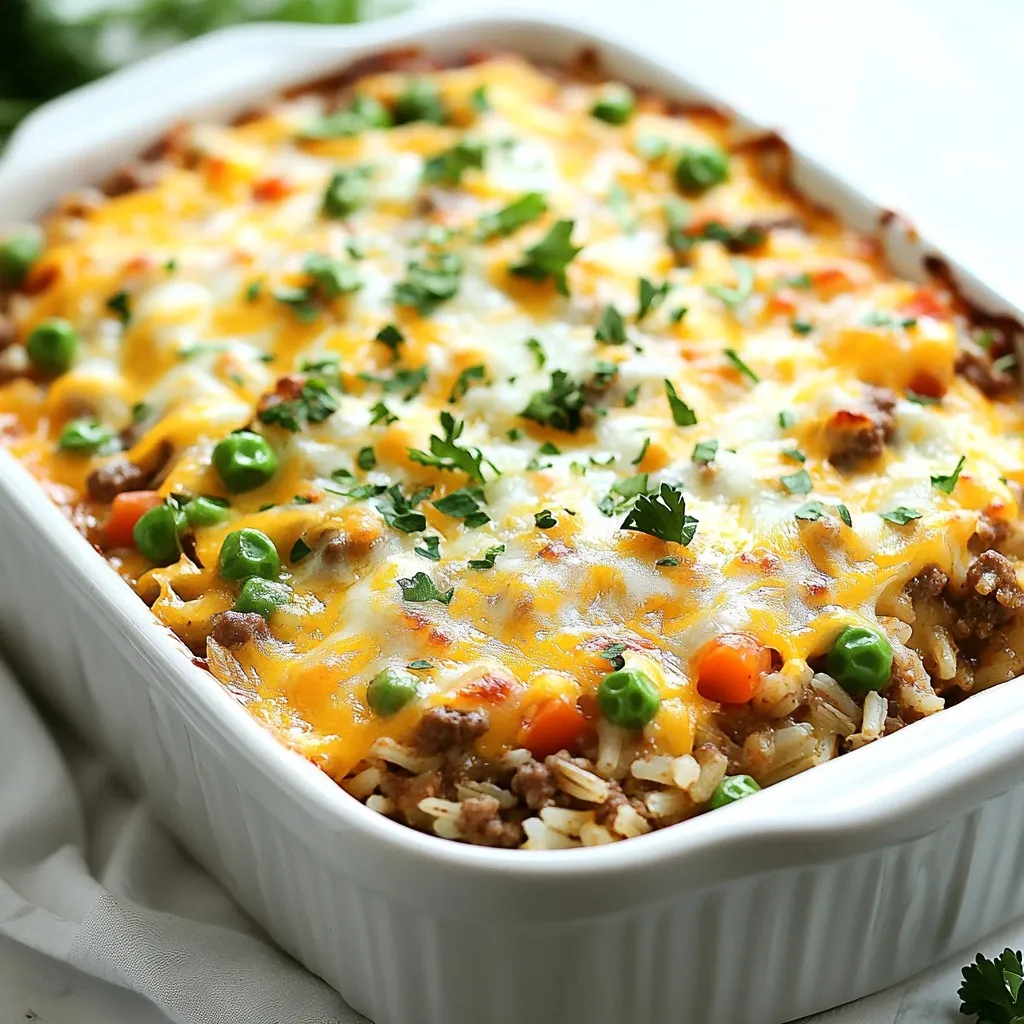 - 1 pound ground beef - 1 cup long-grain white rice - 2 cups beef broth (preferably low sodium) - 1 medium onion, diced - 2 cloves garlic, minced - 1 can (14.5 oz) diced tomatoes, thoroughly drained - 2 cups shredded sharp cheddar cheese, divided - 1 teaspoon paprika - 1 teaspoon Italian seasoning - Salt and freshly cracked black pepper to taste - Fresh parsley, finely chopped (for garnish) In this Cheesy Hamburger Rice Casserole, the main ingredients create a hearty base. Ground beef gives richness. Long-grain white rice adds texture. Beef broth enhances the savory flavor. Next, add the vegetables and aromatics. Diced onions provide sweetness. Minced garlic adds a nice kick. Diced tomatoes bring moisture and acidity. Now, let’s talk cheese and seasonings. Sharp cheddar cheese melts beautifully and makes the dish creamy. Paprika adds a touch of warmth. Italian seasoning gives a hint of herbs. Don't forget to season with salt and pepper for balance. This mix of ingredients ensures a comforting meal that is both delicious and satisfying. Each component plays a role in building layers of flavor. When baked, they combine into a bubbly, cheesy delight. {{ingredient_image_2}} Preheat your oven to 350°F (175°C). This step is key for even baking. In a large skillet, add 1 pound of ground beef. Cook over medium heat. Brown the beef until it is no longer pink, breaking it apart with a spatula. Once cooked, drain any excess fat from the skillet. This helps keep the casserole light. Next, add 1 medium diced onion and 2 minced garlic cloves to the beef. Sauté for about 5 minutes. Stir often until the onion is soft and clear. Then, stir in 1 cup of long-grain white rice. Let it cook with the beef for 2 minutes. This toasts the rice and enhances its flavor. Now, pour in 2 cups of beef broth and a can of drained diced tomatoes. Add 1 cup of frozen mixed vegetables. Sprinkle in 1 teaspoon of paprika, 1 teaspoon of Italian seasoning, and salt and pepper to taste. Mix everything well and bring it to a gentle simmer. Cover the skillet and lower the heat. Cook for about 15 minutes. The rice should be tender and soak up most of the liquid. Remove the skillet from heat. Stir in 1.5 cups of shredded sharp cheddar cheese. This cheese melts nicely and adds creaminess to the dish. Carefully pour the mixture into a greased 9x13 inch baking dish. Spread it evenly. Top it with the remaining 0.5 cup of cheddar cheese. Place the dish in the preheated oven. Bake for 20-25 minutes. You want it golden and bubbly on top. Enjoy the wonderful aroma filling your kitchen! To enhance the taste of your Cheesy Hamburger Rice Casserole, use seasonings like paprika and Italian herbs. They add depth to the dish. For cheese, I recommend sharp cheddar. It melts well and gives a rich flavor. You can mix in some mozzarella for a stretchier texture if you like. To prevent drying out, cover the skillet while it simmers. This keeps the moisture in, making the rice fluffy. Stir occasionally to ensure even cooking. It helps the flavors mix well and cooks everything uniformly. Serve the casserole straight from the dish for a cozy look. This makes it feel homey and warm. For a fancier touch, scoop it onto plates. Pair it with a crisp green salad. The freshness of the salad balances the richness of the casserole beautifully. Pro Tips Use Lean Ground Beef: Opt for lean ground beef to reduce the amount of fat in your casserole, making it healthier while still being rich in flavor. Customize Your Veggies: Feel free to swap in your favorite frozen vegetables or whatever you have on hand—bell peppers, broccoli, or green beans can add a nice twist! Leftover Makeover: This casserole is perfect for leftovers! Store in an airtight container in the fridge for up to 3 days and reheat for a quick meal. Cheese Variations: Experiment with different cheeses like Monterey Jack or Gouda for a unique flavor profile—mixing cheeses can elevate the dish! {{image_4}} You can easily make this dish vegetarian. Substitute the ground beef with lentils or beans. Lentils add protein and fiber. Use cooked green or brown lentils for a hearty texture. If you prefer beans, black beans or kidney beans work well. Both options keep the dish filling and tasty. Spicing things up can make your casserole unique. Try adding cumin or chili powder. These spices give warmth and depth. You can also add a pinch of cayenne for heat. Experiment with dried herbs too, like oregano or thyme, for added flavor. A dash of hot sauce is another fun option. Switching up the cheese can change the taste. Sharp cheddar is classic, but you can use other types. Monterey Jack adds a creamy texture. For a twist, try pepper jack for a spicy kick. Blending cheeses, like mozzarella with gouda, creates a rich topping. Mix it up and find your favorite blend! To store leftovers, let the casserole cool first. Cover it tightly with plastic wrap or aluminum foil. You can also use an airtight container. Properly stored, it lasts up to four days in the fridge. When you're ready to eat, just take out what you need. To freeze, portion the casserole into smaller containers. This makes reheating easier. Make sure to let it cool completely before sealing. Use freezer-safe containers or bags. It can stay fresh in the freezer for up to three months. When ready to enjoy, thaw it overnight in the fridge. When reheating, use the oven for the best results. Preheat it to 350°F (175°C). Place the casserole in an oven-safe dish and add a splash of beef broth. Cover it with foil to keep it moist. Heat for about 20 minutes or until hot. You can also use a microwave. Just heat in short bursts, stirring in between. Enjoy your warm and cheesy casserole! Yes, you can use brown rice. However, you need to adjust the cooking time and liquid. Brown rice takes longer to cook. Use about 2.5 cups of beef broth for 1 cup of brown rice. Cook the casserole for about 45 minutes instead of 20-25 minutes. Check for tenderness before serving. Your casserole lasts about 3-4 days in the fridge. Store it in an airtight container to keep it fresh. Make sure it cools down before you seal it. If you want it to last longer, consider freezing. Absolutely! You can prep this dish up to a day in advance. Cook all the ingredients, then store them in the fridge. Just cover the baking dish tightly with foil. When you're ready to eat, bake it straight from the fridge. Add about 10 extra minutes to the baking time. This casserole pairs well with many sides. A crisp green salad adds freshness. You can also serve it with garlic bread for a hearty meal. Another great option is steamed vegetables to balance the cheese and meat. This blog post guided you through making a Cheesy Hamburger Rice Casserole. We covered ingredients like ground beef, rice, vegetables, and cheese. Step-by-step instructions ensured your dish is easy to prepare and bake. Remember, you can modify flavors by swapping ingredients or adjusting seasonings. Proper storage keeps leftovers fresh for later. Enjoy serving this comforting meal with your favorite sides. I hope you feel inspired to create your own delicious version!