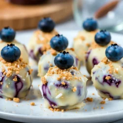 - 8 oz white chocolate, finely chopped - 1/2 cup heavy cream - 1/2 cup fresh blueberries (plus extra for garnish) - 1 teaspoon pure vanilla extract - 1/2 cup crushed graham crackers - 1/2 cup desiccated coconut (optional) - A pinch of salt - To convert 8 oz of white chocolate to grams, use 227 grams. - If you want to make more truffles, double the ingredients. - For a different taste, try milk chocolate instead of white chocolate. {{ingredient_image_2}} 1. Start by heating the heavy cream in a small saucepan over medium heat. 2. Watch for it to just start simmering. Do not let it boil! Boiling can ruin the texture. 3. Once simmering, remove the pan from heat. 4. Add the finely chopped white chocolate right away. 5. Stir continuously until the chocolate melts. You want a silky smooth mixture. 1. Next, carefully fold in the fresh blueberries. 2. Add the pure vanilla extract to enhance sweetness. 3. Don&rsquo;t forget to sprinkle in a pinch of salt. Salt makes all the flavors pop! 4. Mix until everything is well combined. 1. Transfer the mixture to a bowl. Cover it tightly with plastic wrap. 2. Place it in the fridge for about 2 hours. You want it firm enough to hold shape. 3. After chilling, use a melon baller or small cookie scoop. 4. Portion out the truffles and shape them into smooth balls. 5. For fun texture, roll half in crushed graham crackers. 6. Roll the other half in desiccated coconut if you like. 7. Place them on a lined baking sheet. 8. Top each truffle with a fresh blueberry for style. 9. Chill again for 30 minutes to set before enjoying. - Choosing the right chocolate: Use high-quality white chocolate. Look for bars with cocoa butter on the label. This gives a smooth melt and rich flavor. Avoid chocolate chips, as they often contain stabilizers that prevent melting well. - Chilling times and methods: Chill the mixture for at least 2 hours. This helps it firm up. If you want quicker results, place the mixture in a shallow dish. This increases surface area and speeds up chilling. - Creative plating ideas for presentation: Arrange truffles on a decorative plate. You can use a cupcake liner for each truffle for a fun touch. Drizzle melted chocolate over them for a fancy look. - Garnishing with fresh blueberries and mint: Top each truffle with a fresh blueberry. Add a sprig of mint for a bright color contrast. This makes the truffles pop visually and adds a fresh flavor. - Overheating chocolate: Heat the cream just until it simmers. If it boils, it can change the texture of the chocolate. This can make the truffles grainy. - Not allowing the mixture to chill sufficiently: If the mixture is too soft, shaping the truffles will be hard. Always let it chill until firm. This way, you can make nice, round truffles easily. Pro Tips Use Quality Chocolate: The flavor of your truffles largely depends on the quality of the white chocolate you use. Opt for a high-quality brand for the best results. Chill Thoroughly: Ensure the chocolate mixture is fully chilled before shaping the truffles. This will make them easier to handle and shape into perfect spheres. Experiment with Coatings: While graham crackers and coconut are delightful, feel free to experiment with other coatings like crushed nuts or chocolate sprinkles for a unique twist. Fresh Blueberries: Use fresh blueberries for a burst of flavor and juiciness in each truffle. Frozen blueberries may alter the texture and moisture content. {{image_4}} To make your truffles even better, try adding some citrus zest. Lemon or lime zest gives a bright, fresh taste. Just a little zest can lift the flavor. You can also mix in nut pieces for crunch. Chopped almonds or walnuts pair well with the sweetness of white chocolate. This adds texture and depth to your truffles. If you want dairy-free truffles, use vegan white chocolate. Check labels to ensure it's dairy-free. You can still enjoy a creamy texture. For gluten-free options, roll your truffles in ground nuts or coconut. This keeps them safe for those who avoid gluten. Change your truffles with seasonal fruits. In summer, try raspberries or strawberries. In fall, use apples or pears. These fruits can add a new twist. You can also make themed variations for holidays. For winter, add cocoa powder for a rich flavor. This gives your truffles a festive touch. To keep your white chocolate blueberry truffles fresh, use an airtight container. A simple plastic or glass container works well. Place a piece of parchment paper between layers to prevent sticking. Store them in the fridge for best results. Room temperature is fine for a short time, but heat can melt them. In the refrigerator, these truffles last about one week. If you want to keep them longer, freezing is a great option. They can stay in the freezer for up to three months. Just remember to wrap them well in plastic wrap and then in foil to avoid freezer burn. If you have leftovers, you may want to enjoy them cold. However, if they lose their shape, you can gently warm them up. Place them in a cool oven for a few minutes. Avoid the microwave, as it can change the texture. You can also use leftover truffles in desserts. Chop them up and mix them into ice cream or sprinkle on top of cake for added flavor. To melt white chocolate, use a double boiler or a microwave. A double boiler keeps the heat gentle. Place chopped chocolate in a bowl above simmering water. Stir until smooth. For the microwave, use a safe bowl. Heat in 30-second bursts, stirring in between. Stop once it&rsquo;s just melted. Tips for preventing seizing: - Avoid any water in your chocolate. - Do not heat too fast. - Always stir gently, keeping the heat low. Alternatives to stovetop melting (using microwave): You can easily use the microwave. Just remember to check and stir often. This helps prevent hot spots. Yes, you can use frozen blueberries. They can work well in truffles. However, they change the texture a bit. Frozen berries release more juice when mixed. This can make your truffle mixture thinner. How frozen vs. fresh affects flavor and texture: - Fresh blueberries taste brighter and have a firmer bite. - Frozen berries may taste sweeter, but they are softer. Use them based on your flavor preference. You can use many fun coatings for your truffles! Besides graham crackers and coconut, try crushed nuts, cocoa powder, or even sprinkles. Each gives a different taste and look. Ideas beyond graham crackers and coconut: - Use crushed almonds for a nutty crunch. - Cocoa powder adds a rich, dark flavor. - Sprinkles offer a fun and colorful touch. Creative garnishing options for visual appeal: Consider drizzling melted chocolate on top. This gives a nice finish. You can also add a mint leaf for color. Fresh blueberries on top make it pop! You now have a complete guide to making delicious white chocolate truffles. By following the steps and tips, you can create a tasty treat every time. Don't be afraid to experiment with flavors and ingredients to make them your own. Remember to store your truffles properly to keep them fresh. Enjoy sharing these delightful bites with friends and family. Happy truffle making!
