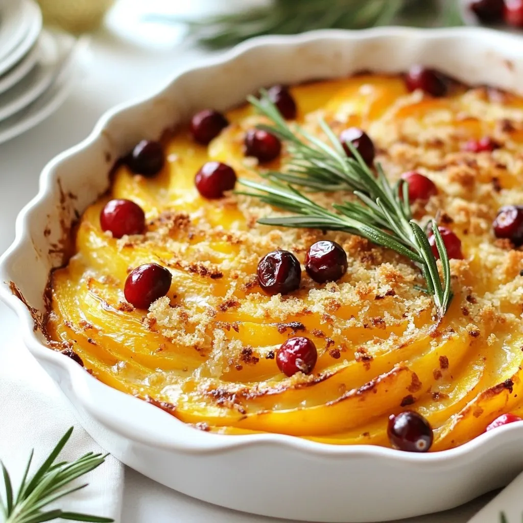 To make Sweet Potato Cranberry Gratin, you need a mix of tasty items. Here’s what you will need: - 4 medium sweet potatoes, peeled and thinly sliced into rounds - 1 cup fresh or frozen cranberries (if using frozen, ensure they are thawed) - 1 cup heavy cream - 1 cup sharp cheddar cheese, shredded - 1/2 cup Parmesan cheese, grated - 2 cloves garlic, minced finely - 1 tablespoon fresh rosemary, chopped (or 1 teaspoon dried rosemary) - 1 teaspoon salt - 1/2 teaspoon black pepper - 1/4 teaspoon nutmeg - 2 tablespoons unsalted butter, for greasing the baking dish - 1/4 cup breadcrumbs (optional, for added crunch) Each ingredient plays a special role. The sweet potatoes bring a creamy texture. Cranberries add a tart burst that balances the dish. Heavy cream makes everything rich and smooth. Cheddar and Parmesan cheeses melt beautifully, creating a golden top. Garlic and rosemary offer fresh, bold flavors that brighten each bite. Seasonings like salt, black pepper, and nutmeg enhance all the tastes. Butter helps the gratin not stick to the dish. If you want a bit of crunch, sprinkle breadcrumbs on top before baking. Using these ingredients, you will create a delicious holiday dish that everyone will love. {{ingredient_image_2}} 1. First, preheat your oven to 375°F (190°C). This helps cook the gratin evenly. 2. Next, grease a 9x13 inch baking dish with 2 tablespoons of unsalted butter. This keeps the gratin from sticking. 3. In a medium bowl, mix 1 cup of cranberries with a sprinkle of salt. Let them sit for a few minutes to release their juices. 4. In a large mixing bowl, whisk together 1 cup of heavy cream, 2 cloves of minced garlic, 1 tablespoon of chopped rosemary, 1 teaspoon of salt, 1/2 teaspoon of black pepper, and 1/4 teaspoon of nutmeg. This creamy sauce adds flavor and richness. 1. Start by creating the first layer in your greased dish. Arrange half of the 4 medium sweet potatoes, thinly sliced, at the bottom. Overlap them slightly for even coverage. 2. Then, evenly distribute half of the cranberry mixture over the first layer of sweet potatoes. Ensure each slice has some cranberry. 3. Pour half of the creamy sauce mixture over the sweet potatoes and cranberries. Next, sprinkle half of the 1 cup of shredded cheddar cheese over this layer. 4. Repeat the layering process with the remaining sweet potatoes, followed by the rest of the cranberries and creamy mixture. Finally, top with the remaining cheddar cheese. If you want some crunch, sprinkle 1/4 cup of breadcrumbs on top. 1. Cover the dish with aluminum foil and place it in your preheated oven. Bake for 30 minutes. This helps the sweet potatoes cook through. 2. After 30 minutes, carefully remove the foil. This allows the top to brown. Continue baking for an additional 20-25 minutes. The gratin is done when the sweet potatoes are tender and the top is golden and bubbly. 3. Once finished, take the gratin out of the oven and let it rest for about 10 minutes. This resting time helps the gratin set, making it easier to serve. - Choosing the right sweet potatoes: I always pick medium-sized sweet potatoes. They should feel firm and smooth. Look for bright orange flesh; it has the best flavor. - Tips for cheese melting: Use shredded cheese for better melting. I like sharp cheddar for its strong flavor. Mixing it with Parmesan gives a nice depth. - Adjusting seasoning to taste: Taste your creamy sauce as you mix. You can add more salt or pepper. A pinch of nutmeg adds warmth. A little can go a long way. - Ideal pairings with roasted meats: This gratin pairs great with roasted turkey or ham. The sweet and savory mix complements the meat well. - Garnishing options: I love to add a sprig of fresh rosemary on top. It makes the dish look pretty and adds a nice smell. - Vegetarian main course ideas: Serve this gratin as a main dish for vegetarians. It is hearty and filling, perfect for a holiday table. Add a side salad for a complete meal. Pro Tips Layering is Key: Make sure to evenly distribute the sweet potatoes and cranberries in each layer for balanced flavor in every bite. Cheese Variety: Experiment with different cheese combinations, such as Gruyère or Gouda, for a unique flavor profile in your gratin. Resting Period: Allow the gratin to rest for 10 minutes after baking; this helps it set and makes serving easier. Breadcrumbs for Crunch: Adding breadcrumbs on top gives a delightful crunch; consider mixing them with herbs for extra flavor. {{image_4}} You can easily change the taste of your sweet potato cranberry gratin. Here are some ideas: - Herbs: Try adding different herbs like thyme or sage. These fresh flavors add depth and warmth to your dish. - Cheese: You can swap the cheddar for Gruyère or mozzarella. Each cheese brings its own unique flavor. Gruyère adds a nutty touch, while mozzarella offers a mild creaminess. Making this gratin fit different diets is simple. Here are some tips: - Vegan Alternatives: To make it vegan, use coconut cream instead of heavy cream. Replace the cheese with a vegan cheese or nutritional yeast. These swaps keep the flavor while meeting your needs. - Gluten-Free Modifications: For a gluten-free dish, skip the breadcrumbs or use gluten-free ones. This way, everyone can enjoy this delicious meal without worry. To keep your Sweet Potato Cranberry Gratin fresh, store it in an airtight container. Make sure it cools down first. This helps keep the flavors locked in. Place the gratin in your fridge. It will stay fresh for about 3 to 5 days. If you want to store it longer, consider freezing it. When you're ready to enjoy the leftovers, reheating them correctly is key. For the best texture, use an oven. Preheat your oven to 350°F (175°C). Place the gratin in an oven-safe dish. Cover it with foil to avoid drying out. Heat for about 20 to 25 minutes. You can also use a microwave if you're in a hurry. Place a portion on a microwave-safe plate. Heat it on medium power for 1 to 2 minutes. Keep an eye on it to avoid overheating. Enjoy your delicious gratin again! Yes, you can use other potatoes, like Yukon gold or russet. However, sweet potatoes give a nice sweetness. They also create a creamy texture that pairs well with cranberries. If you want a twist, mix sweet potatoes with another type. Just remember that cooking times might change slightly. The gratin is done when the top is golden and bubbly. You can also poke a sweet potato slice with a fork. If it goes through easily, it is ready. Let it rest for ten minutes after baking. This helps it set and makes serving easier. Yes, you can freeze the gratin. Prepare it but do not bake it. Cover it tightly with foil or wrap it well. You can freeze it for up to three months. When ready to eat, thaw it in the fridge overnight. Then, bake it until hot and bubbly. If you lack heavy cream, use whole milk mixed with butter. For each cup of cream, use 3/4 cup milk and 1/4 cup melted butter. This mix gives a similar richness. You can also use a plant-based milk, like coconut milk, for a dairy-free option. This blog post explored how to make a delicious Sweet Potato Cranberry Gratin. You learned about key ingredients, step-by-step baking instructions, and helpful tips. We also discussed variations and storage to keep your dish fresh. Knowing how to adapt this recipe can make it perfect for any meal. Try it today for a tasty side or main dish! Enjoy your cooking adventure with this comforting gratin.