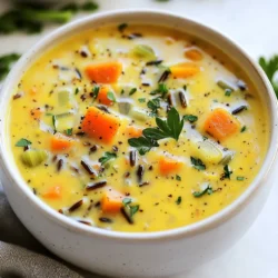 For this cozy Pumpkin Wild Rice Soup, you'll need: - 1 cup wild rice, thoroughly rinsed - 2 cups pumpkin puree (freshly made or canned) - 1 medium onion, finely diced - 2 cloves garlic, minced - 2 carrots, peeled and diced - 2 celery stalks, diced - 1 teaspoon ground ginger - 1 teaspoon ground cinnamon - 4 cups vegetable broth (homemade or low sodium) - 1 cup coconut milk (full-fat for creaminess) - 2 tablespoons olive oil - Salt and freshly ground black pepper to taste - Fresh parsley, chopped (for garnish, optional) Choosing the best ingredients sets the stage for a great soup. Here are some tips: - Pumpkin: Look for deep orange color. Fresh pumpkin should feel heavy and firm. - Wild Rice: Select grains that are dark and have a nutty scent. Avoid any with a musty smell. - Vegetables: Choose crisp carrots and celery. They should snap when you break them. - Herbs: Fresh parsley should be bright green and fragrant. You can swap some ingredients to suit your taste or diet: - Rice Options: Use brown rice or quinoa for a different texture. - Milk Choices: Substitute almond milk or oat milk if you prefer non-dairy. - Pumpkin Varieties: Butternut squash can replace pumpkin for a sweeter flavor. - Broth Variants: Chicken broth can add a richer taste if you are not vegetarian. These choices keep the soup delicious while allowing for personal touches! {{ingredient_image_2}} Start by gathering all your ingredients. You need: - 1 cup wild rice, thoroughly rinsed - 2 cups pumpkin puree (freshly made or canned) - 1 medium onion, finely diced - 2 cloves garlic, minced - 2 carrots, peeled and diced - 2 celery stalks, diced - 1 teaspoon ground ginger - 1 teaspoon ground cinnamon - 4 cups vegetable broth (homemade or low sodium) - 1 cup coconut milk (full-fat for creaminess) - 2 tablespoons olive oil - Salt and freshly ground black pepper to taste - Fresh parsley, chopped (for garnish, optional) Chop the onion, carrots, and celery. Mince the garlic. Rinse the wild rice and set it aside. This will help everything cook evenly and save time. In a large pot, heat the olive oil over medium heat. Once it shimmers, add the onion, garlic, carrots, and celery. Sauté for 5-7 minutes. The veggies should be soft, and the onion should look clear. This step builds your soup’s base. Next, stir in the ginger and cinnamon. Cook this for about one minute. You want the spices to blend well with the veggies. This will add warmth and flavor. Now, add the rinsed wild rice. Stir it well to coat each grain with oil and spices. Pour in the vegetable broth and pumpkin puree. Mix everything together and bring it to a boil. Once it boils, reduce the heat to low. Cover the pot and simmer for about 45 minutes. The wild rice will be tender when done. After the rice is cooked, stir in the coconut milk. This adds creaminess. Adjust the heat to warm it gently. Season with salt and pepper to taste. Heat this through for about 5 minutes. For a smoother texture, blend the soup with an immersion blender. If you prefer a chunkier soup, leave it as is. Serve the soup hot. You can garnish it with fresh parsley for extra flavor and color. Drizzle a little coconut milk on top for a beautiful finish. Enjoy this cozy and nourishing meal! To perfect your pumpkin wild rice soup, start with fresh ingredients. Fresh vegetables add flavor and nutrients. A good broth is key, too. I recommend using homemade or low-sodium vegetable broth for the best taste. For a smooth soup, blend it well after cooking. If you like some texture, leave it chunky. Adjust the cooking time based on the wild rice you use. Some types may cook faster than others. Always taste as you go. This helps you find the right balance of flavors. Adjusting spice levels is simple. Start with the recipe's amounts. If you want more heat, add a pinch of cayenne pepper or red pepper flakes. You can also add more ginger or cinnamon for a warm kick. If it gets too spicy, balance it with more coconut milk. This adds creaminess and cools down the heat. Remember, spices can get stronger as the soup sits. Taste again before serving to ensure it’s just right. To enhance creaminess, use full-fat coconut milk. This gives your soup a rich texture. You can also stir in a bit of cream or yogurt if you want. For a different flavor, try adding cashew cream. Just blend soaked cashews with water until smooth. If you like a thicker soup, blend more of it. This thickens the broth while keeping some rice whole. Don't forget to taste and adjust seasoning after adding any creamy elements. This ensures a balanced and delightful dish. Pro Tips Use Fresh Pumpkin: If using fresh pumpkin, roast it first for a deeper, sweeter flavor. Cut it in half, scoop out the seeds, and roast it at 400°F for about 45 minutes or until tender. Wild Rice Cooking Tip: To ensure even cooking, soak the wild rice in water for a few hours before adding it to the soup. This helps it cook more evenly and reduces overall cooking time. Flavor Enhancements: Add a splash of apple cider vinegar or lemon juice at the end for a bright flavor contrast that complements the sweetness of the pumpkin. Storage Suggestions: This soup can be stored in the refrigerator for up to 5 days or frozen for up to 3 months. Just make sure to leave out the coconut milk if you plan to freeze it, and add it when reheating. {{image_4}} You can make this soup more filling by adding proteins. Cooked chicken or turkey works well. For a plant-based option, try adding beans like chickpeas or black beans. These not only boost protein but also add texture. You can also toss in cooked lentils for a hearty blend. Just stir them in during the last few minutes of cooking. This way, you keep the flavors fresh and vibrant. This recipe is already vegetarian. To make it vegan, simply use vegetable broth and coconut milk, as the recipe suggests. If you want extra creaminess, blend in some soaked cashews. They add a rich taste without any dairy. For a fun twist, try adding tofu. Just cube it and sauté it with your veggies. It soaks up the flavors and adds a nice bite. To enhance the flavors, consider adding herbs. Fresh thyme or rosemary can give your soup a new depth. Toss them in with the sautéed veggies for a robust taste. You can also add a splash of soy sauce or tamari for umami. A touch of lime juice right before serving brightens the whole dish. Don’t forget spices! A hint of nutmeg or cayenne can change the game. Add them according to your taste. After you finish your soup, let it cool. Pour the soup into an airtight container. Make sure the lid seals well. Store it in the fridge for up to four days. Always label your container with the date. This way, you know when to eat it! You can freeze Pumpkin Wild Rice Soup, too! Use a freezer-safe container or a heavy-duty freezer bag. Leave some space at the top, as soup expands when frozen. It stays good for about three months. When you are ready to eat it, remember to thaw it in the fridge overnight. Reheat the soup on the stove over medium heat. Stir it often to warm it evenly. If it seems too thick, add a splash of broth or water. You can also use the microwave for quick heating. Place in a microwave-safe bowl and cover it loosely. Heat in short bursts, stirring in between. Enjoy your cozy soup again! Pumpkin Wild Rice Soup lasts about 4 to 5 days in the fridge. Store it in an airtight container. This keeps it fresh and tasty for you. Yes, you can make this soup in advance. It tastes even better after sitting for a day. Just let it cool, then store it in the fridge. You can serve this soup with crusty bread or a fresh salad. A slice of sourdough is perfect for dipping. You might also enjoy it with roasted veggies on the side. Absolutely! This recipe is great for meal prep. You can make a big batch and portion it out. It freezes well too, making it easy to enjoy later. You can use brown rice, but it will change the texture. Brown rice cooks longer, so adjust cooking time to about 60 minutes. Wild rice gives a nutty flavor and chewier bite that works well in this soup. You learned about the key ingredients for your soup. Choose fresh items for the best taste. Following the step-by-step instructions ensures a tasty meal. Use tips and tricks to make your soup just right. Don’t forget the variations to fit your needs. Lastly, know how to store and reheat leftovers. In conclusion, this soup is easy to make and delicious. Enjoy the flavors and share with others!