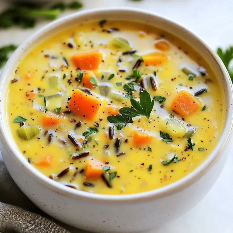 For this cozy Pumpkin Wild Rice Soup, you'll need: - 1 cup wild rice, thoroughly rinsed - 2 cups pumpkin puree (freshly made or canned) - 1 medium onion, finely diced - 2 cloves garlic, minced - 2 carrots, peeled and diced - 2 celery stalks, diced - 1 teaspoon ground ginger - 1 teaspoon ground cinnamon - 4 cups vegetable broth (homemade or low sodium) - 1 cup coconut milk (full-fat for creaminess) - 2 tablespoons olive oil - Salt and freshly ground black pepper to taste - Fresh parsley, chopped (for garnish, optional) Choosing the best ingredients sets the stage for a great soup. Here are some tips: - Pumpkin: Look for deep orange color. Fresh pumpkin should feel heavy and firm. - Wild Rice: Select grains that are dark and have a nutty scent. Avoid any with a musty smell. - Vegetables: Choose crisp carrots and celery. They should snap when you break them. - Herbs: Fresh parsley should be bright green and fragrant. You can swap some ingredients to suit your taste or diet: - Rice Options: Use brown rice or quinoa for a different texture. - Milk Choices: Substitute almond milk or oat milk if you prefer non-dairy. - Pumpkin Varieties: Butternut squash can replace pumpkin for a sweeter flavor. - Broth Variants: Chicken broth can add a richer taste if you are not vegetarian. These choices keep the soup delicious while allowing for personal touches! {{ingredient_image_2}} Start by gathering all your ingredients. You need: - 1 cup wild rice, thoroughly rinsed - 2 cups pumpkin puree (freshly made or canned) - 1 medium onion, finely diced - 2 cloves garlic, minced - 2 carrots, peeled and diced - 2 celery stalks, diced - 1 teaspoon ground ginger - 1 teaspoon ground cinnamon - 4 cups vegetable broth (homemade or low sodium) - 1 cup coconut milk (full-fat for creaminess) - 2 tablespoons olive oil - Salt and freshly ground black pepper to taste - Fresh parsley, chopped (for garnish, optional) Chop the onion, carrots, and celery. Mince the garlic. Rinse the wild rice and set it aside. This will help everything cook evenly and save time. In a large pot, heat the olive oil over medium heat. Once it shimmers, add the onion, garlic, carrots, and celery. Sauté for 5-7 minutes. The veggies should be soft, and the onion should look clear. This step builds your soup’s base. Next, stir in the ginger and cinnamon. Cook this for about one minute. You want the spices to blend well with the veggies. This will add warmth and flavor. Now, add the rinsed wild rice. Stir it well to coat each grain with oil and spices. Pour in the vegetable broth and pumpkin puree. Mix everything together and bring it to a boil. Once it boils, reduce the heat to low. Cover the pot and simmer for about 45 minutes. The wild rice will be tender when done. After the rice is cooked, stir in the coconut milk. This adds creaminess. Adjust the heat to warm it gently. Season with salt and pepper to taste. Heat this through for about 5 minutes. For a smoother texture, blend the soup with an immersion blender. If you prefer a chunkier soup, leave it as is. Serve the soup hot. You can garnish it with fresh parsley for extra flavor and color. Drizzle a little coconut milk on top for a beautiful finish. Enjoy this cozy and nourishing meal! To perfect your pumpkin wild rice soup, start with fresh ingredients. Fresh vegetables add flavor and nutrients. A good broth is key, too. I recommend using homemade or low-sodium vegetable broth for the best taste. For a smooth soup, blend it well after cooking. If you like some texture, leave it chunky. Adjust the cooking time based on the wild rice you use. Some types may cook faster than others. Always taste as you go. This helps you find the right balance of flavors. Adjusting spice levels is simple. Start with the recipe's amounts. If you want more heat, add a pinch of cayenne pepper or red pepper flakes. You can also add more ginger or cinnamon for a warm kick. If it gets too spicy, balance it with more coconut milk. This adds creaminess and cools down the heat. Remember, spices can get stronger as the soup sits. Taste again before serving to ensure it’s just right. To enhance creaminess, use full-fat coconut milk. This gives your soup a rich texture. You can also stir in a bit of cream or yogurt if you want. For a different flavor, try adding cashew cream. Just blend soaked cashews with water until smooth. If you like a thicker soup, blend more of it. This thickens the broth while keeping some rice whole. Don't forget to taste and adjust seasoning after adding any creamy elements. This ensures a balanced and delightful dish. Pro Tips Use Fresh Pumpkin: If using fresh pumpkin, roast it first for a deeper, sweeter flavor. Cut it in half, scoop out the seeds, and roast it at 400°F for about 45 minutes or until tender. Wild Rice Cooking Tip: To ensure even cooking, soak the wild rice in water for a few hours before adding it to the soup. This helps it cook more evenly and reduces overall cooking time. Flavor Enhancements: Add a splash of apple cider vinegar or lemon juice at the end for a bright flavor contrast that complements the sweetness of the pumpkin. Storage Suggestions: This soup can be stored in the refrigerator for up to 5 days or frozen for up to 3 months. Just make sure to leave out the coconut milk if you plan to freeze it, and add it when reheating. {{image_4}} You can make this soup more filling by adding proteins. Cooked chicken or turkey works well. For a plant-based option, try adding beans like chickpeas or black beans. These not only boost protein but also add texture. You can also toss in cooked lentils for a hearty blend. Just stir them in during the last few minutes of cooking. This way, you keep the flavors fresh and vibrant. This recipe is already vegetarian. To make it vegan, simply use vegetable broth and coconut milk, as the recipe suggests. If you want extra creaminess, blend in some soaked cashews. They add a rich taste without any dairy. For a fun twist, try adding tofu. Just cube it and sauté it with your veggies. It soaks up the flavors and adds a nice bite. To enhance the flavors, consider adding herbs. Fresh thyme or rosemary can give your soup a new depth. Toss them in with the sautéed veggies for a robust taste. You can also add a splash of soy sauce or tamari for umami. A touch of lime juice right before serving brightens the whole dish. Don’t forget spices! A hint of nutmeg or cayenne can change the game. Add them according to your taste. After you finish your soup, let it cool. Pour the soup into an airtight container. Make sure the lid seals well. Store it in the fridge for up to four days. Always label your container with the date. This way, you know when to eat it! You can freeze Pumpkin Wild Rice Soup, too! Use a freezer-safe container or a heavy-duty freezer bag. Leave some space at the top, as soup expands when frozen. It stays good for about three months. When you are ready to eat it, remember to thaw it in the fridge overnight. Reheat the soup on the stove over medium heat. Stir it often to warm it evenly. If it seems too thick, add a splash of broth or water. You can also use the microwave for quick heating. Place in a microwave-safe bowl and cover it loosely. Heat in short bursts, stirring in between. Enjoy your cozy soup again! Pumpkin Wild Rice Soup lasts about 4 to 5 days in the fridge. Store it in an airtight container. This keeps it fresh and tasty for you. Yes, you can make this soup in advance. It tastes even better after sitting for a day. Just let it cool, then store it in the fridge. You can serve this soup with crusty bread or a fresh salad. A slice of sourdough is perfect for dipping. You might also enjoy it with roasted veggies on the side. Absolutely! This recipe is great for meal prep. You can make a big batch and portion it out. It freezes well too, making it easy to enjoy later. You can use brown rice, but it will change the texture. Brown rice cooks longer, so adjust cooking time to about 60 minutes. Wild rice gives a nutty flavor and chewier bite that works well in this soup. You learned about the key ingredients for your soup. Choose fresh items for the best taste. Following the step-by-step instructions ensures a tasty meal. Use tips and tricks to make your soup just right. Don’t forget the variations to fit your needs. Lastly, know how to store and reheat leftovers. In conclusion, this soup is easy to make and delicious. Enjoy the flavors and share with others!