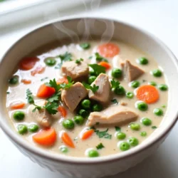 To make this warm and filling soup, you need: - 1 pound boneless, skinless chicken breasts, diced into bite-sized pieces - 1 tablespoon olive oil - 1 medium onion, diced - 2 cloves garlic, minced - 3 medium carrots, diced into small cubes - 2 stalks celery, diced - 1 cup frozen peas - 2 cups low-sodium chicken broth - 1 teaspoon dried thyme - 1 teaspoon dried rosemary - 1 tablespoon Worcestershire sauce (optional, for added depth of flavor) - 1 cup heavy cream - 1/4 cup all-purpose flour - Salt and freshly ground black pepper to taste - Fresh parsley, chopped, for garnish - Biscuit dough (optional, for a delightful topping) You can add a few extras to give your soup more flavor: - A splash of white wine for depth - Fresh lemon juice for brightness - A pinch of cayenne pepper for heat - Additional vegetables like corn or potatoes If you have dietary needs, here are some swaps: - Use chicken thighs for more flavor and juiciness. - Substitute gluten-free flour for all-purpose flour to make it gluten-free. - Replace heavy cream with coconut milk for a dairy-free option. - Add more vegetables for a veggie-packed version, like zucchini or bell peppers. This soup is flexible, so feel free to adjust based on what you have at home! {{ingredient_image_2}} Start by setting your Instant Pot to the Saut&eacute; mode. This heats the pot, so your ingredients cook well. Pour in 1 tablespoon of olive oil. Once the oil is hot, add 1 medium diced onion. Saut&eacute; for about 3 minutes until it turns soft and clear. Next, add 2 minced garlic cloves. Cook for 1 more minute to release the garlic&rsquo;s aroma. Now, it's time for the chicken. Add 1 pound of diced chicken breasts to the pot. Sprinkle salt and pepper on the chicken. Saut&eacute; for around 5 minutes, stirring often until the chicken browns on all sides. After that, add 3 diced carrots, 2 diced celery stalks, and 1 cup of frozen peas. Then, pour in 2 cups of low-sodium chicken broth. Add 1 teaspoon of dried thyme, 1 teaspoon of dried rosemary, and 1 tablespoon of Worcestershire sauce if you want extra flavor. Stir the mixture well to combine all the ingredients. Secure the lid of the Instant Pot and set it to Pressure Cook on high for 10 minutes. When the cooking time is up, carefully quick release the pressure. In a small bowl, whisk together 1 cup of heavy cream and 1/4 cup of all-purpose flour until smooth. Pour this mix into the soup, stirring as you go. This will thicken the soup nicely. Taste the soup and add more salt and pepper if needed. If you want to add biscuit dough, drop raw pieces on top, seal the lid, and set it to Pressure Cook for another 5 minutes. Serve hot, garnished with chopped parsley for a fresh touch. To get the best taste from your soup, use fresh herbs. Dried thyme and rosemary add depth, but fresh makes it pop. You can also saut&eacute; your veggies longer. This caramelizes their sugars and brings out their best flavor. If you want to boost the umami, add Worcestershire sauce. It will deepen the taste and make your soup more savory. You want your soup thick and creamy, not watery. Whisking the heavy cream with flour helps achieve this. Make sure to stir constantly when you add it to the pot. This will help the soup thicken evenly. If it's too thick, add a bit more chicken broth. If it&rsquo;s too thin, let it cook a little longer without the lid to thicken it up. Don&rsquo;t skip the saut&eacute; step. This builds flavor and makes your soup taste rich. Also, don&rsquo;t overcook the chicken. It should be tender but not dry. Always taste your soup before serving. Adjust the salt and pepper to your liking. Lastly, avoid adding too many frozen veggies at once. They can cool down the pot and affect cooking time. Pro Tips Use Fresh Herbs: Fresh thyme and rosemary can elevate the flavor profile of your soup compared to dried herbs. Add them at the end for a burst of freshness! Customize Your Veggies: Feel free to swap in your favorite vegetables like corn or green beans for added color and nutrition. Just make sure to keep the cooking time consistent! Thicken with Cheese: For a creamy twist, stir in some shredded cheddar cheese along with the heavy cream. This adds richness and a comforting flavor. Make it Ahead: This soup can be made ahead of time and stored in the refrigerator for up to 3 days. Reheat gently on the stove for an easy meal any day of the week! {{image_4}} You can easily make this soup vegetarian or vegan. Start by swapping the chicken for hearty veggies like mushrooms or chickpeas. Use vegetable broth instead of chicken broth. For creaminess, replace heavy cream with coconut milk or cashew cream. These changes create a rich and satisfying taste. You still get great texture and flavor without any meat. If you want a lighter version, reduce the heavy cream or use a low-fat alternative. You can also skip the flour to make it low-carb. Instead, add more vegetables, like zucchini or cauliflower, to keep it filling. This way, you still enjoy the comforting flavors of the soup, but with fewer calories. You can play with flavors in this soup. Try adding different herbs, like sage or parsley, for a fresh twist. For a kick, toss in some red pepper flakes or a dash of hot sauce. You can also swap the Worcestershire sauce for soy sauce or a splash of lemon juice. Each change gives the soup a new character, making it fun to try different versions. To store leftovers, let the soup cool down first. Transfer it to an airtight container. Make sure to seal it well. Place the container in your fridge. It will stay fresh for about three days. If you want it to last longer, consider freezing it. When you are ready to eat, reheating is easy. Pour the soup into a pot. Heat it over medium heat. Stir often to prevent sticking. If it seems thick, add a splash of chicken broth. You can also use the microwave. Use a microwave-safe bowl and cover it loosely. Heat it for one to two minutes, stirring halfway through. For long-term storage, freezing works great. After cooling, pour the soup into freezer bags or containers. Leave some space at the top, as the soup will expand. Label each bag with the date. You can freeze the soup for up to three months. To enjoy, thaw it overnight in the fridge before reheating. You can prep the soup in advance. Chop all the veggies and chicken and store them in the fridge. This saves time on the day you want to cook. You can also cook the soup fully and store it in an airtight container in the fridge for up to three days. When ready to eat, just reheat it on the stove or in the microwave. Yes, you can use frozen chicken. Just add a few extra minutes to the cooking time. The Instant Pot will cook the chicken thoroughly. Make sure to check the internal temperature of the chicken after cooking. It should reach 165&deg;F (75&deg;C) for safety. This soup goes well with various sides. Here are some great choices: - Flaky biscuits - Crusty bread - Simple green salad - Steamed vegetables - Garlic bread These sides will add more comfort and flavor to your meal. Enjoy! This blog post covered everything you need for making Instant Pot Chicken Pot Pie Soup. You learned about key and optional ingredients, along with dietary swaps. I provided clear steps for cooking and tips to enhance flavor and texture. Variations allow for dietary needs or flavor twists, while storage info ensures leftovers stay fresh. In conclusion, enjoy this delicious and comforting soup your way. Happy cooking!