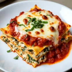 - 9 lasagna noodles - 2 cups ricotta cheese - 2 cups shredded mozzarella cheese - 1 cup grated Parmesan cheese - 2 cups marinara sauce - 1 large egg - 2 cups fresh spinach, chopped - 1 teaspoon dried oregano - 1 teaspoon garlic powder - Salt and freshly cracked black pepper to taste - Fresh basil leaves for garnish (optional) When measuring, I find it helpful to use dry measuring cups for the cheeses and liquid cups for the marinara sauce. A standard cup holds 8 ounces. If you prefer precise measurements, consider weighing the cheese. For example, 1 cup of ricotta weighs around 8 ounces. This ensures your sauce-to-noodle ratio stays balanced. Using fresh ingredients makes a big difference in taste. Fresh spinach adds a nice crunch and flavor. I like to use homemade marinara when I can, but store-bought works too. Look for a brand that uses simple ingredients. For cheese, I recommend using whole-milk ricotta for creaminess. Shredded mozzarella should be low-moisture to melt nicely. Remember, quality ingredients lead to a better dish! {{ingredient_image_2}} Set your oven to 375&deg;F (190&deg;C). This heat helps cook the lasagna evenly. A hot oven is key for a great finish. Boil a large pot of salted water. Add the lasagna noodles. Cook them until they are al dente. This usually takes around 8-10 minutes. Drain the noodles and lay them flat on a clean kitchen towel. This step stops them from sticking together. In a big bowl, mix together the ricotta cheese and one large egg. Add the chopped spinach, dried oregano, garlic powder, salt, and pepper. Stir it all until it&rsquo;s smooth and creamy. This mixture adds flavor and richness to the lasagna. Start by pouring a thin layer of marinara sauce at the bottom of a 9x13 inch baking dish. This keeps the noodles from sticking. 1. Place 3 lasagna noodles side by side over the sauce. 2. Spread half of the ricotta mixture over the noodles. 3. Sprinkle a generous amount of shredded mozzarella on top. 4. Pour about one-third of the remaining marinara sauce over the cheese. Repeat these steps for the next layer. Add 3 more noodles, the rest of the ricotta mixture, some mozzarella, and another layer of marinara sauce. For the final layer, add the last 3 noodles on top. Spread the remaining marinara sauce evenly across them. Top with the rest of the mozzarella and grated Parmesan cheese. Cover the dish tightly with aluminum foil. This prevents the cheese from sticking. Bake it in the preheated oven for 25 minutes. After 25 minutes, carefully take off the foil. Bake for another 15 minutes. This helps the cheese bubble and turn golden. Once done, let the lasagna cool for about 10 minutes. This makes it easier to slice. If you like, garnish with fresh basil leaves for extra flavor. Enjoy your delicious homemade lasagna! To save time, prep your ingredients before cooking. Start with the ricotta mixture. Blend the ricotta cheese, egg, spinach, oregano, garlic powder, salt, and pepper in one bowl. This step is quick and easy. While you mix, boil the noodles in another pot. This way, both tasks happen at the same time. You can also lay the noodles flat on a towel as soon as they are done. This keeps them from sticking. Fresh spinach adds a pop of color and nutrition. It makes the lasagna feel lighter. You can also use fresh basil for a burst of flavor. It brightens every bite. If you love cheese, add more mozzarella or a bit of goat cheese. These options turn your dish into a cheesy dream. Keep your ingredients colorful and fresh for a tasty meal that looks good too. Using pre-cooked noodles can cut down your time. No-boil noodles cook faster since they absorb sauce while baking. If you need to save even more time, make the lasagna a day ahead. Just cover it and store it in your fridge. On the day you want to eat, pop it in the oven. Just remember to increase your baking time by about 10 minutes. This way, your weeknight lasagna is delicious and stress-free! Pro Tips Perfectly Cooked Noodles: Ensure your lasagna noodles are cooked al dente. They will continue to cook while baking, preventing a mushy texture. Layering Technique: Spread your marinara sauce evenly between layers to avoid dry spots and ensure every bite is flavorful. Cheese Variations: Feel free to mix and match cheeses! Try adding provolone or fontina for a unique flavor twist. Resting Time: Allow the lasagna to rest for at least 10 minutes before slicing. This helps the layers set and makes serving easier. {{image_4}} You can easily make this lasagna vegetarian. Replace meat with veggies. Use mushrooms, zucchini, or bell peppers. You can also add more spinach. This makes the dish colorful and healthy. Just layer the veggies in place of meat. For meat lovers, add ground beef or Italian sausage. Cook meat first, then mix it with marinara sauce. Layer it like you would cheese. This gives you a rich flavor in every bite. You can also mix in pepperoni for a fun twist. If you need a gluten-free option, use gluten-free lasagna noodles. Many brands offer this now. Check the package for cooking instructions. You can also use thinly sliced zucchini as a noodle. This keeps it light and fresh while still delicious. To keep your lasagna fresh, store it in an airtight container. Place it in the fridge. Make sure it cools down to room temperature first. It will stay good for up to four days. If you have a large portion, cut it into smaller pieces. This makes it easier to grab when you want a quick meal. Freezing is a great option for longer storage. Let the lasagna cool completely. Wrap it tightly in plastic wrap. Then, cover it with aluminum foil. You can freeze it for up to three months. When you're ready to eat it, thaw it in the fridge overnight before reheating. To reheat, you can use the oven or microwave. For the oven, preheat it to 350&deg;F (175&deg;C). Place your lasagna in an oven-safe dish. Cover it with foil to prevent drying out. Bake for about 25 minutes. If using a microwave, place a slice on a plate. Heat it on medium power for about 2-3 minutes. Check to make sure it&rsquo;s hot all the way through. Enjoy your tasty leftovers! Yes, you can use no-boil lasagna noodles. These noodles save time since you don&rsquo;t need to cook them first. Just layer them directly in the dish with sauce. The moisture from the sauce cooks the noodles in the oven. This recipe yields about six servings. It&rsquo;s perfect for a family dinner or leftovers for lunch. You can easily double the recipe if you have more guests. The best way to reheat lasagna is in the oven. Preheat your oven to 350&deg;F (175&deg;C). Cover the lasagna with foil to keep it moist. Heat for about 20-25 minutes. You can also use the microwave for quick reheating, but it may not warm evenly. Yes, you can make lasagna ahead of time. Assemble it and cover it tightly with foil. You can store it in the fridge for a day or freeze it for up to three months. Bake it from frozen, adding extra time to cook. If you need a substitute for ricotta cheese, try cottage cheese or cream cheese. Blend them for a smoother texture. You can also use Greek yogurt for a healthier option. Each will change the flavor slightly but will still taste great. This blog post covered key ingredients, steps, tips, and variations for making lasagna. I shared my best prep tricks and storage methods. You can easily adapt this dish, whether you prefer vegetarian options or fast cooking tips. Remember, using fresh ingredients makes a big difference in taste. Now you have all the tools to create a fantastic lasagna. Enjoy every bite!