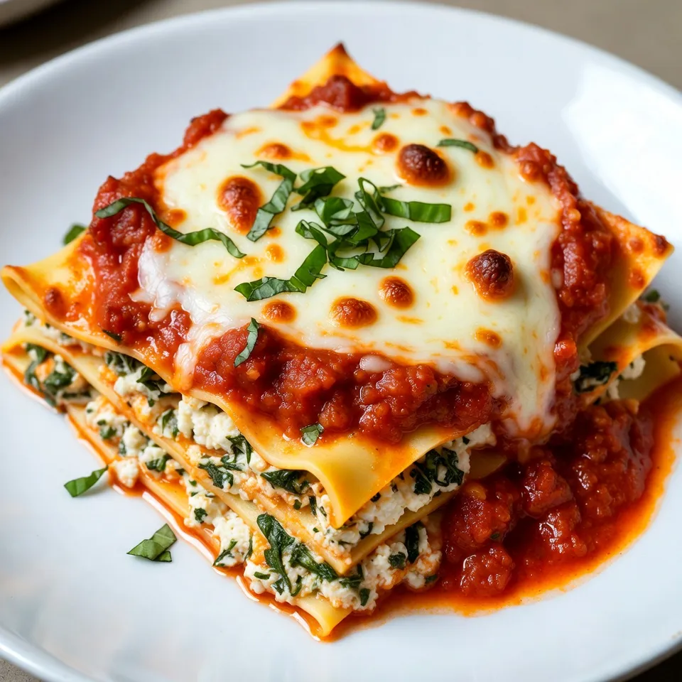 - 9 lasagna noodles - 2 cups ricotta cheese - 2 cups shredded mozzarella cheese - 1 cup grated Parmesan cheese - 2 cups marinara sauce - 1 large egg - 2 cups fresh spinach, chopped - 1 teaspoon dried oregano - 1 teaspoon garlic powder - Salt and freshly cracked black pepper to taste - Fresh basil leaves for garnish (optional) When measuring, I find it helpful to use dry measuring cups for the cheeses and liquid cups for the marinara sauce. A standard cup holds 8 ounces. If you prefer precise measurements, consider weighing the cheese. For example, 1 cup of ricotta weighs around 8 ounces. This ensures your sauce-to-noodle ratio stays balanced. Using fresh ingredients makes a big difference in taste. Fresh spinach adds a nice crunch and flavor. I like to use homemade marinara when I can, but store-bought works too. Look for a brand that uses simple ingredients. For cheese, I recommend using whole-milk ricotta for creaminess. Shredded mozzarella should be low-moisture to melt nicely. Remember, quality ingredients lead to a better dish! {{ingredient_image_2}} Set your oven to 375°F (190°C). This heat helps cook the lasagna evenly. A hot oven is key for a great finish. Boil a large pot of salted water. Add the lasagna noodles. Cook them until they are al dente. This usually takes around 8-10 minutes. Drain the noodles and lay them flat on a clean kitchen towel. This step stops them from sticking together. In a big bowl, mix together the ricotta cheese and one large egg. Add the chopped spinach, dried oregano, garlic powder, salt, and pepper. Stir it all until it’s smooth and creamy. This mixture adds flavor and richness to the lasagna. Start by pouring a thin layer of marinara sauce at the bottom of a 9x13 inch baking dish. This keeps the noodles from sticking. 1. Place 3 lasagna noodles side by side over the sauce. 2. Spread half of the ricotta mixture over the noodles. 3. Sprinkle a generous amount of shredded mozzarella on top. 4. Pour about one-third of the remaining marinara sauce over the cheese. Repeat these steps for the next layer. Add 3 more noodles, the rest of the ricotta mixture, some mozzarella, and another layer of marinara sauce. For the final layer, add the last 3 noodles on top. Spread the remaining marinara sauce evenly across them. Top with the rest of the mozzarella and grated Parmesan cheese. Cover the dish tightly with aluminum foil. This prevents the cheese from sticking. Bake it in the preheated oven for 25 minutes. After 25 minutes, carefully take off the foil. Bake for another 15 minutes. This helps the cheese bubble and turn golden. Once done, let the lasagna cool for about 10 minutes. This makes it easier to slice. If you like, garnish with fresh basil leaves for extra flavor. Enjoy your delicious homemade lasagna! To save time, prep your ingredients before cooking. Start with the ricotta mixture. Blend the ricotta cheese, egg, spinach, oregano, garlic powder, salt, and pepper in one bowl. This step is quick and easy. While you mix, boil the noodles in another pot. This way, both tasks happen at the same time. You can also lay the noodles flat on a towel as soon as they are done. This keeps them from sticking. Fresh spinach adds a pop of color and nutrition. It makes the lasagna feel lighter. You can also use fresh basil for a burst of flavor. It brightens every bite. If you love cheese, add more mozzarella or a bit of goat cheese. These options turn your dish into a cheesy dream. Keep your ingredients colorful and fresh for a tasty meal that looks good too. Using pre-cooked noodles can cut down your time. No-boil noodles cook faster since they absorb sauce while baking. If you need to save even more time, make the lasagna a day ahead. Just cover it and store it in your fridge. On the day you want to eat, pop it in the oven. Just remember to increase your baking time by about 10 minutes. This way, your weeknight lasagna is delicious and stress-free! Pro Tips Perfectly Cooked Noodles: Ensure your lasagna noodles are cooked al dente. They will continue to cook while baking, preventing a mushy texture. Layering Technique: Spread your marinara sauce evenly between layers to avoid dry spots and ensure every bite is flavorful. Cheese Variations: Feel free to mix and match cheeses! Try adding provolone or fontina for a unique flavor twist. Resting Time: Allow the lasagna to rest for at least 10 minutes before slicing. This helps the layers set and makes serving easier. {{image_4}} You can easily make this lasagna vegetarian. Replace meat with veggies. Use mushrooms, zucchini, or bell peppers. You can also add more spinach. This makes the dish colorful and healthy. Just layer the veggies in place of meat. For meat lovers, add ground beef or Italian sausage. Cook meat first, then mix it with marinara sauce. Layer it like you would cheese. This gives you a rich flavor in every bite. You can also mix in pepperoni for a fun twist. If you need a gluten-free option, use gluten-free lasagna noodles. Many brands offer this now. Check the package for cooking instructions. You can also use thinly sliced zucchini as a noodle. This keeps it light and fresh while still delicious. To keep your lasagna fresh, store it in an airtight container. Place it in the fridge. Make sure it cools down to room temperature first. It will stay good for up to four days. If you have a large portion, cut it into smaller pieces. This makes it easier to grab when you want a quick meal. Freezing is a great option for longer storage. Let the lasagna cool completely. Wrap it tightly in plastic wrap. Then, cover it with aluminum foil. You can freeze it for up to three months. When you're ready to eat it, thaw it in the fridge overnight before reheating. To reheat, you can use the oven or microwave. For the oven, preheat it to 350°F (175°C). Place your lasagna in an oven-safe dish. Cover it with foil to prevent drying out. Bake for about 25 minutes. If using a microwave, place a slice on a plate. Heat it on medium power for about 2-3 minutes. Check to make sure it’s hot all the way through. Enjoy your tasty leftovers! Yes, you can use no-boil lasagna noodles. These noodles save time since you don’t need to cook them first. Just layer them directly in the dish with sauce. The moisture from the sauce cooks the noodles in the oven. This recipe yields about six servings. It’s perfect for a family dinner or leftovers for lunch. You can easily double the recipe if you have more guests. The best way to reheat lasagna is in the oven. Preheat your oven to 350°F (175°C). Cover the lasagna with foil to keep it moist. Heat for about 20-25 minutes. You can also use the microwave for quick reheating, but it may not warm evenly. Yes, you can make lasagna ahead of time. Assemble it and cover it tightly with foil. You can store it in the fridge for a day or freeze it for up to three months. Bake it from frozen, adding extra time to cook. If you need a substitute for ricotta cheese, try cottage cheese or cream cheese. Blend them for a smoother texture. You can also use Greek yogurt for a healthier option. Each will change the flavor slightly but will still taste great. This blog post covered key ingredients, steps, tips, and variations for making lasagna. I shared my best prep tricks and storage methods. You can easily adapt this dish, whether you prefer vegetarian options or fast cooking tips. Remember, using fresh ingredients makes a big difference in taste. Now you have all the tools to create a fantastic lasagna. Enjoy every bite!