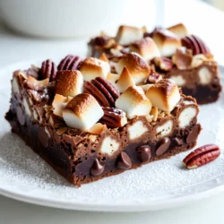 - 1 cup unsalted butter, melted - 2 cups granulated sugar - 4 large eggs - 1 teaspoon vanilla extract - 1 cup all-purpose flour - &frac12; cup unsweetened cocoa powder - &frac12; teaspoon baking powder - &frac12; teaspoon salt - 1 cup semi-sweet chocolate chips - 1 cup shredded coconut - 1 cup chopped pecans (or walnuts) - 1 cup sweetened condensed milk - &frac12; cup mini marshmallows (for topping) Butter adds richness and moisture. Sugar sweetens and helps with texture. Eggs bind the mix and add fluffiness. Vanilla extract gives a warm, sweet flavor. All-purpose flour forms the base of the brownies. Cocoa powder adds deep chocolate flavor. Baking powder helps the brownies rise. Salt balances the sweetness. Chocolate chips provide gooey chocolate pockets. Shredded coconut adds chewiness. Chopped pecans add crunch and flavor. Sweetened condensed milk keeps the layers moist. Mini marshmallows on top add sweetness and a fun look. If you're allergic to nuts, skip the pecans. Use sunflower seeds instead for crunch. For gluten-free brownies, swap all-purpose flour with almond flour. If you need a dairy-free option, use coconut oil and dairy-free chocolate chips. To replace eggs, use flaxseed meal mixed with water for binding. If you're avoiding sugar, try a sugar substitute like coconut sugar or stevia. {{ingredient_image_2}} Start by preheating your oven to 350&deg;F (175&deg;C). This will ensure even baking. Next, take a 9x13-inch baking pan. Grease it well with butter or cooking spray. This helps the brownies come out easily after baking. In a large mixing bowl, pour in 1 cup of melted butter. Add 2 cups of granulated sugar and whisk them together. Your mixture should look smooth. Then, add 4 large eggs, one at a time. Mix well after each egg. This makes the batter rich and fluffy. Finally, stir in 1 teaspoon of vanilla extract for a lovely flavor. In a separate bowl, sift together 1 cup of all-purpose flour, &frac12; cup of cocoa powder, &frac12; teaspoon of baking powder, and &frac12; teaspoon of salt. This step keeps your batter smooth. Gradually mix the dry ingredients into the wet mix. Be gentle to avoid overmixing! Once combined, fold in 1 cup of semi-sweet chocolate chips. This adds yummy chocolate pockets. Pour half of the brownie batter into your baking pan. Use a spatula to spread it evenly. Now, sprinkle 1 cup of shredded coconut and 1 cup of chopped pecans on top. Drizzle 1 cup of sweetened condensed milk over this layer. This will keep it moist and sweet. Finally, pour the remaining brownie batter over the coconut and pecans, smoothing it out. Distribute &frac12; cup of mini marshmallows on top. Press them down lightly so they stick during baking. Place your pan in the preheated oven and bake for 30-35 minutes. To check if they are done, insert a toothpick in the center. It should come out mostly clean with a few moist crumbs. Once baked, take the pan out and let it cool for at least 20 minutes. This helps the brownies set. After cooling, slice them into squares for serving. Enjoy your delicious Holiday Magic Layer Brownies! To bake perfect brownies, start with room temperature ingredients. This helps them mix better. Preheat your oven to 350&deg;F (175&deg;C) before you begin. Use a 9x13 inch pan and grease it well. This prevents the brownies from sticking. For a fudgy texture, avoid overbaking. Check them at 30 minutes. The toothpick should come out with a few moist crumbs. Mixing is key, but overmixing can ruin your brownies. When combining wet and dry ingredients, stir gently. Mix just until you see no flour. This keeps the brownies soft and chewy. Remember, lumps are okay! They will bake out in the oven. You can boost the flavor of your brownies easily. Consider adding a pinch of espresso powder. This deepens the chocolate taste. You could also swap in white chocolate chips for a fun twist. Try adding crushed peppermint candies for a festive touch. For texture, add more nuts or a layer of caramel. The options are endless! Pro Tips Use Room Temperature Eggs: Make sure your eggs are at room temperature before mixing them into the batter. This helps create a smoother, more homogeneous mixture, leading to better texture in your brownies. Don't Overmix: When combining the dry and wet ingredients, mix just until combined. Overmixing can lead to tough brownies, so keep it gentle for that perfect fudgy texture. Let Them Cool: Allow the brownies to cool completely in the pan before slicing. This helps them set properly and makes for cleaner cuts, ensuring those beautiful layers are visible. Experiment with Toppings: Feel free to customize the toppings! Consider adding crushed candy canes, peanut butter chips, or a drizzle of caramel for a unique twist on these holiday brownies. {{image_4}} You can change the nuts in these brownies. Instead of pecans, try walnuts or almonds. Each adds a different taste and crunch. You can also use hazelnuts for a unique twist. If you want a nut-free version, simply skip the nuts or use seeds like sunflower seeds. You can also try adding different flavors. Swap out vanilla extract for almond extract. This gives your brownies a new flavor profile. You can even add a few drops of peppermint extract for a holiday touch. The holidays inspire fun twists on these brownies. For Halloween, add candy corn or chocolate-covered pretzels. For Thanksgiving, mix in pumpkin spice or chopped dried cranberries. In the winter, top with crushed candy canes for a festive flair. For Christmas, use red and green sprinkles on top. During Easter, you can add pastel-colored candies for a bright look. Seasonal additions keep your brownies fresh and exciting all year round. You can make these brownies gluten-free. Use a gluten-free flour blend in place of all-purpose flour. Check the labels to ensure all ingredients are gluten-free. For a vegan version, replace the eggs with flax eggs. Mix one tablespoon of ground flaxseed with three tablespoons of water for each egg. Use a plant-based butter instead of regular butter. Also, choose vegan chocolate chips to keep it dairy-free. These options let everyone enjoy the magic of these brownies, no matter their diet! I love to keep my Holiday Magic Layer Brownies fresh! After they cool, slice the brownies into squares. Place them in an airtight container. This keeps them soft and moist. You can store them at room temperature for up to four days. If you want them to last longer, the fridge works too. Just make sure to seal them well. Freezing brownies is a great option for later! First, let them cool completely. Wrap each square in plastic wrap. Then, place the wrapped brownies in a freezer bag. They can stay frozen for up to three months. When you're ready to enjoy them, just take them out and let them thaw at room temperature. To make your brownies taste fresh again, reheat them gently. You can use the microwave. Warm one square for about 10-15 seconds. If you prefer the oven, preheat it to 350&deg;F (175&deg;C). Place the brownies on a baking sheet and heat for about 5-10 minutes. This way, you&rsquo;ll enjoy that warm, gooey goodness! You can tell the brownies are done when a toothpick comes out mostly clean. Insert the toothpick in the center. If it has a few moist crumbs, it&rsquo;s perfect. If the toothpick is wet with batter, they need more time. Bake them for 30-35 minutes, but check early. Every oven is a little different, so keep an eye on them. Yes, you can make these brownies ahead of time. They taste great after a day or two. Just store them in an airtight container at room temperature. This helps the flavors meld together. You can also freeze them for longer storage. Just wrap them well in plastic wrap and then foil. If you need a substitute for sweetened condensed milk, you have options. You can use coconut milk with sugar added. Another choice is evaporated milk mixed with sugar. Both options give a sweet and creamy layer in the brownies. To make your brownies chewy and fudgy, focus on the fat-to-flour ratio. Use more fat, like butter, and less flour. Make sure not to overmix the batter. This keeps the brownies dense and chewy. Also, baking them for the right time helps achieve that perfect fudgy texture. You learned about creating delicious Holiday Magic Layer Brownies. We explored key ingredients and how they work together. You saw tips for the perfect texture and flavor. I shared safe substitutions for allergies. Plus, there are fun variations for every season. Remember to store leftovers well and reheat correctly for the best taste. Now, you have all the tools to make these brownies shine at your next holiday gathering. Enjoy baking and sharing this treat with others!