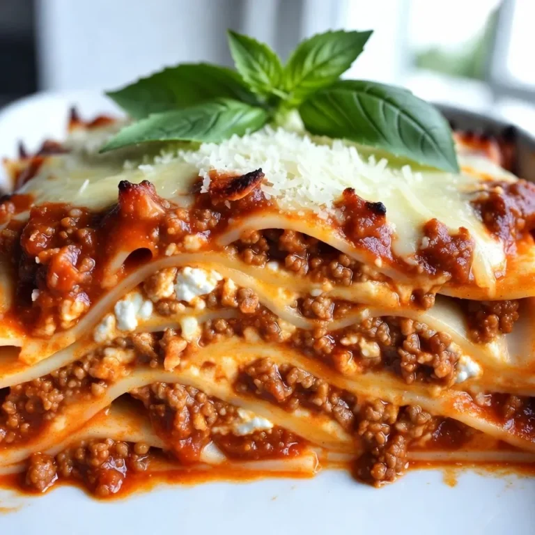 - 12 lasagna noodles - 1 pound ground beef - 1 pound Italian sausage, casing removed - 1 onion, finely chopped - 3 cloves garlic, minced - 2 jars (24 oz each) marinara sauce - 15 oz ricotta cheese - 1 large egg - 2 cups shredded mozzarella cheese - 1 cup grated Parmesan cheese - 1 teaspoon dried oregano - 1 teaspoon dried basil - Salt and pepper, to taste - Fresh basil leaves, for garnish Using high-quality ingredients makes a big difference. The ground beef and Italian sausage bring rich flavor. Fresh garlic and onion add aroma and depth to your sauce. Marinara sauce is key for that classic taste. Opt for whole-milk ricotta for creaminess in each layer. Don’t skimp on mozzarella and Parmesan; they give the dish its cheesy goodness. Fresh basil leaves for garnish add a burst of color and flavor. You can easily adjust this recipe to fit your needs. For a vegetarian option, swap the meats for veggies like mushrooms or spinach. Use lentils for protein. If you are dairy-free, try cashew cheese or tofu. Gluten-free noodles work well instead of regular lasagna noodles. Always check labels to ensure your substitutes fit your dietary needs. {{ingredient_image_2}} Start by boiling a large pot of salted water. Once it bubbles, add the lasagna noodles. Cook them for about 8-10 minutes until they are al dente. Be careful not to overcook them! Drain the noodles and lay them flat on a clean kitchen towel. This step keeps them from sticking together. While the noodles cook, heat a large skillet over medium heat. Add the ground beef and Italian sausage, breaking them apart as they cook. Cook until they are browned and fully done. Drain any fat that collects in the skillet. Next, add the finely chopped onion and garlic to the meat. Sauté them for about 3-4 minutes until the onion becomes soft and clear. Pour in the marinara sauce and stir well. Let this sauce simmer for about 10 minutes. Season it with salt, pepper, oregano, and basil to taste. Grab a 9x13-inch baking dish and start with a thin layer of meat sauce at the bottom. Place 4 lasagna noodles on top, making sure to leave space between them. Spoon half of the ricotta mixture over the noodles. Spread it evenly with a fork. Then sprinkle one-third of the mozzarella cheese on top. Repeat this layering: add more meat sauce, 4 more noodles, the rest of the ricotta, and another one-third of mozzarella. For the final layer, place the last noodles on top and cover them with the remaining meat sauce. Finish by adding the rest of the mozzarella and all of the Parmesan cheese. Cover the dish tightly with aluminum foil and bake it in the preheated oven for 25 minutes. After that, remove the foil and bake for another 15-20 minutes until the cheese is bubbly and golden. Let it cool for 10 minutes before slicing. Enjoy your delicious lasagna! To make your lasagna perfect, pay close attention to the layers. Use enough sauce to keep it moist. If the noodles are too dry, the dish can become hard to eat. Always boil the noodles until they are al dente. This helps them hold their shape in the layers. Use quality cheeses for the best flavor. I recommend whole-milk ricotta and fresh mozzarella. These add creaminess and richness. Don't forget to season every layer. A pinch of salt and pepper in the ricotta and sauce makes a big difference. For a beautiful presentation, slice the lasagna with a sharp knife after it cools. This helps keep the layers neat. Serve each slice on a warm plate with a drizzle of marinara sauce. A sprinkle of extra Parmesan cheese adds a lovely touch. Garnish with fresh basil leaves for color and flavor. Consider serving a simple green salad on the side. This adds freshness to the meal. To make this lasagna, you need some key tools. A large pot for boiling noodles is essential. Use a big skillet for cooking the meat and sauce. A 9x13-inch baking dish is perfect for layering. A sharp knife helps cut the lasagna and a spatula is great for serving. An aluminum foil cover is key for the baking process. These tools make the cooking and serving easier. Pro Tips Perfect Noodle Texture: Ensure the lasagna noodles are cooked al dente. They will continue to cook while baking, preventing a mushy texture. Layering Technique: When layering, ensure that you spread each layer evenly to achieve balanced flavors and a consistent texture throughout the lasagna. Cheese Variations: Feel free to mix different types of cheese, such as provolone or fontina, for a unique twist on the classic flavor profile. Resting Time: Allow the lasagna to rest for at least 10 minutes before cutting it. This helps the layers set and makes for cleaner slices. {{image_4}} You can make a tasty vegetarian version of this lasagna. Swap the meat for veggies. Try using zucchini, bell peppers, and mushrooms. These will add great flavor and texture. You can also use lentils or chickpeas for protein. Add extra marinara sauce to keep it moist. This version is just as hearty and filling! For a gluten-free version, use gluten-free lasagna noodles. There are many good brands available now. Substitute regular cheese with lactose-free options if needed. You can also make your own noodles using almond flour or zucchini slices. This way, you can enjoy the lasagna without gluten. Get creative by adding unique ingredients. Spinach is a great addition for extra nutrition. Just sauté it lightly before layering. Mushrooms add a rich, earthy flavor. You can even mix in ricotta cheese with herbs for a twist. Consider adding pesto to the sauce for an exciting flavor change. These twists keep the dish fun and fresh! After enjoying your delicious lasagna, let it cool down. This helps keep the taste fresh. Cover the leftovers with plastic wrap or aluminum foil. You can also use an airtight container. Store it in the fridge. It lasts about 3 to 5 days. If you want to save it longer, freezing is a great option. To freeze lasagna, allow it to cool completely first. Cut it into portions for easy thawing. Wrap each piece in plastic wrap. Then, place the wrapped pieces in a freezer bag. This way, it stays fresh for up to 3 months. When ready to eat, thaw in the fridge overnight. Reheat it in the oven at 350°F (175°C). Cover it with foil to keep it moist. Bake until heated through, about 25 minutes. Choose containers that seal tightly. Glass or plastic containers work well. They keep your lasagna fresh and make it easy to see what's inside. If using freezer bags, make sure to squeeze out as much air as possible. This helps prevent freezer burn. Always label your containers with the date. This way, you know how long they have been stored. Yes, you can make Million Dollar Italian Lasagna ahead of time. Prepare the lasagna up to the baking step. Cover it tightly with foil and store it in the fridge for a day. You can also freeze it. Just wrap it well and place it in the freezer. When you are ready to bake it, thaw it overnight in the fridge. Then, bake as usual. To check if your lasagna is done, look for golden, bubbly cheese on top. Insert a knife in the center. If it goes in easily and feels hot, it’s ready. Also, the edges should be slightly crisp. Let it cool for about ten minutes before slicing. This helps the layers set, making it easier to serve. Pair your lasagna with a fresh salad for a colorful meal. A simple green salad with vinaigrette works well. Garlic bread is another great choice. It complements the flavors and adds crunch. You might also like a side of steamed veggies. They add color and nutrients to your plate. For drinks, a nice red wine or sparkling water can enhance the meal. This blog post covered all you need to know about making Million Dollar Lasagna. We explored the key ingredients and how to substitute them for your diet. The step-by-step instructions ensured you can cook the perfect meal with ease. Plus, tips helped you nail the presentation. You also learned exciting variations to keep this dish fresh. Lastly, proper storage and reheating tips will keep your leftovers tasty. I hope you feel confident to create a delicious lasagna that impresses everyone!