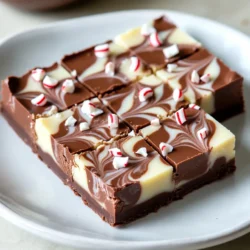 To make peppermint swirl fudge, you will need: - 2 cups semi-sweet chocolate chips - 1 cup white chocolate chips - 1 can (14 oz) sweetened condensed milk - 1 teaspoon peppermint extract - 1/2 teaspoon vanilla extract - 1/4 cup crushed peppermint candies (plus extra for topping) - A pinch of salt If you need to swap some ingredients, here are some ideas: - Chocolate chips: You can use milk chocolate or dark chocolate instead. - Sweetened condensed milk: Try coconut milk for a dairy-free option. - Peppermint extract: Use vanilla extract for a milder flavor. - Crushed peppermint candies: Crushed chocolate candies work well too. To make this fudge, gather these tools: - An 8x8 inch square baking pan - Parchment paper for lining the pan - Two microwave-safe bowls - A microwave for melting chocolate - A knife or toothpick for swirling - A sharp knife for cutting the fudge These simple tools will help you create a delicious and festive treat. Enjoy the process of making this treat! {{ingredient_image_2}} Start by getting an 8x8 inch square baking pan. Line it with parchment paper. Leave some paper hanging over the edges. This will help you lift the fudge out later. Make sure the paper fits snugly in the corners. This step makes cleanup easy and keeps your fudge intact. In a microwave-safe bowl, combine 2 cups of semi-sweet chocolate chips with 7 ounces of sweetened condensed milk. Heat this mixture in the microwave. Use 30-second bursts, stirring well after each. Keep heating until the chocolate melts smoothly. Once done, set this bowl aside. Next, take another bowl and add 1 cup of white chocolate chips. Mix in the remaining sweetened condensed milk. Again, microwave in 30-second intervals, stirring well. Stop when the white chocolate is fully melted and creamy. Now, stir in 1 teaspoon of peppermint extract and 1/2 teaspoon of vanilla into the melted white chocolate. Mix until smooth. Add a pinch of salt and fold in 1/4 cup of crushed peppermint candies. Save a little to sprinkle on top later. This adds a nice crunch and festive look. Pour the semi-sweet chocolate mixture into your prepared pan. Spread it evenly across the bottom. Then, spoon the white chocolate mixture over the top. Try to keep it even. Take a knife or toothpick and swirl the two layers gently. Make sure you create a nice marbled look without fully mixing them. Sprinkle the reserved crushed peppermint candies over the top for extra flair. Place the pan in the fridge for about 2-3 hours. This will help the fudge set firmly. Once it&rsquo;s set, use the overhanging parchment paper to lift the fudge out. Cut it into small squares. Enjoy your festive treat! To get that soft and creamy texture in your fudge, use good quality chocolate. I prefer semi-sweet and white chocolate chips. Make sure to melt them gently. Heat in short bursts in the microwave. Stir well after each round. This keeps the chocolate smooth and prevents burning. Mixing in sweetened condensed milk adds creaminess too. Don't skip the pinch of salt; it enhances the flavors. One common mistake is overcooking the chocolate. This makes it grainy and hard. Always check it every 30 seconds. Another mistake is not chilling long enough. If the fudge is soft, it will not cut well. Patience is key! Also, be careful not to mix the two layers too much. You want distinct swirls, not one solid color. To create beautiful swirls, spoon the white chocolate on top gently. Use a knife or toothpick to swirl them together. Start at one edge and zig-zag your way across. Make sure to lift the knife after each stroke. This keeps the colors separate. Aim for a marbled look without blending completely. It&rsquo;s all about control and a light touch! Pro Tips Use Quality Chocolate: The flavor of your fudge heavily depends on the quality of chocolate you use. Opt for high-quality semi-sweet and white chocolate chips for the best results. Chill for Perfect Texture: Allow the fudge to chill completely in the refrigerator. This helps it to set properly, achieving the perfect firm yet creamy texture. Customize Your Peppermint: If you love peppermint, consider adding a few drops of peppermint oil for a stronger flavor, but be cautious as it can be potent! Experiment with Toppings: Don&rsquo;t hesitate to get creative with toppings! Try adding crushed nuts, chocolate shavings, or even a drizzle of caramel for a unique twist. {{image_4}} You can add fun flavors to your peppermint swirl fudge. Try using almond or orange extract. Just use 1/2 teaspoon for a nice twist. This will create a unique taste that surprises your family and friends. Experimenting with different extracts keeps things exciting. Mixing chocolates is a great way to change the taste. You can use dark chocolate instead of semi-sweet. This will give your fudge a rich, bold flavor. You could also use milk chocolate for a sweeter fudge. Combining these chocolates can lead to delicious results. Feel free to add seasonal goodies to your fudge. You can mix in chopped nuts, like walnuts or pecans. Dried fruits such as cranberries or cherries add a fruity touch. For a festive look, sprinkle festive sprinkles or colored sugar on top. These choices brighten up your fudge and make it perfect for celebrations. To keep your peppermint swirl fudge fresh, store it in an airtight container. Place parchment paper between layers to prevent sticking. This keeps the fudge soft and tasty. You can store it at room temperature for a few days. If your kitchen is warm, consider placing it in the fridge. You can freeze peppermint swirl fudge for longer storage. Wrap each piece in plastic wrap, then place them in a freezer-safe bag. This way, your fudge stays fresh for up to three months. When you want to enjoy it, take it out and let it thaw at room temperature. Peppermint swirl fudge lasts about a week at room temperature. If you keep it in the fridge, it can last two weeks. Always check for signs of spoilage, such as odd smells or changes in texture. Storing it properly helps it stay delicious and safe to eat. If you don't have peppermint extract, you can use mint extract. Mint extract has a similar flavor but may taste different. You can also try almond extract for a unique twist. Just remember to use less than you would peppermint extract, as almond flavor is strong. Yes, you can make this fudge ahead of time. It lasts well in the fridge for up to two weeks. Just cut it into squares and store it in an airtight container. This way, you save time on the day of your event. The fudge is ready when it feels firm to the touch. You can press down gently; it should not feel sticky. A good test is to look for a smooth surface. After chilling for 2-3 hours, it should be perfect for cutting. You can use low-fat sweetened condensed milk, but the texture may change slightly. Low-fat versions can become grainy when melted. For the best fudge, I recommend using regular sweetened condensed milk. It ensures a creamy and smooth finish. This blog post covered every key step in making delicious fudge. We discussed ingredients, tools, and easy instructions. I shared tips for great texture and common mistakes to avoid. You learned about fun variations and how to store your fudge. In the end, making fudge is easy and fun. With the right ingredients and techniques, you can enjoy this sweet treat anytime. Happy baking!