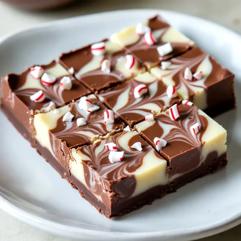 To make peppermint swirl fudge, you will need: - 2 cups semi-sweet chocolate chips - 1 cup white chocolate chips - 1 can (14 oz) sweetened condensed milk - 1 teaspoon peppermint extract - 1/2 teaspoon vanilla extract - 1/4 cup crushed peppermint candies (plus extra for topping) - A pinch of salt If you need to swap some ingredients, here are some ideas: - Chocolate chips: You can use milk chocolate or dark chocolate instead. - Sweetened condensed milk: Try coconut milk for a dairy-free option. - Peppermint extract: Use vanilla extract for a milder flavor. - Crushed peppermint candies: Crushed chocolate candies work well too. To make this fudge, gather these tools: - An 8x8 inch square baking pan - Parchment paper for lining the pan - Two microwave-safe bowls - A microwave for melting chocolate - A knife or toothpick for swirling - A sharp knife for cutting the fudge These simple tools will help you create a delicious and festive treat. Enjoy the process of making this treat! {{ingredient_image_2}} Start by getting an 8x8 inch square baking pan. Line it with parchment paper. Leave some paper hanging over the edges. This will help you lift the fudge out later. Make sure the paper fits snugly in the corners. This step makes cleanup easy and keeps your fudge intact. In a microwave-safe bowl, combine 2 cups of semi-sweet chocolate chips with 7 ounces of sweetened condensed milk. Heat this mixture in the microwave. Use 30-second bursts, stirring well after each. Keep heating until the chocolate melts smoothly. Once done, set this bowl aside. Next, take another bowl and add 1 cup of white chocolate chips. Mix in the remaining sweetened condensed milk. Again, microwave in 30-second intervals, stirring well. Stop when the white chocolate is fully melted and creamy. Now, stir in 1 teaspoon of peppermint extract and 1/2 teaspoon of vanilla into the melted white chocolate. Mix until smooth. Add a pinch of salt and fold in 1/4 cup of crushed peppermint candies. Save a little to sprinkle on top later. This adds a nice crunch and festive look. Pour the semi-sweet chocolate mixture into your prepared pan. Spread it evenly across the bottom. Then, spoon the white chocolate mixture over the top. Try to keep it even. Take a knife or toothpick and swirl the two layers gently. Make sure you create a nice marbled look without fully mixing them. Sprinkle the reserved crushed peppermint candies over the top for extra flair. Place the pan in the fridge for about 2-3 hours. This will help the fudge set firmly. Once it’s set, use the overhanging parchment paper to lift the fudge out. Cut it into small squares. Enjoy your festive treat! To get that soft and creamy texture in your fudge, use good quality chocolate. I prefer semi-sweet and white chocolate chips. Make sure to melt them gently. Heat in short bursts in the microwave. Stir well after each round. This keeps the chocolate smooth and prevents burning. Mixing in sweetened condensed milk adds creaminess too. Don't skip the pinch of salt; it enhances the flavors. One common mistake is overcooking the chocolate. This makes it grainy and hard. Always check it every 30 seconds. Another mistake is not chilling long enough. If the fudge is soft, it will not cut well. Patience is key! Also, be careful not to mix the two layers too much. You want distinct swirls, not one solid color. To create beautiful swirls, spoon the white chocolate on top gently. Use a knife or toothpick to swirl them together. Start at one edge and zig-zag your way across. Make sure to lift the knife after each stroke. This keeps the colors separate. Aim for a marbled look without blending completely. It’s all about control and a light touch! Pro Tips Use Quality Chocolate: The flavor of your fudge heavily depends on the quality of chocolate you use. Opt for high-quality semi-sweet and white chocolate chips for the best results. Chill for Perfect Texture: Allow the fudge to chill completely in the refrigerator. This helps it to set properly, achieving the perfect firm yet creamy texture. Customize Your Peppermint: If you love peppermint, consider adding a few drops of peppermint oil for a stronger flavor, but be cautious as it can be potent! Experiment with Toppings: Don’t hesitate to get creative with toppings! Try adding crushed nuts, chocolate shavings, or even a drizzle of caramel for a unique twist. {{image_4}} You can add fun flavors to your peppermint swirl fudge. Try using almond or orange extract. Just use 1/2 teaspoon for a nice twist. This will create a unique taste that surprises your family and friends. Experimenting with different extracts keeps things exciting. Mixing chocolates is a great way to change the taste. You can use dark chocolate instead of semi-sweet. This will give your fudge a rich, bold flavor. You could also use milk chocolate for a sweeter fudge. Combining these chocolates can lead to delicious results. Feel free to add seasonal goodies to your fudge. You can mix in chopped nuts, like walnuts or pecans. Dried fruits such as cranberries or cherries add a fruity touch. For a festive look, sprinkle festive sprinkles or colored sugar on top. These choices brighten up your fudge and make it perfect for celebrations. To keep your peppermint swirl fudge fresh, store it in an airtight container. Place parchment paper between layers to prevent sticking. This keeps the fudge soft and tasty. You can store it at room temperature for a few days. If your kitchen is warm, consider placing it in the fridge. You can freeze peppermint swirl fudge for longer storage. Wrap each piece in plastic wrap, then place them in a freezer-safe bag. This way, your fudge stays fresh for up to three months. When you want to enjoy it, take it out and let it thaw at room temperature. Peppermint swirl fudge lasts about a week at room temperature. If you keep it in the fridge, it can last two weeks. Always check for signs of spoilage, such as odd smells or changes in texture. Storing it properly helps it stay delicious and safe to eat. If you don't have peppermint extract, you can use mint extract. Mint extract has a similar flavor but may taste different. You can also try almond extract for a unique twist. Just remember to use less than you would peppermint extract, as almond flavor is strong. Yes, you can make this fudge ahead of time. It lasts well in the fridge for up to two weeks. Just cut it into squares and store it in an airtight container. This way, you save time on the day of your event. The fudge is ready when it feels firm to the touch. You can press down gently; it should not feel sticky. A good test is to look for a smooth surface. After chilling for 2-3 hours, it should be perfect for cutting. You can use low-fat sweetened condensed milk, but the texture may change slightly. Low-fat versions can become grainy when melted. For the best fudge, I recommend using regular sweetened condensed milk. It ensures a creamy and smooth finish. This blog post covered every key step in making delicious fudge. We discussed ingredients, tools, and easy instructions. I shared tips for great texture and common mistakes to avoid. You learned about fun variations and how to store your fudge. In the end, making fudge is easy and fun. With the right ingredients and techniques, you can enjoy this sweet treat anytime. Happy baking!
