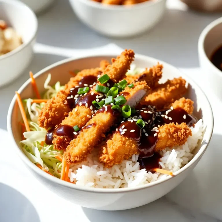 - 2 boneless, skinless chicken breasts - 1 cup panko breadcrumbs - ½ cup all-purpose flour - 2 large eggs - 2 cups cooked white rice (preferably warm) - 1 cup shredded cabbage - ½ cup sliced carrots - ¼ cup sliced green onions - 1 teaspoon salt - ½ teaspoon freshly ground black pepper - 2 tablespoons Katsu sauce - Sesame seeds {{ingredient_image_2}} - Tenderizing the Chicken: Start by tenderizing the chicken breasts. Place each breast inside a plastic bag or wrap them in plastic wrap. Gently pound them with a meat mallet or rolling pin. Aim for an even thickness of about 1/2 inch. This helps the chicken cook evenly. - Setting Up the Breading Station: Create a breading station. Use three shallow dishes. Put the all-purpose flour in the first dish. Whisk the eggs in the second dish until well mixed. Fill the third dish with panko breadcrumbs. This setup makes the breading process smoother. - Seasoning the Flour: Add one teaspoon of salt and ½ teaspoon of black pepper to the flour. Mix it well. This step adds flavor to the chicken. - Dredging and Coating the Chicken: Dredge each chicken breast in the seasoned flour. Make sure it has an even coating. Shake off any extra flour. Then, dip the chicken into the beaten eggs. Let any excess egg drip back into the bowl. - Frying Techniques: Heat about 1/2 inch of oil in a large skillet over medium-high heat. To test if the oil is ready, drop a small piece of bread into the oil. If it sizzles, you are ready to fry. Carefully add the breaded chicken, but do not overcrowd the pan. - Draining Excess Oil: Fry the chicken for 4-5 minutes on each side. Look for a golden brown color. The chicken should reach an internal temperature of 165°F. Once cooked, transfer the chicken to a plate lined with paper towels. This helps drain any extra oil. - Serving the Rice: While the chicken fries, prepare your serving bowl. Place a warm scoop of cooked white rice at the bottom. This rice will be the base of your bowl. - Arranging Vegetables and Chicken: On one side of the rice, add the fresh vegetables. Arrange shredded cabbage and sliced carrots for a nice crunch. Once the chicken is ready and has rested, slice it into strips. Neatly place the chicken on top of the rice. Drizzle Katsu sauce over the chicken and garnish with sliced green onions and sesame seeds. Enjoy your bowl! - Flour vs. Panko: Use panko instead of regular breadcrumbs. Panko makes the coating much crispier. It has a light, airy texture. This helps create that perfect crunch you want in a katsu bowl. - Optimal Cooking Temperature: Heat oil to 350°F (175°C). This is key for frying. If the oil is too cool, the chicken will soak up too much oil. If it's too hot, the coating will burn before the chicken cooks fully. - Colorful Arrangements: Use vibrant vegetables like green cabbage and orange carrots. This makes the bowl look appealing. Neatly arrange the chicken on top of the rice. A well-presented dish is more enjoyable. - Serving Suggestions: Serve with extra Katsu sauce on the side. This lets everyone add more sauce to their liking. Consider using colorful bowls to enhance the meal’s visual appeal. - Overcrowding the Pan: Only fry a few pieces of chicken at a time. Giving each piece space helps it cook evenly. Overcrowding can lead to soggy chicken. - Inadequate Oil Temperature: Always check the oil temperature before frying. If the oil is not hot enough, your katsu will be greasy. Use the bread test: if it sizzles, it's ready! Pro Tips Chicken Tenderizing: Ensure even cooking by tenderizing the chicken to about 1/2 inch thickness. This helps prevent dry or unevenly cooked meat. Oil Temperature: Maintain the oil temperature around 350°F (175°C) for the perfect crispy texture. Use a thermometer or test with a piece of bread to check readiness. Crunchy Panko Coating: For extra crunch, press the panko firmly onto the chicken after dipping in the egg. This helps create a thicker, crunchier layer. Serving Suggestion: Serve the Chicken Katsu Bowl immediately while hot for the best contrast of textures and flavors, ensuring the vegetables stay fresh and crisp. {{image_4}} You can swap out chicken for other proteins. Pork katsu is a popular choice. It uses the same breading method. The pork has a rich flavor that pairs well with the sauce. Simply follow the same steps as chicken katsu, adjusting the cooking time as needed. Tofu katsu is another great option. It’s perfect for vegetarians. Use firm tofu for the best texture. Press the tofu to remove excess water before breading. This helps the coating stick better. The result is crispy and delicious! You can make your katsu experience even better with flavor twists. Homemade katsu sauce is easy to make. Combine ketchup, Worcestershire sauce, and soy sauce in a bowl. Add a bit of sugar and mix well. This sauce gives a sweet and tangy kick to your dish. If you like heat, try a spicy katsu option. Add some chili paste or hot sauce to your katsu sauce. You can adjust the spice level to your taste. This adds a nice zing to the classic flavor. While white rice is common, you can try different grains for variety. Brown rice is a healthy substitute. It has a nuttier flavor and more fiber. Cook it the same way as white rice for a filling base. Quinoa is another great choice. It is packed with protein and has a unique texture. Rinse the quinoa before cooking to remove bitterness. Use it in place of rice for a tasty twist on your katsu bowl. Exploring these variations can make your katsu bowls exciting and fun! - Refrigeration Tips: Place any leftover Katsu bowls in an airtight container. Store them in the fridge for up to three days. Make sure the chicken is fully cooled before sealing. This helps keep flavors fresh. - Freezing Advice: You can freeze the chicken katsu separately. Wrap it tightly in plastic wrap, then place it in a freezer bag. It lasts up to three months. Avoid freezing the rice and vegetables, as they don’t hold up well. - Best Methods for Keeping Crunchiness: To reheat, use an oven or an air fryer. Preheat your oven to 350°F (175°C). Place the chicken on a baking sheet for about 10-15 minutes. This keeps it crunchy. You can also use the air fryer. Set it to 350°F (175°C) for about 5-7 minutes. - Duration for Stored Katsu Bowls: When stored properly, cooked Katsu bowls last three days in the fridge. If frozen, the chicken can stay good for three months. Always check for signs of spoilage before eating. Katsu is a Japanese dish made with breaded and fried meat, usually chicken or pork. The meat is pounded flat, coated in flour, eggs, and panko breadcrumbs, then fried until golden. Katsu is important in Japanese cuisine because it offers a crunchy texture and rich flavor. It is often served with rice, vegetables, and savory sauce. You can make Katsu sauce easily with just a few ingredients. Mix together: - ¼ cup ketchup - 2 tablespoons soy sauce - 1 tablespoon Worcestershire sauce - 1 tablespoon sugar - 1 teaspoon mustard Blend these well. Adjust to taste. This sauce adds a sweet and tangy flavor to your Katsu bowls. Yes, you can bake Katsu for a healthier option. Preheat your oven to 400°F (200°C). After breading the chicken, place it on a baking sheet lined with parchment paper. Spray the chicken lightly with cooking spray. Bake for 20-25 minutes or until golden brown. This method gives you crispy Katsu with less oil. Katsu bowls pair well with fresh sides and drinks. Here are some ideas: - Shredded cabbage for crunch - Sliced carrots for color - Pickled vegetables for tang - Miso soup for warmth - Green tea for a refreshing sip These sides enhance the meal and provide balance to the rich Katsu. Katsu bowls are simple yet tasty. We covered the key ingredients, like chicken, breadcrumbs, and fresh veggies. The step-by-step guide made cooking easy, from preparing the chicken to frying it perfectly. I shared tips to achieve the ideal crunch and common mistakes to avoid. Variations allow you to explore different proteins and flavors. Finally, I outlined storage methods and how to reheat your bowls for optimal taste. Enjoy your cooking journey and savor every bite!
