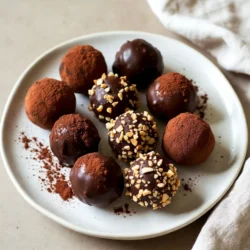 To make these tasty truffles, you need a few key ingredients: - 1 cup semi-sweet chocolate chips - 1/2 cup sweetened condensed milk - 1 tablespoon unsalted butter - 1 teaspoon vanilla extract - A pinch of sea salt These basic ingredients create a rich and creamy truffle base. The chocolate chips give a deep flavor, while the sweetened condensed milk adds sweetness and creaminess. The butter helps to create a smooth texture. You can make these truffles your own by adding some optional ingredients: - 1/4 cup cocoa powder (for rolling) - 1/4 cup chopped nuts (hazelnuts, almonds, or walnuts) Rolling the truffles in cocoa powder gives a nice bitter contrast to the sweet chocolate. Chopped nuts add a crunchy texture and extra flavor. If you want to make some changes, here are some ideas: - Use milk chocolate instead of semi-sweet for a sweeter taste. - Try using dark chocolate for a richer flavor. - Substitute coconut oil for butter for a dairy-free option. These changes can help fit different diets or needs. Feel free to explore and find what works best for you! {{ingredient_image_2}} To start, grab a medium saucepan and set it over low to medium heat. Add 1 cup of semi-sweet chocolate chips, 1/2 cup of sweetened condensed milk, and 1 tablespoon of unsalted butter. Stir the mixture with a spatula or wooden spoon. Keep stirring until the chocolate chips melt and the mixture becomes smooth and glossy. This step is key for a creamy texture. Once the chocolate is melted, take the saucepan off the heat. Stir in 1 teaspoon of vanilla extract and a pinch of sea salt. Make sure these flavors blend well. Let the mixture cool at room temperature for a bit. After that, cover the saucepan with plastic wrap and pop it into the refrigerator. Chill for about 1 to 2 hours. You want it firm enough to handle but not too hard. After chilling, take the mixture out of the fridge. Use a small cookie scoop or your hands to portion it. Roll each piece into a ball about 1 inch wide. This size is perfect for popping in your mouth. If the mixture feels sticky, dampen your hands with a little water. This makes it easier to roll. Now for the fun part: rolling the truffles! You can coat them in 1/4 cup of cocoa powder or 1/4 cup of chopped nuts. Just place your chosen coating in a shallow dish. Roll each truffle in the coating until fully covered. This gives them a nice texture and taste. Once coated, place the truffles on a baking sheet lined with parchment paper. Return them to the fridge for another 30 minutes. This final chill helps them set properly, ensuring they hold their shape. Enjoy your tasty treat! To get a smooth chocolate mix, start with low heat. This prevents burning. Stir often with a spatula or wooden spoon. It helps blend the chocolate chips with the sweetened condensed milk. Keep stirring until the mix is glossy and shiny. If you see lumps, keep mixing. You can also add a bit more butter if needed. Chilling is key for good truffles. After mixing, let the chocolate cool at room temperature. Then cover it with plastic wrap. Place it in the fridge for 1 to 2 hours. This makes the mixture firm enough to handle. If it&rsquo;s too soft, rolling will be hard. Check it after an hour. It should feel firm to the touch. For round truffles, use a cookie scoop for even sizes. This gives you uniform truffles that look nice. If you prefer, you can use your hands. Just make sure to roll them gently. Coat your palms with cocoa powder to avoid sticking. Once rolled, place them on parchment paper to set. This keeps them from sticking to the surface. Pro Tips Use Quality Chocolate: The flavor of your truffles heavily depends on the quality of the chocolate you use. Opt for high-quality semi-sweet chocolate chips for the best results. Chill Properly: Ensure the chocolate mixture is thoroughly chilled before rolling into balls. This makes the process easier and helps the truffles hold their shape better. Experiment with Coatings: Don&rsquo;t limit yourself to cocoa powder and nuts. Try rolling some truffles in shredded coconut, sprinkles, or crushed freeze-dried fruits for a fun twist! Store Correctly: Keep your truffles in an airtight container in the refrigerator to maintain their texture and flavor. They can last up to two weeks if stored properly. {{image_4}} You can coat your truffles in many fun ways. Try rolling them in cocoa powder for a classic touch. If you want a crunch, use chopped nuts like hazelnuts, almonds, or walnuts. You can also dip them in melted chocolate for a rich layer. Add sprinkles for a festive look, or use shredded coconut for a tropical twist. Each coating adds a unique taste and texture. You can change the flavor of your truffles easily. Add a few drops of mint extract for a fresh taste. For a fruity flavor, mix in some orange or raspberry zest. You can even fold in a spoonful of your favorite nut butter for creaminess. Experiment with spices like cinnamon or sea salt to enhance the chocolate flavor. Get creative and find your perfect combo! Making these truffles vegan is simple. Use dairy-free chocolate chips and coconut cream instead of condensed milk. For gluten-free truffles, ensure your chocolate and nuts are certified gluten-free. You can also swap the butter for a vegan option like coconut oil. These changes allow everyone to enjoy this sweet treat without worry. To store chocolate truffles, place them in an airtight container. Use parchment paper to separate layers. Keep the container in the fridge. This helps maintain their texture and taste. Chocolate truffles last up to two weeks in the fridge. If you want to keep them longer, freeze them. They can last for about three months in the freezer. Just make sure to wrap them well in plastic wrap. Place them in a freezer bag before sealing. Always store truffles in a cool place. Avoid direct sunlight and humidity. When you take them out of the fridge, let them sit at room temperature. This helps them regain their smooth texture. Enjoy your sweet treats while they are fresh! Yes, you can use milk chocolate. Milk chocolate will make the truffles sweeter. This change will also affect the texture. The truffles may be creamier and less rich. If you like a sweeter treat, milk chocolate is a good choice. Just remember to adjust the amount of sweetened condensed milk if you want less sweetness. You can make these truffles ahead of time with ease. Just follow the steps as usual. After shaping the truffles, place them in an airtight container. Keep them in the fridge for up to a week. If you want to store them longer, freeze the truffles. They will last for about three months in the freezer. Just let them thaw in the fridge before serving. Gifting chocolate truffles is a sweet idea! First, choose a nice box or container. Line it with parchment paper for a pretty touch. You can also add a ribbon for flair. For a personal touch, write a small note. Include details like the flavors or the story behind the truffles. This will make your gift special and memorable. Making condensed milk chocolate truffles is fun and easy. We explored key ingredients, foolproof steps, and helpful tips. You can customize your truffles with different flavors or dietary needs. The storage tips ensure your treats stay fresh for longer. In the end, these truffles are a sweet and simple delight. Enjoy making them for yourself or as gifts!