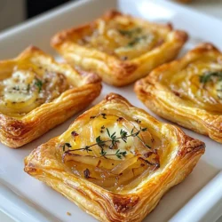 - Puff pastry - Onions - Olive oil - Balsamic vinegar - Granulated sugar - Fresh thyme - Gruyère cheese - Ricotta cheese - Salt and pepper - Egg (for egg wash) Gathering the right ingredients is key for great tarts. You will need puff pastry, which serves as a light and flaky base. I recommend using fresh onions, as they caramelize beautifully, adding rich flavor. Olive oil is best for sautéing the onions. A splash of balsamic vinegar brightens up the taste. Granulated sugar helps the onions caramelize perfectly. Fresh thyme brings a lovely herbal note. Gruyère cheese gives a nutty flavor, while ricotta cheese adds creaminess. Don't forget salt and pepper to enhance all the flavors. Lastly, an egg wash will create a gorgeous golden crust. Having these ingredients ready will make your cooking process smooth and enjoyable! {{ingredient_image_2}} First, preheat your oven to 400°F (200°C). This step is key for a nice bake. Next, heat 2 tablespoons of olive oil in a large skillet over medium heat. Add 3 large, thinly sliced onions. Cook these for about 15-20 minutes. Stir often until the onions are soft and golden. They should smell sweet and rich. Once the onions are caramelized, add 1 tablespoon of balsamic vinegar, 1 teaspoon of granulated sugar, and 1 teaspoon of fresh thyme leaves. Season with salt and freshly ground black pepper to taste. Stir this mix and let it cook for another 5 minutes. Remove the skillet from heat and let it cool slightly. On a lightly floured surface, roll out 1 sheet of thawed puff pastry. Make a rectangle that is easy to work with. Cut the pastry into squares or rounds that fit your tart pans or baking sheet. Transfer the pastry pieces to your prepared baking sheet. Pre-bake them for 10 minutes, until they puff slightly. In a bowl, mix 1 cup of ricotta cheese with half of the 1 cup of grated Gruyère cheese. Add a pinch of salt and freshly ground black pepper. Spread this creamy mix over the pre-baked pastry. Leave a small border around the edges. Next, top with the cooled caramelized onions, spreading them evenly. Finally, sprinkle the remaining Gruyère cheese on top. In a small bowl, beat 1 egg. Use this egg wash to brush the edges of the pastry. This gives your tarts a golden color. Place the tarts in the oven and bake for 15-20 minutes. Watch for the cheese to bubble and the pastry to turn golden brown. When done, remove from the oven and let them cool a few minutes before serving. To caramelize onions well, control the heat. Use medium heat to avoid burning. If the heat is too high, the onions may cook too fast. Stir the onions often. This keeps them from sticking and helps them cook evenly. For best results, let them cook slowly. This brings out their natural sweetness. An egg wash gives your tarts a shiny finish. Make sure to brush it on the edges before baking. It helps the pastry turn golden brown. Pre-bake the pastry for about 10 minutes. This step helps it puff up nicely. Keep an eye on the time. You want it slightly puffed, not fully baked yet. Adding fresh herbs boosts the flavor of your tarts. Consider using rosemary or oregano alongside thyme. These herbs add depth to your dish. You can also swap out cheeses. Try using mozzarella for a milder taste or gorgonzola for a kick. Mixing cheeses can create unique flavors. Experiment to find your favorite combination! Pro Tips Choose the Right Onions: For sweeter caramelized onions, opt for yellow or sweet onions. They develop a rich flavor as they cook down, enhancing your tarts. Don’t Rush the Caramelization: Allow the onions to slowly caramelize over medium heat. This process can take time but results in a deeper, more complex flavor. Experiment with Cheese: While Gruyère adds a lovely nutty flavor, you can mix in other cheeses like fontina or goat cheese for a unique twist. Serve Fresh: These tarts are best served warm out of the oven. If you need to reheat them, do so in an oven to preserve the pastry's flakiness. {{image_4}} You can easily swap Gruyère cheese for other tasty options. For a sharper bite, try aged cheddar. Its bold flavor pairs well with sweet onions. If you love a creamier texture, consider using mozzarella. It melts beautifully and creates a lovely stretch when you bite in. You might also enjoy adding blue cheese or goat cheese. Blue cheese brings a tangy punch that balances the sweet onions. Goat cheese adds a creamy and slightly tart flavor. Both options elevate your tart and impress guests. Feel free to add more vegetables to your tarts. Sautéed mushrooms bring an earthy depth. Spinach adds vibrant color and nutrients. Zucchini is another great choice. It adds moisture and a light taste that complements the cheese. Seasonal variations can also inspire your choices. In spring, consider asparagus for a fresh touch. In fall, roasted butternut squash adds sweetness and warmth. You can mix and match based on what you love or what’s in season. If you need gluten-free options, look for gluten-free puff pastry. Many brands offer good alternatives that taste great too. You can also make your own using almond flour or rice flour for a fun twist. For vegan adaptations, replace cheeses with cashew cream or a store-bought vegan cheese. Use a flaxseed or chia seed mixture instead of the egg wash. This keeps your tarts plant-based while still being delicious. To keep your delicious tarts fresh, store them in the fridge. Place them in an airtight container. This will help prevent them from drying out. If you have extra tarts, layer parchment paper between them. This keeps them from sticking together. When reheating, I recommend using the oven. Preheat your oven to 350°F (175°C). Place the tarts on a baking sheet. Bake for about 10-12 minutes. This helps keep the pastry crispy. If you use a microwave, the pastry may get soft. If you must use the microwave, heat them for 30 seconds. Check them often to avoid sogginess. Yes, you can make the tarts ahead of time. To prepare them early, follow these tips: - Cook the onions: You can caramelize the onions a day before. Store them in the fridge. - Pre-bake the pastry: You can also pre-bake the puff pastry. Let it cool, then keep it in an airtight container. - Assemble before baking: When you are ready to serve, just layer the cheese and onions on the pastry. Then, bake them fresh. These tarts shine when served warm. Here are some serving suggestions: - Presentation: Serve them on a rustic wooden board. - Garnish: Add fresh thyme or peppery arugula for color. - Drizzle: A light balsamic glaze adds a delightful touch. - Pairing: They go well with a crisp salad or a light soup. Perfectly baked tarts have clear signs. Look for these: - Color: The pastry should be golden brown. - Texture: The cheese should be bubbly and slightly browned. - Time: Bake for 15-20 minutes at 400°F (200°C). - Cooling: Let them cool for a few minutes before serving. These caramelized onion tarts are easy and fun to make. You learned how to prepare the ingredients, from caramelizing onions to baking the puff pastry. Flavor tips help you create a dish that stands out. You can also try different cheeses or add veggies for personal touches. Now, you have the tools to impress family and friends. Enjoy making these tarts and sharing them at your next gathering!