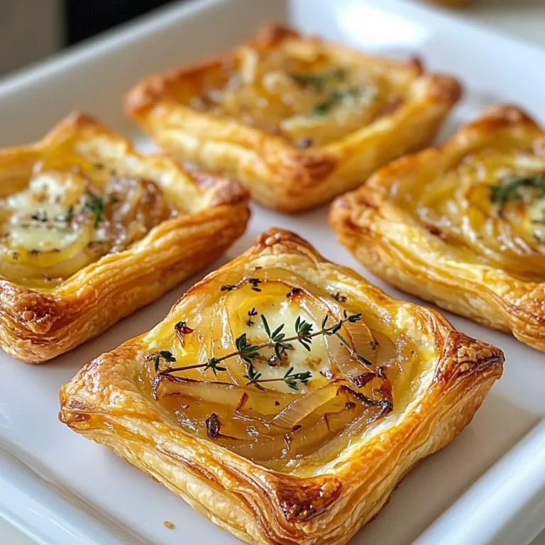 - Puff pastry - Onions - Olive oil - Balsamic vinegar - Granulated sugar - Fresh thyme - Gruyère cheese - Ricotta cheese - Salt and pepper - Egg (for egg wash) Gathering the right ingredients is key for great tarts. You will need puff pastry, which serves as a light and flaky base. I recommend using fresh onions, as they caramelize beautifully, adding rich flavor. Olive oil is best for sautéing the onions. A splash of balsamic vinegar brightens up the taste. Granulated sugar helps the onions caramelize perfectly. Fresh thyme brings a lovely herbal note. Gruyère cheese gives a nutty flavor, while ricotta cheese adds creaminess. Don't forget salt and pepper to enhance all the flavors. Lastly, an egg wash will create a gorgeous golden crust. Having these ingredients ready will make your cooking process smooth and enjoyable! {{ingredient_image_2}} First, preheat your oven to 400°F (200°C). This step is key for a nice bake. Next, heat 2 tablespoons of olive oil in a large skillet over medium heat. Add 3 large, thinly sliced onions. Cook these for about 15-20 minutes. Stir often until the onions are soft and golden. They should smell sweet and rich. Once the onions are caramelized, add 1 tablespoon of balsamic vinegar, 1 teaspoon of granulated sugar, and 1 teaspoon of fresh thyme leaves. Season with salt and freshly ground black pepper to taste. Stir this mix and let it cook for another 5 minutes. Remove the skillet from heat and let it cool slightly. On a lightly floured surface, roll out 1 sheet of thawed puff pastry. Make a rectangle that is easy to work with. Cut the pastry into squares or rounds that fit your tart pans or baking sheet. Transfer the pastry pieces to your prepared baking sheet. Pre-bake them for 10 minutes, until they puff slightly. In a bowl, mix 1 cup of ricotta cheese with half of the 1 cup of grated Gruyère cheese. Add a pinch of salt and freshly ground black pepper. Spread this creamy mix over the pre-baked pastry. Leave a small border around the edges. Next, top with the cooled caramelized onions, spreading them evenly. Finally, sprinkle the remaining Gruyère cheese on top. In a small bowl, beat 1 egg. Use this egg wash to brush the edges of the pastry. This gives your tarts a golden color. Place the tarts in the oven and bake for 15-20 minutes. Watch for the cheese to bubble and the pastry to turn golden brown. When done, remove from the oven and let them cool a few minutes before serving. To caramelize onions well, control the heat. Use medium heat to avoid burning. If the heat is too high, the onions may cook too fast. Stir the onions often. This keeps them from sticking and helps them cook evenly. For best results, let them cook slowly. This brings out their natural sweetness. An egg wash gives your tarts a shiny finish. Make sure to brush it on the edges before baking. It helps the pastry turn golden brown. Pre-bake the pastry for about 10 minutes. This step helps it puff up nicely. Keep an eye on the time. You want it slightly puffed, not fully baked yet. Adding fresh herbs boosts the flavor of your tarts. Consider using rosemary or oregano alongside thyme. These herbs add depth to your dish. You can also swap out cheeses. Try using mozzarella for a milder taste or gorgonzola for a kick. Mixing cheeses can create unique flavors. Experiment to find your favorite combination! Pro Tips Choose the Right Onions: For sweeter caramelized onions, opt for yellow or sweet onions. They develop a rich flavor as they cook down, enhancing your tarts. Don’t Rush the Caramelization: Allow the onions to slowly caramelize over medium heat. This process can take time but results in a deeper, more complex flavor. Experiment with Cheese: While Gruyère adds a lovely nutty flavor, you can mix in other cheeses like fontina or goat cheese for a unique twist. Serve Fresh: These tarts are best served warm out of the oven. If you need to reheat them, do so in an oven to preserve the pastry's flakiness. {{image_4}} You can easily swap Gruyère cheese for other tasty options. For a sharper bite, try aged cheddar. Its bold flavor pairs well with sweet onions. If you love a creamier texture, consider using mozzarella. It melts beautifully and creates a lovely stretch when you bite in. You might also enjoy adding blue cheese or goat cheese. Blue cheese brings a tangy punch that balances the sweet onions. Goat cheese adds a creamy and slightly tart flavor. Both options elevate your tart and impress guests. Feel free to add more vegetables to your tarts. Sautéed mushrooms bring an earthy depth. Spinach adds vibrant color and nutrients. Zucchini is another great choice. It adds moisture and a light taste that complements the cheese. Seasonal variations can also inspire your choices. In spring, consider asparagus for a fresh touch. In fall, roasted butternut squash adds sweetness and warmth. You can mix and match based on what you love or what’s in season. If you need gluten-free options, look for gluten-free puff pastry. Many brands offer good alternatives that taste great too. You can also make your own using almond flour or rice flour for a fun twist. For vegan adaptations, replace cheeses with cashew cream or a store-bought vegan cheese. Use a flaxseed or chia seed mixture instead of the egg wash. This keeps your tarts plant-based while still being delicious. To keep your delicious tarts fresh, store them in the fridge. Place them in an airtight container. This will help prevent them from drying out. If you have extra tarts, layer parchment paper between them. This keeps them from sticking together. When reheating, I recommend using the oven. Preheat your oven to 350°F (175°C). Place the tarts on a baking sheet. Bake for about 10-12 minutes. This helps keep the pastry crispy. If you use a microwave, the pastry may get soft. If you must use the microwave, heat them for 30 seconds. Check them often to avoid sogginess. Yes, you can make the tarts ahead of time. To prepare them early, follow these tips: - Cook the onions: You can caramelize the onions a day before. Store them in the fridge. - Pre-bake the pastry: You can also pre-bake the puff pastry. Let it cool, then keep it in an airtight container. - Assemble before baking: When you are ready to serve, just layer the cheese and onions on the pastry. Then, bake them fresh. These tarts shine when served warm. Here are some serving suggestions: - Presentation: Serve them on a rustic wooden board. - Garnish: Add fresh thyme or peppery arugula for color. - Drizzle: A light balsamic glaze adds a delightful touch. - Pairing: They go well with a crisp salad or a light soup. Perfectly baked tarts have clear signs. Look for these: - Color: The pastry should be golden brown. - Texture: The cheese should be bubbly and slightly browned. - Time: Bake for 15-20 minutes at 400°F (200°C). - Cooling: Let them cool for a few minutes before serving. These caramelized onion tarts are easy and fun to make. You learned how to prepare the ingredients, from caramelizing onions to baking the puff pastry. Flavor tips help you create a dish that stands out. You can also try different cheeses or add veggies for personal touches. Now, you have the tools to impress family and friends. Enjoy making these tarts and sharing them at your next gathering!