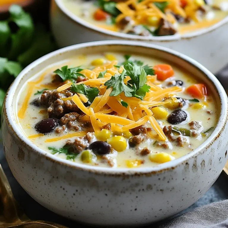 To make a rich and tasty Creamy Cowboy Soup, gather these ingredients: - 1 pound ground beef - 1 medium onion, finely diced - 2 cloves garlic, minced - 2 medium carrots, peeled and diced - 2 celery stalks, diced - 1 can (15 oz) black beans, drained and rinsed - 1 can (15 oz) sweet corn, drained - 1 can (10 oz) diced tomatoes with green chilies, including juices - 4 cups beef broth (preferably low-sodium) - 1 cup heavy cream - 1 tablespoon chili powder - 1 teaspoon ground cumin - Salt and freshly ground black pepper to taste - Fresh cilantro, chopped, for garnish - 1 cup shredded sharp cheddar cheese for topping You can add fun garnishes to make your soup even better: - Extra shredded cheddar cheese - Chopped green onions - Sliced jalapeños for heat - Sour cream for creaminess - Crushed tortilla chips for crunch Having the right tools makes cooking easier. Here’s what you need: - A large pot for cooking the soup - A spatula for stirring - A knife and cutting board for chopping - Measuring cups and spoons for accuracy - Ladle for serving the soup {{ingredient_image_2}} Start by heating a large pot over medium heat. Add 1 pound of ground beef to the pot. Use a spatula to break it apart. Cook the beef until it turns brown, about 5-7 minutes. This step builds a rich base for your soup. Drain any fat that collects in the pot. Next, stir in 1 medium onion that you diced finely. Cook the onion for about 3-4 minutes. You want it to become soft and clear. Then add 2 minced cloves of garlic. Cook this mix for another minute. The garlic will smell great and add depth to your soup. Now, add 2 diced carrots and 2 diced celery stalks to the pot. Stir them in and cook for about 5 minutes. This helps the veggies to soften and release their flavors. You want a nice blend of colors and textures. It’s time to add the rest of the ingredients. Pour in 1 can of black beans, drained and rinsed, and 1 can of sweet corn, drained. Next, add 1 can of diced tomatoes with green chilies. Make sure to include the juices. Pour in 4 cups of beef broth, which adds richness. Stir everything well to combine. Season the soup with 1 tablespoon of chili powder, 1 teaspoon of ground cumin, and salt and pepper to taste. Increase the heat until the soup boils gently. Once it boils, lower the heat to let it simmer. Keep it uncovered for 15-20 minutes. This step helps the flavors mix well. After simmering, it’s time to make it creamy. Stir in 1 cup of heavy cream. Let the soup cook on low for another 5 minutes. Taste your soup and adjust the seasoning if needed. You can add more salt or pepper to make it perfect. Now your Creamy Cowboy Soup is ready! Serve it in warm bowls. You can top it with shredded sharp cheddar cheese and chopped cilantro for a fresh touch. Enjoy this hearty dish! To make Creamy Cowboy Soup even creamier, you can add more heavy cream. A half cup more will boost the richness. You can also try blending half of the soup. This will add a thick texture while keeping some chunks. Using cream cheese is another option. Just melt it into the soup for a rich taste. To boost the flavor, add more spices. A pinch of smoked paprika will add depth. Fresh herbs like thyme or oregano can also brighten the soup. For a kick, add diced jalapeños or hot sauce. If you want a sweet note, try adding a bit of sugar or honey. This balances the flavors and makes the soup pop. For an inviting look, serve the soup in rustic bowls. A sprinkle of cheese and cilantro on top adds color. You can also add a squeeze of lime juice for zest. Pair the soup with crispy tortilla chips or warm cornbread. This not only looks great but adds crunch and fun to the meal. Pro Tips Use Fresh Ingredients: Opt for fresh vegetables and herbs to enhance the flavor of your soup. Fresh ingredients can make a noticeable difference in taste and nutrition. Adjust the Cream: If you prefer a lighter version, you can substitute half of the heavy cream with low-fat milk or a non-dairy alternative without losing the creamy texture. Spice it Up: For a spicier kick, add diced jalapeños or a few dashes of hot sauce while cooking. Adjust the spice level to suit your taste preferences. Make it Ahead: This soup tastes even better the next day! Make a batch ahead of time and let the flavors develop overnight in the refrigerator. {{image_4}} If you want a vegetarian twist on Creamy Cowboy Soup, it’s easy. Swap the ground beef for 1 pound of lentils. Use green or brown lentils for a hearty texture. Cook them in the broth for about 20 minutes before adding other ingredients. You can also use veggie broth instead of beef broth. This keeps it rich and tasty without meat. Add more veggies for extra color and taste. Try bell peppers or zucchini for a fun twist. Feel free to play with the ingredients! If you don’t like black beans, use kidney beans or chickpeas. They add protein and change the flavor a bit. You can also swap the heavy cream for coconut milk for a dairy-free option. This gives a nice tropical hint. If diced tomatoes don’t suit your taste, replace them with fresh tomatoes or tomato sauce. Each swap can change the soup’s flavor and texture, so have fun experimenting! Do you like it spicy? You can boost the heat easily! Add more chili powder or include diced jalapeños when you cook the beef. If you want it milder, skip the chili powder or use sweet paprika instead. You can also serve hot sauce on the side. This way, everyone can adjust the spice to their liking. Finding the right heat can make the soup even more enjoyable for you and your guests! To keep your Creamy Cowboy Soup fresh, let it cool first. Once cool, pour it into a container. Make sure the container is airtight. Store it in the fridge for up to three days. If you want to keep it longer, freezing is a great option. When you’re ready to eat the soup, take it out of the fridge. Pour the soup into a pot. Heat it on low to medium heat. Stir often to avoid burning. You can also reheat it in the microwave. Place soup in a microwave-safe bowl. Heat for one to two minutes, stirring halfway through. Be careful, as it can get hot quickly. To freeze your soup, use freezer-safe containers. Leave some space at the top for the soup to expand. Label the containers with the date. The soup can last up to three months in the freezer. When you’re ready to eat, thaw it overnight in the fridge. Reheat as shown above. Enjoy your hearty meal anytime! You can use ground turkey or chicken instead of ground beef. Both options give a lighter taste. For a meatless choice, try lentils or mushrooms. They add texture and flavor. You can also use plant-based meat for a vegan version. This way, you keep the soup hearty and delicious. Yes, you can make this soup in a slow cooker. First, brown the meat in a pan. Then, add all the ingredients to the slow cooker. Cook on low for 6-8 hours or high for 3-4 hours. Just add the heavy cream in the last 30 minutes of cooking. This makes the soup rich and creamy. Creamy Cowboy Soup lasts about 3-4 days in the fridge. Store it in an airtight container. If you want to keep it longer, freezing is a good option. Just remember to leave out the cream if you freeze it. You can add it when you reheat the soup for a fresh taste. In summary, this blog post walks you through making Creamy Cowboy Soup. We covered ingredients, cooking steps, tips, variations, and storage. Each section helps you create a delicious meal easily. Remember, you can adjust flavors and try substitutes to fit your taste. Enjoy this soup with friends and family, warm and hearty. By following these steps, you'll impress everyone at your table. Cook with joy, and don’t forget to share your results!