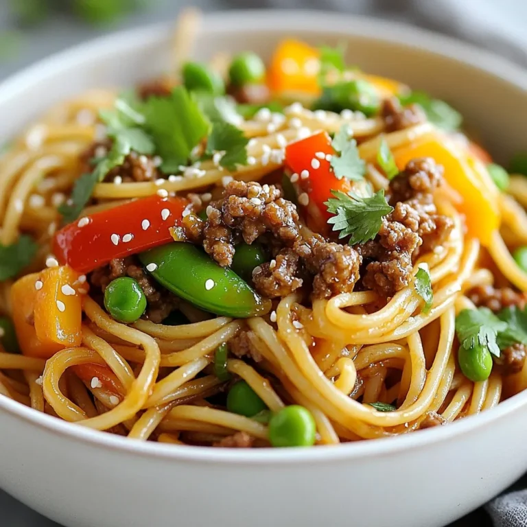 - 8 oz spaghetti noodles - 1 lb ground beef - 2 tablespoons soy sauce - 1 tablespoon oyster sauce - 1 teaspoon sesame oil - 2 cloves garlic, minced - 1 inch fresh ginger, finely grated - 1 red bell pepper, julienned - 1 cup snap peas, trimmed - 3 green onions, thinly sliced - 1 tablespoon sriracha or chili sauce (optional, for heat) - Salt and freshly cracked pepper to taste - Toasted sesame seeds for garnish - Fresh cilantro leaves for garnish Gathering all these ingredients makes cooking easy. Start with the spaghetti noodles. They form the base of this dish. The ground beef adds protein and flavor. The Asian sauces bring everything together. Soy sauce gives saltiness, while oyster sauce adds depth. A hint of sesame oil adds a nutty taste. Next, the fresh produce brightens the dish. Garlic and ginger bring warmth and spice. The red bell pepper adds color and crunch. Snap peas add a nice snap and sweetness. Green onions finish the dish with freshness. Don’t forget the seasonings! Sriracha can bring heat if you like spice. Salt and pepper enhance all the flavors. Finally, toasted sesame seeds and cilantro add a lovely touch on top. Enjoy gathering all these ingredients; the cooking will be even more fun! {{ingredient_image_2}} 1. Start by boiling a large pot of salted water. 2. Once the water is boiling, add 8 oz of spaghetti noodles. 3. Cook the noodles according to the package instructions until they are al dente. 4. After cooking, carefully drain the spaghetti and set it aside in a large bowl. 1. In a large skillet or wok, heat 1 teaspoon of sesame oil over medium-high heat. 2. When the oil shimmers, add 2 cloves of minced garlic and 1 inch of finely grated ginger. 3. Sauté for about 1 minute until the mixture becomes fragrant and the garlic is golden. 4. Increase the heat to high and add 1 lb of ground beef. 5. Use a spatula to break up the meat as it cooks. Brown the beef for about 5-7 minutes until there is no pink left. 1. Once the beef is browned, pour in 2 tablespoons of soy sauce, 1 tablespoon of oyster sauce, and 1 tablespoon of sriracha if you want heat. 2. Stir the sauces into the beef to ensure it’s all coated. 3. Add in 1 red bell pepper, julienned, and 1 cup of trimmed snap peas. 4. Stir-fry for an additional 3-4 minutes until the vegetables are bright and tender-crisp. 5. Season the mixture with salt and freshly cracked pepper to taste. 6. Finally, toss in the cooked spaghetti noodles, mixing everything together well so the noodles soak up the tasty flavors. 7. Remove from heat and garnish with sliced green onions, toasted sesame seeds, and fresh cilantro leaves for a bright finish. To get the best al dente spaghetti, start with a big pot of boiling salted water. Add the spaghetti and cook it as the package states. Check the noodles a minute before the time is up. They should be firm yet tender. Drain the spaghetti right away to stop cooking. For sautéing garlic and ginger, heat sesame oil in a skillet over medium-high heat. Add minced garlic and grated ginger after the oil shines. Stir these for about one minute. Stop once the garlic turns golden. This step makes your dish very fragrant. If you like spice, sriracha is your friend. Start with a small amount and taste. You can always add more heat. This lets you control the spice level to fit your taste. Fresh herbs boost flavor. Use green onions and cilantro for a bright taste. Chop them up and add them as a garnish. They give your dish a fresh finish and make it more colorful. Use deep bowls for serving. This keeps the sauce from spilling. Top with extra sesame seeds and cilantro for a pretty look. These small touches impress your guests. For an authentic Asian experience, serve with chopsticks. It adds fun to the meal and helps everyone enjoy the dish fully. Pro Tips Cook Noodles Al Dente: This ensures the spaghetti retains a firm texture that won't become mushy when mixed with the sauce. Use Fresh Ingredients: Whenever possible, opt for fresh vegetables and herbs to enhance the flavor and nutritional value of your dish. Customize the Heat: Adjust the amount of sriracha or chili sauce based on your heat preference, ensuring a balance that suits your taste. Garnish Generously: Adding plenty of green onions, sesame seeds, and cilantro not only elevates the presentation but also adds layers of flavor. {{image_4}} You can make this dish vegetarian-friendly by swapping ground beef for tofu or mushrooms. - Tofu: Use firm tofu. Crumble it and cook until golden. - Mushrooms: Chopped mushrooms, like shiitake or cremini, add depth and a meaty texture. This way, you keep the flavor while making it plant-based. If you want to try other proteins, chicken, pork, or shrimp work great. - Chicken: Ground chicken is lean and cooks fast. - Pork: Ground pork adds a nice richness. - Shrimp: Add shrimp for a seafood twist. Cook them until pink. These options keep the dish exciting and versatile. Boost nutrition and flavor by adding more veggies to your dish. - Seasonal Veggies: Consider zucchini, carrots, or broccoli for freshness. - Alternate Veggies: Bell peppers in different colors or snap peas for crunch. These additions make the dish colorful and packed with nutrients. To keep your cooked spaghetti fresh, store it in an airtight container. Let the dish cool down first to avoid condensation. It’s best to refrigerate within two hours after cooking. This way, you can enjoy your meal later without losing flavor. When you reheat your spaghetti, use a skillet for the best results. Add a splash of water or broth to keep it moist. Warm it over medium heat, stirring often. This method helps to maintain the texture of the noodles and keeps the flavors intact. If you want to freeze your spaghetti, first let it cool completely. Divide it into portions and place them in freezer-safe bags. Make sure to remove as much air as possible. To thaw, place the bag in the fridge overnight. Reheat it in a skillet or microwave, adding a little water if needed. If you do not have oyster sauce, you can use soy sauce. It adds salt and umami. Another good option is hoisin sauce, which is sweeter and thicker. You can mix soy sauce with a bit of sugar to mimic the oyster sauce. Each substitute changes the dish’s flavor slightly, so choose what fits your taste. Yes, you can make this dish gluten-free. Use gluten-free spaghetti made from rice or quinoa. For sauces, look for gluten-free soy sauce. Many brands offer this option, so check the label. This way, you can enjoy the dish without gluten. Several side dishes work great with this meal. You might serve steamed broccoli for a healthy crunch. Fried rice adds extra flavor and texture. A simple cucumber salad can refresh your palate. Each option complements the main dish and creates a well-rounded meal. This blog post explored Asian Style Ground Beef Spaghetti and its delicious details. We covered the key ingredients, like spaghetti noodles and fresh produce, along with easy cooking steps. I shared tips for perfecting your dish and suggested tasty variations to suit any diet. Remember, you can store leftovers easily and reheat them for a quick meal. Try this recipe for a fun, flavorful dish that everyone will enjoy. Enjoy cooking, and don’t hesitate to make it your own!