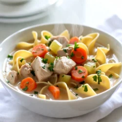 For this creamy chicken noodle soup, you need the following key ingredients: - 1 lb boneless, skinless chicken breasts, cut into bite-sized pieces - 1 tablespoon extra virgin olive oil - 1 medium onion, finely diced - 2 large carrots, peeled and sliced into rounds - 2 celery stalks, sliced - 3 cloves garlic, minced finely - 6 cups rich chicken broth - 1 teaspoon dried thyme - 1 teaspoon dried rosemary - 1 cup heavy cream - 2 cups egg noodles - Salt and freshly ground pepper to taste - Fresh parsley, chopped, for a vibrant garnish Each component brings unique flavors. The chicken adds protein. The veggies bring sweetness and crunch. Herbs lend an earthy touch. And heavy cream makes the soup rich and smooth. To make this soup, you will need: - A large pot or Dutch oven - A cutting board - A sharp knife - A wooden spoon or spatula - Measuring cups and spoons Using the right tools helps you cook efficiently. A large pot allows for even cooking and mixing. A sharp knife makes chopping easy and safe. If you don't have some ingredients, try these swaps: - Use rotisserie chicken instead of raw chicken for quick prep. - Swap heavy cream with half-and-half for a lighter soup. - Replace egg noodles with pasta shells or rice. - Use vegetable broth for a vegetarian version. These substitutions maintain flavor while adapting to what you have on hand. Don't hesitate to mix and match! {{ingredient_image_2}} Start by cutting your chicken into small, bite-sized pieces. This helps it cook quickly and evenly. Heat one tablespoon of extra virgin olive oil in a large pot over medium heat. Once the oil is warm, add the chicken pieces. Cook them for about five minutes until they turn golden brown. This browning adds great flavor. Next, chop one medium onion, two large carrots, and two celery stalks. Add these veggies to the pot after the chicken is browned. Stir and cook for about four to five minutes. This will soften the vegetables and make the onion clear. Finally, add three cloves of minced garlic and cook for one more minute. You want that garlic to smell great but not burn. Now, it's time to build the soup base. Carefully pour in six cups of rich chicken broth. Stir it all together and let it come to a rolling boil. Once boiling, add one teaspoon each of dried thyme and rosemary. These herbs boost the flavor of your soup. Lower the heat and let the soup simmer for about ten minutes. This gives the flavors time to blend together. After simmering, it&rsquo;s time to add the creamy touch. Stir in one cup of heavy cream and two cups of egg noodles. Cook everything for five to seven more minutes. Check the noodles and make sure they are tender but still have a little bite. Finally, taste the soup and season with salt and freshly ground pepper. Serve it hot in bowls, topping each with some chopped fresh parsley for color and taste. Enjoy this warm and comforting dish! To make your soup creamy, use heavy cream. This rich ingredient adds smoothness. Stir it in after the broth simmers. Don&rsquo;t rush this step. Let the cream warm up with the soup. For extra creaminess, blend a small portion of the soup. This gives it a nice texture while keeping some chunks. Egg noodles cook fast. Add them towards the end of your cooking time. Boil them in the soup for 5 to 7 minutes. This keeps them firm and not mushy. Stir them gently while cooking to prevent sticking. If you want, you can cook them separately. Just add them to the soup when serving. To boost flavor, try adding fresh herbs. Fresh thyme or rosemary makes a big difference. You can also add a squeeze of lemon for brightness. If you like a kick, toss in some red pepper flakes. For a richer taste, saut&eacute; the garlic until golden before adding. These tips will take your soup to the next level! Pro Tips Cut Uniformly: Ensuring that your chicken and vegetables are cut into uniform sizes will promote even cooking and enhance the overall texture of the soup. Use Fresh Herbs: Fresh herbs can elevate the flavor profile of your chicken noodle soup. Consider adding fresh thyme or rosemary at the end of cooking for a burst of freshness. Adjust Creaminess: If you prefer a lighter soup, you can substitute half of the heavy cream with milk or even a plant-based cream for a delicious alternative. Perfect Noodle Texture: To avoid overcooking the egg noodles, add them just before serving, ensuring they remain al dente and don't become mushy. {{image_4}} To make a low-fat version, swap heavy cream for low-fat milk or unsweetened almond milk. This change keeps it creamy but cuts down on fat. You can also use skinless chicken thighs for added flavor while staying lean. Opt for whole grain egg noodles for a healthier twist. This will give you more fiber and nutrients without losing taste. You can easily boost the veggie count in your soup. Try adding green beans, peas, or spinach. These veggies add color and nutrition. Just chop them into small pieces and add them during the last few minutes of cooking. This helps keep them bright and crisp. You can even add kale for a hearty touch. Don&rsquo;t feel stuck with chicken. You can use turkey or even tofu for a meatless version. Each protein brings a unique flavor. If you use turkey, cook it the same way as chicken. Tofu needs a little more time to soak in flavor, so add it earlier in the cooking process. This way, you can enjoy a tasty twist on this classic soup. After enjoying your creamy chicken noodle soup, store any leftovers in an airtight container. Make sure to let the soup cool to room temperature first. This helps keep the flavors intact. You can store it in the fridge for up to three days. If you think you won&rsquo;t finish it soon, consider freezing it instead. To reheat the soup, pour it into a pot. Heat it over medium heat on the stove. Stir occasionally to help it warm evenly. If the soup is too thick, add a splash of chicken broth or water to thin it out. For a quick option, you can also microwave it in a microwave-safe bowl. Heat it in short intervals, stirring in between, until it&rsquo;s hot. If you want to freeze your soup, use freezer-safe containers. Leave some space at the top of the container. This allows for expansion as the soup freezes. The soup can stay fresh for up to three months in the freezer. When you're ready to eat it, thaw it overnight in the fridge before reheating. Yes, you can use frozen chicken. Just remember to thaw it first. You can safely thaw it in the fridge overnight. If you're in a hurry, use the microwave. Cut the chicken into small pieces. This helps it cook evenly in the soup. You can keep the soup in the fridge for 3 to 4 days. Make sure to store it in an airtight container. This helps keep it fresh and tasty. If you want to keep it longer, consider freezing it. If you lack chicken broth, you can use vegetable broth. Water with a little salt can work too. Adding herbs like thyme or rosemary boosts the flavor. You could also try using bouillon cubes in water. In this article, we explored how to make creamy chicken noodle soup. We covered essential ingredients, cooking steps, and useful tips. You learned about tasty variations and smart storage ideas. To create the best soup, focus on using fresh ingredients and follow the steps closely. Remember, cooking is fun! Experiment with flavors and make it your own. Enjoy every spoonful and share your tasty results. Your kitchen will be full of warmth and comfort with this soup!
