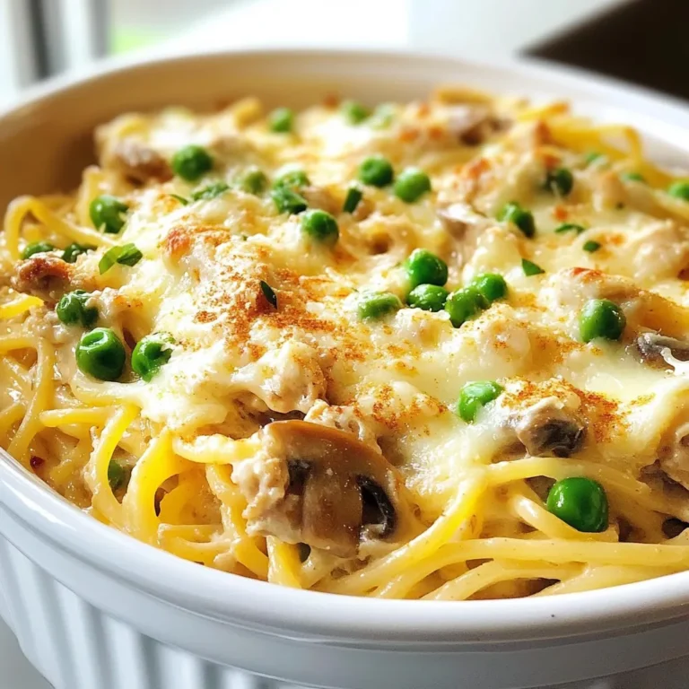 - 3 cups of cooked turkey - 8 ounces of spaghetti - 1 cup of fresh mushrooms - 1 cup of frozen peas - 1 medium onion - 2 cloves of garlic - 2 cups of chicken broth - 1 cup of sour cream - 1 teaspoon of dried thyme - ½ teaspoon of black pepper - ¼ teaspoon of sea salt - ¼ teaspoon of smoked paprika - 2 tablespoons of olive oil When making Easy Turkey Tetrazzini, you’ll want fresh and tasty ingredients. The cooked turkey is the star. You can use leftover turkey or rotisserie turkey. Both work well and save time. Next, you need spaghetti. Choose uncooked spaghetti to create a nice texture. The mushrooms add flavor and a lovely bite. Fresh mushrooms are best, but canned ones can work in a pinch. Frozen peas are a great choice to add color and sweetness. They are easy to use and need no prep. Now, let's talk about the pantry staples. You need a medium onion and garlic for a strong base. These two ingredients build flavor in your dish. Chicken broth is key for moisture. It keeps everything creamy and rich. Sour cream adds that creamy texture we love in a casserole. For seasoning, dried thyme gives a nice herbal taste. Black pepper adds warmth, while sea salt enhances all flavors. Smoked paprika adds a touch of smokiness that makes your dish unique. Finally, olive oil is essential for sautéing the veggies. It helps create that great base flavor, making each bite delicious. {{ingredient_image_2}} Preheat your oven to 375°F (190°C). This step is vital. A hot oven helps the dish cook evenly and brown nicely. To cook the spaghetti, fill a large pot with salted water. Bring it to a rolling boil. Add the uncooked spaghetti. Cook it according to the package instructions, usually about 8 to 10 minutes. Taste it near the end. It should be al dente, which means firm but not hard. Drain the spaghetti and set it aside. Make sure the noodles don’t stick together. In a large skillet, heat two tablespoons of olive oil over medium heat. Add the finely chopped onion and minced garlic. Sauté them for about 3 to 4 minutes. Wait until they become soft and clear. Next, add the sliced mushrooms. Cook them for another 5 minutes. They should be browned and smell great. In a big mixing bowl, add the sautéed vegetables, shredded turkey, frozen peas, and drained spaghetti. Pour in the chicken broth and sour cream. Sprinkle the dried thyme, black pepper, sea salt, and smoked paprika. Stir everything well. Mix until each piece is coated with the creamy sauce. This ensures every bite is full of flavor. Pour the mixture into a greased 9x13 inch baking dish. Use a spatula to spread it evenly across the dish. This helps it cook evenly. Now, generously sprinkle the shredded mozzarella cheese on top. This cheese will melt and create a lovely crust. Place the baking dish in the hot oven. Bake it for 25 to 30 minutes. You want the cheese to bubble and turn golden brown. Once done, take it out and let it sit for 5 to 10 minutes. This waiting time helps the flavors blend and makes it easier to serve. To shred turkey well, start with cooked meat. Use your hands or two forks. Pull the meat apart into bite-sized pieces. This method gives better texture than store-bought options. Shredded turkey has a fresher taste and holds sauce better. Store-bought pieces can be dry and lack flavor. Always prefer homemade for the best taste. Keeping your turkey tetrazzini creamy is key. Use full-fat sour cream for richness. Mix it well with the broth before adding to the dish. If you find it too thick, add a little more broth. This extra liquid helps keep the dish moist. Avoid overcooking as it can dry out. A gentle touch in mixing will help too. To get a golden cheese crust, use freshly shredded mozzarella. Spread it evenly on top of the dish. Bake at 375°F (190°C) until the cheese is bubbly. This takes about 25 to 30 minutes. Keep an eye on it, so it doesn’t burn. For extra crunch, broil for a minute at the end. This will give it a nice finish. Pro Tips Use Leftover Turkey: Utilize any leftover turkey from previous meals to save time and enhance flavor. Experiment with Cheese: Feel free to mix different cheeses like cheddar or gouda for a unique taste. Make it Creamier: Add an extra dollop of sour cream or a splash of heavy cream for a richer texture. Garnish Smartly: Sprinkle some freshly chopped herbs or toasted breadcrumbs on top before serving for added crunch and flavor. {{image_4}} You can easily swap out turkey in this recipe. Chicken works great too. Just use the same amount. For a vegetarian version, try cooked mushrooms or a mix of your favorite veggies. You can even use tofu for added protein. Each option brings a unique taste and texture. Spaghetti is classic, but you can use other pastas. Penne or fusilli hold sauce well. You can also try gluten-free pasta if you need it. Just cook it according to the package. Each pasta type adds a different bite to the dish. Add some extra flavor to your tetrazzini. Fresh herbs like parsley or basil brighten the dish. You can also roast vegetables like bell peppers or zucchini. For a crunchy topping, sprinkle breadcrumbs mixed with cheese before baking. A dash of hot sauce can give it a nice kick. Each tweak makes the dish your own. To keep your turkey tetrazzini fresh, store it in an airtight container. Allow the dish to cool before sealing. If you plan to eat it within three days, place it in the fridge. For longer storage, freeze it in a freezer-safe container. Make sure to label the container with the date. This helps you track how long it has been stored. When you're ready to enjoy leftovers, you need to reheat them well. Preheat your oven to 350°F (175°C). Transfer the tetrazzini to a baking dish. Cover it with foil to prevent drying out. Bake for about 20 to 25 minutes, or until hot. If you prefer the microwave, heat it in a microwave-safe bowl. Stir it every minute to ensure even heating. In the fridge, turkey tetrazzini lasts about three to four days. If you freeze it, it can last up to three months. To ensure the best flavor and texture, eat it sooner rather than later. Always check for any signs of spoilage before consuming. Turkey Tetrazzini is a creamy pasta dish. It mixes turkey, spaghetti, and a rich sauce. The dish likely comes from San Francisco in the early 1900s. It honors actress Luisa Tetrazzini, known for her opera singing. Today, cooks use leftovers to create this comforting meal. Yes, you can prepare Turkey Tetrazzini ahead of time. Cook the spaghetti and sauté the veggies as usual. Combine all the ingredients, then place them in a baking dish. Cover it tightly with foil or plastic wrap. Store it in the fridge for up to 24 hours. When you’re ready to bake, remove the cover and bake as directed. Yes, this recipe freezes well. To freeze, prepare the dish but do not bake it. After mixing, pour it into a freezer-safe dish. Seal it tightly and store for up to three months. When you’re ready to eat, thaw it in the fridge overnight. Bake as directed, adding a few extra minutes if needed. Yes, you can make Turkey Tetrazzini without sour cream. For creaminess, use Greek yogurt or cream cheese. You can also try heavy cream or a blend of milk and flour for a thick sauce. Each option keeps the dish rich and flavorful while catering to your taste. Turkey tetrazzini is a simple, tasty dish I hope you will try. We covered the main ingredients, step-by-step cooking instructions, and tips for success. Remember, using fresh turkey and creamy sauces makes the dish shine. You can also switch meats or pasta if desired. For storage, follow the best methods to keep it fresh. Enjoy making this dish that’s perfect for any meal!