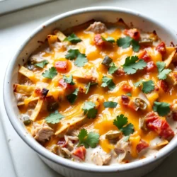 - 2 cups cooked shredded chicken - 1 can (10 oz) diced tomatoes with green chilies - 1 can (10.5 oz) cream of chicken soup - 1 cup sour cream - 1 cup shredded cheddar cheese - 1 cup corn tortillas, cut into strips These main ingredients create the heart of King Ranch Chicken Casserole. The cooked chicken adds protein, while the tomatoes bring flavor and moisture. The cream of chicken soup and sour cream work together to create a rich, creamy base. The cheddar cheese adds a cheesy goodness, and the corn tortillas give a nice texture. - 1 small onion, finely chopped - 1 green bell pepper, finely chopped - 1 teaspoon ground cumin - 1 teaspoon chili powder - Salt and freshly ground black pepper to taste - Fresh cilantro for garnish (optional) The seasoning is where the magic happens. Onion and green bell pepper give a sweet crunch. Ground cumin and chili powder add warmth and depth. Salt and pepper bring out all the flavors. Finally, fresh cilantro adds a bright touch on top. You can skip the cilantro if you don&rsquo;t like it, but it sure makes the dish pop! {{ingredient_image_2}} - Preheat your oven to 350&deg;F (175&deg;C). Make sure it&rsquo;s hot before baking. - Grease a 9x13-inch baking dish. This keeps the casserole from sticking. - In a large skillet, heat a bit of olive oil over medium heat. - Add the chopped onion and green bell pepper. Cook for about 5 minutes. They should soften and smell great. - In a big bowl, mix together shredded chicken, diced tomatoes with green chilies, cream of chicken soup, and sour cream. Stir until blended well. - Fold in the saut&eacute;ed veggies and corn tortilla strips. Mix until they&rsquo;re spread out. - Sprinkle in ground cumin, chili powder, salt, and pepper. Adjust the flavors to your liking. - Pour half of this mixture into the greased baking dish. Spread it evenly. - Add half of the shredded cheddar cheese on top. - Layer the rest of the chicken mix over this first layer. Top it with the remaining cheese. - Cover the baking dish with aluminum foil. This helps it bake evenly for 25 minutes. - After 25 minutes, take off the foil. Bake for an extra 10-15 minutes. Wait until the cheese gets bubbly and golden brown. - Once done, take the casserole out. Let it cool for about 5 minutes before you serve. This helps the flavors blend well. How to shred chicken easily To shred chicken fast, use two forks. Hold one fork in each hand. Grab a piece of chicken and pull apart. This method works great for cooked chicken from a roast or boil. You can also use a stand mixer with a paddle attachment. Just mix on low speed for a few seconds. It&rsquo;s quick and easy! Importance of seasoning adjustments Always taste as you cook. Seasoning can change based on your ingredients. If you use low-sodium soup or fresh tomatoes, you may need more salt. Start with small amounts of spices. You can always add more, but you can&rsquo;t take it out! Best sides to complement the casserole Serve this casserole with a side of creamy avocado or a crisp salad. These sides add freshness and balance the dish's richness. You can also add some tortilla chips for crunch. This gives a nice texture contrast, making your meal even more enjoyable! Presentation tips with garnish Garnish your casserole with chopped cilantro for a pop of color. It looks great and adds a fresh taste. You can also add a squeeze of lime juice. This will brighten up the flavors and make it more appealing to the eye. How to use rotisserie chicken Rotisserie chicken is a lifesaver! Just shred the meat and skip cooking it. This cuts your prep time in half. It&rsquo;s a great way to make this dish even quicker on busy nights. Make-ahead options for prep You can make this casserole a day ahead. Just assemble it and cover it tightly. Store it in the fridge until you are ready to bake. This way, you can save time and still enjoy a delicious meal. Pro Tips Use Leftover Chicken: This recipe is perfect for using up leftover chicken from a previous meal, making it both convenient and economical. Customize the Heat: Adjust the level of spiciness by using mild or hot diced tomatoes with green chilies, or add sliced jalape&ntilde;os for an extra kick. Make Ahead: Prepare the casserole a day in advance and store it in the refrigerator. Just pop it in the oven when you're ready to bake! Cheese Variations: Experiment with different types of cheese like Monterey Jack or Pepper Jack for a unique flavor twist. {{image_4}} You can switch up the proteins in your casserole. Use turkey or beef if you like. For a vegetarian option, try black beans or lentils. This keeps the dish hearty and tasty. Dairy-free eaters can also enjoy this dish. Just swap out the cream of chicken soup for a dairy-free version. You can use vegan cheese or nutritional yeast for a cheesy flavor without dairy. If you want more heat, add jalape&ntilde;os or hotter chilies. This gives the dish a nice kick. Just remember to taste as you go, so it&rsquo;s not too spicy for your family. You can also toss in more veggies. Consider adding corn, zucchini, or beans for extra texture and nutrition. This makes the casserole even heartier and colorful. You can serve this casserole family-style or in individual portions. Family-style is great for gatherings, while individual servings make it easy for busy weeknights. For toppings, think outside the box! Try crushed tortilla chips for added crunch. You can also use different types of cheese, like pepper jack or Monterey Jack, for different flavors. You can store leftover King Ranch Chicken Casserole for up to four days in the fridge. Make sure to let it cool completely before storing. Use an airtight container to keep it fresh. This way, it will stay tasty and safe to eat. To freeze the casserole, let it cool first. Then, cover it tightly with plastic wrap and aluminum foil. This helps prevent freezer burn. You can freeze it for up to three months. When you&rsquo;re ready to eat, thaw it in the fridge overnight. Reheat it in the oven at 350&deg;F (175&deg;C) for about 25-30 minutes. If it seems dry, add a splash of chicken broth or water. Cover it with foil to keep it moist. Enjoy the same great flavor as when it was fresh! What is King Ranch Chicken Casserole? King Ranch Chicken Casserole is a hearty dish. It combines cooked chicken, tomatoes, cream soup, and spices. You layer it with corn tortillas and cheese. This dish is warm, cheesy, and full of flavor. It is a favorite in many homes. Can I make this casserole ahead of time? Yes, you can prepare this casserole in advance. Just assemble it and cover it tightly. Store it in the fridge for up to 24 hours. When you are ready, bake it as directed. This saves time on busy days. How can I make it spicier? To add spice, include diced jalape&ntilde;os or use spicy diced tomatoes. You can also add extra chili powder or hot sauce. Adjust the heat to your taste. Just remember to balance it with the other flavors. Is this recipe healthy? This casserole can be healthy if you choose lean chicken and low-fat dairy. It offers protein from chicken and fiber from tomatoes and tortillas. However, it can be high in calories and sodium. Adjust ingredients for a healthier version. Nutritional breakdown per serving - Calories: 400 - Protein: 25g - Carbohydrates: 30g - Fat: 20g - Fiber: 3g These values are estimates and can change based on ingredient choices. Regional differences in the recipe King Ranch Chicken varies by region. Some use different proteins, like turkey or beef. Others add black beans or corn for extra texture. This dish reflects local tastes and traditions. Popular side dishes to serve with this casserole Serve this casserole with simple sides. A fresh salad or avocado pairs well. Cornbread is also a great choice. You can also include rice or beans for a complete meal. This blog post explored making King Ranch Chicken Casserole from scratch. We covered key ingredients like chicken, cheese, and spices. I shared step-by-step instructions for prepping, cooking, and baking. We also discussed tips for saving time and variations to fit your taste. With a few adjustments, you can make this dish your own. I hope you feel inspired to create this easy and tasty casserole! Enjoy your culinary adventure!