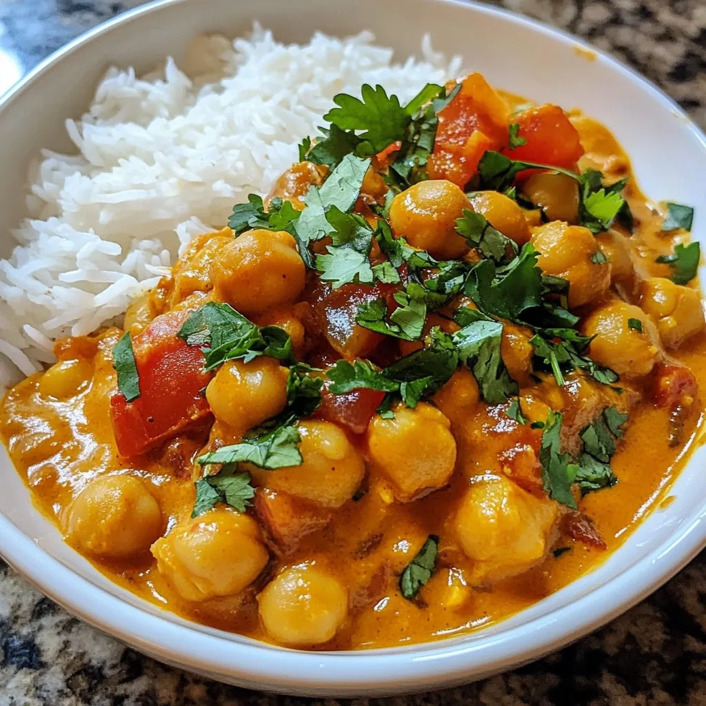 - 1 can (15 oz) chickpeas, drained and rinsed - 1 large onion, finely chopped - 3 cloves garlic, minced - 1 inch fresh ginger, grated - 1 can (14 oz) coconut milk - 1 can (14 oz) diced tomatoes The star of this dish is the chickpeas. They add protein and texture. I use canned chickpeas for quick prep. The coconut milk and diced tomatoes give a creamy base. The onions, garlic, and ginger provide a flavor kick. - 2 tablespoons tikka masala spice blend - 1 teaspoon garam masala - Sea salt, to taste - 1 tablespoon fresh lemon juice The tikka masala spice blend brings warmth and depth. Garam masala adds a sweet note. Sea salt enhances all the flavors. A squeeze of fresh lemon juice brightens the dish. - Fresh cilantro for garnish - Cooked basmati rice or quinoa for serving I love garnishing with fresh cilantro. It adds color and freshness. Serve the tikka masala over fluffy basmati rice or quinoa. This makes for a satisfying meal. {{ingredient_image_2}} - Sautéing Onions Start with a large skillet. Heat 1 tablespoon of extra virgin olive oil over medium heat. Once hot, add 1 large, finely chopped onion. Stir it often. Cook until the onion turns translucent and golden. This should take about 5 minutes. - Adding Garlic and Ginger Next, add 3 minced garlic cloves and 1 inch of grated fresh ginger. Stir continuously for about 2 minutes. You will smell a wonderful aroma as they cook. - Toasting the Tikka Masala Now, sprinkle in 2 tablespoons of tikka masala spice blend. Keep stirring for about 1 minute. This toasts the spices and brings out their flavors. - Combining Tomatoes and Coconut Milk Pour in 1 can of diced tomatoes and 1 can of creamy coconut milk. Stir well until mixed. Raise the heat a bit and let it simmer gently for about 5 minutes. This helps all the flavors mix together. - Folding in Chickpeas Gently fold in 1 can (15 oz) of drained and rinsed chickpeas. Make sure they get well coated in the sauce. - Simmering to Thicken the Sauce Lower the heat and let the chickpea mixture simmer for another 10 minutes. Stir occasionally. This will let the sauce thicken nicely. Perfecting Spice Toasting Toasting spices brings out their best taste. Start by heating the oil, then add the tikka masala spice blend. Stir it for about one minute. This simple step boosts the flavor of your dish. Adjusting Seasoning to Taste Always taste your dish as you cook. Add sea salt one pinch at a time. If you want more zing, try fresh lemon juice. Each person has different tastes, so make it yours. Pairing with Rice or Quinoa Serve chickpea tikka masala over basmati rice or quinoa. The grains soak up the tasty sauce. This combination makes every bite satisfying and filling. Garnishing for Presentation Add fresh cilantro on top before serving. This not only looks good but adds flavor too. A great garnish makes the dish pop and feel special. Overlooking Simmering Time Let the dish simmer long enough. This helps the flavors blend well. If you rush, the sauce may taste flat and bland. Ignoring Ingredients Quality Always use fresh ingredients. The better the onion, garlic, and spices, the tastier your dish. Don't skip on quality; it makes a big difference in flavor. Pro Tips Fresh Ingredients: Use fresh ginger and garlic for a more vibrant flavor. Pre-packaged versions can lose potency and affect the dish’s overall taste. Perfect Simmer: Allow the dish to simmer gently; this helps the flavors meld without burning the sauce. Keep an eye on it to prevent sticking. Adjusting Spice: If you prefer a spicier dish, add a pinch of cayenne pepper or red chili flakes when you add the tikka masala spices for an extra kick. Garnish Wisely: Fresh cilantro not only adds color but also enhances the dish’s flavor profile. Don’t skip this step for a fresh finish! {{image_4}} Using Other Legumes You can swap chickpeas for other legumes. Black beans or lentils work well. They add unique flavors and textures. Each option brings its own charm to the dish. Try red lentils for a softer bite or black beans for a heartier feel. Incorporating Vegetables Adding vegetables makes this dish more colorful and nutritious. You can use spinach, bell peppers, or cauliflower. Just chop them into small pieces and add them when you mix in the tomatoes and coconut milk. This boosts the dish's flavor and adds vitamins. Adjusting Spice Levels You can control the spice level to suit your taste. If you prefer milder flavors, use less tikka masala. For a stronger kick, add more. Experimenting with the spice blend can make each meal unique and fun. Adding Heat with Chilis If you love heat, try adding chilis. Fresh green chilis can be chopped and added at the start. Dried red chili flakes are also great for a quick boost. Add them in small amounts and taste as you go. Ensuring the Recipe is Allergy-Friendly This dish is naturally gluten-free and nut-free. You can enjoy it safely if you have allergies. Just be sure to check any added ingredients for allergens. This way, you can savor every bite without worry. Substituting Ingredients Safely If you need to make substitutions, do so carefully. Use vegetable broth instead of stock if needed. Coconut milk adds creaminess, but you can use oat or soy milk as alternatives. Always check labels to avoid allergens. To keep your chickpea tikka masala fresh, store it in an airtight container. This helps maintain its flavors and texture. Place the container in the fridge right after cooling it down. The dish lasts about 3 to 5 days in the fridge. Make sure to check for any signs of spoilage before eating. Freezing is a great option for long-term storage. To freeze, let the dish cool completely. Then, pour it into a freezer-safe container. Leave some space at the top for expansion. Seal the container tightly. Chickpea tikka masala can stay in the freezer for up to 3 months. To thaw, move the container to the fridge for several hours or overnight. When ready to eat, reheat in a saucepan over low heat. Stir often to prevent sticking. You can also use the microwave, heating it in 1-minute intervals until warm. For easy meals, prep your chickpea tikka masala ahead of time. You can make a big batch and store it in portions. This way, you have quick meals ready to go. Use small containers to keep each portion separate. This makes reheating simple and fast. Plus, it helps with portion control! Yes, you can use dried chickpeas. They require more prep time. Here's how to get them ready: - Soak the Chickpeas: Place dried chickpeas in a bowl. Cover them with water. Soak overnight. This softens them. - Cook the Chickpeas: Drain and rinse the soaked chickpeas. In a pot, add fresh water. Boil them for 1 to 2 hours. Check for softness. - Use in the Recipe: Once soft, you can use them in the chickpea tikka masala. Yes, this recipe is gluten-free. Here’s how to confirm: - Chickpeas: Naturally gluten-free. - Coconut Milk: Pure coconut milk is gluten-free. - Spices: Most spices do not contain gluten. Always check labels. - Olive Oil and Lemon Juice: Both are gluten-free. You can easily add more heat and flavor. Here are some ideas: - Chili Powder: Add a pinch of chili powder when cooking the onions. - Fresh Chilis: Chop fresh green or red chilis. Stir them in with the garlic. - Cayenne Pepper: Sprinkle a bit of cayenne pepper for extra heat. - Spicy Tikka Masala: Use a spicy tikka masala blend for a bolder taste. These tips will help you create a more exciting dish! This blog post showed how to make vegan chickpea tikka masala. You learned about the key ingredients, like chickpeas, coconut milk, and spices. I walked you through cooking steps and shared tips for best results. You explored variations and learned how to store leftovers. In closing, this dish is rich in flavor and easy to make. Enjoy your tasty creation!