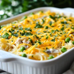 To make this easy turkey tetrazzini, you need some key ingredients: - 12 oz spaghetti or linguine - 2 cups cooked turkey, shredded or cubed - 1 cup mushrooms, sliced - 1 cup frozen peas - 1/2 cup onion, diced - 2 cloves garlic, minced - 3 cups chicken broth - 1 cup heavy cream - 1 cup shredded cheddar cheese - 1/2 cup grated Parmesan cheese - 3 tablespoons butter - 1 teaspoon dried thyme - 1 teaspoon garlic powder - Salt and pepper to taste - Fresh parsley, chopped (for garnish) These ingredients create a creamy and cheesy dish that is full of flavor. You can make your tetrazzini even better with these add-ins: - Cooked bacon for crunch - Bell peppers for sweetness - Spinach for extra greens - Artichoke hearts for a unique taste These add-ins can bring new layers of flavor and texture to your meal. Feel free to mix and match based on what you have at home. Toppings can make your turkey tetrazzini shine. Consider these options: - Extra shredded cheese for a melty crust - Bread crumbs for a crispy top - Crushed red pepper for heat - Fresh herbs like basil or thyme for freshness These toppings not only add flavor but also make the dish look more appealing. Enjoy the process of making it your own! {{ingredient_image_2}} Start by cooking your pasta. Use 12 oz of spaghetti or linguine. Boil it in salted water until it's al dente. This should take around 8-10 minutes. Drain it and set it aside. Next, grab a large skillet. Melt 3 tablespoons of butter over medium heat. Once the butter is melted, add 1/2 cup of diced onion and 2 minced garlic cloves. Saut&eacute; them for about 3-4 minutes. You want the onion to turn translucent and smell great. Then, add 1 cup of sliced mushrooms. Cook these until they are tender and brown, about 5-6 minutes. Stir occasionally for even cooking. Now it's time to mix in the main ingredients. Add the shredded or cubed turkey, which should be about 2 cups. Toss in 1 cup of frozen peas too. Season your mixture with 1 teaspoon of dried thyme, 1 teaspoon of garlic powder, and salt and pepper to taste. Stir well to combine everything. Gradually pour in 3 cups of chicken broth and 1 cup of heavy cream. Keep stirring until the mix is smooth. Let it simmer for about 5 minutes. This step helps the flavors blend nicely. Remove the skillet from heat and stir in 1 cup of shredded cheddar cheese until it melts. In a large bowl, combine the drained pasta with the turkey and cheese sauce. Mix well until every piece of pasta is coated. Transfer this mixture to a greased 9x13-inch baking dish. Spread it out evenly. For a tasty crust, sprinkle 1/2 cup of grated Parmesan cheese on top. Preheat your oven to 350&deg;F (175&deg;C) if you haven't done so yet. Bake your dish for 25-30 minutes. You want the top to look golden and bubbly. Once it&rsquo;s done, take it out and let it cool for a few minutes. This helps it set up nicely. Garnish with freshly chopped parsley, and you are ready to serve! To cook pasta for Tetrazzini, start with a large pot of water. Add a pinch of salt to the water before boiling. Once the water bubbles, add your spaghetti or linguine. Cook until just al dente, about 8-10 minutes. Stir often to prevent sticking. When done, drain the pasta and set it aside. This helps keep it from getting mushy when baked. For a creamier sauce, use heavy cream as the base. Stir it in slowly after adding the broth. Mix in your cheeses, too. I love to add extra cheddar for a rich taste. You can also add spices like dried thyme and garlic powder for more depth. Fresh herbs, like parsley, add brightness at the end. Store any leftover Tetrazzini in an airtight container. It can last up to three days in the fridge. If you want to freeze it, let it cool first. Then, put it in a freezer-safe dish. It can stay good for about three months. To reheat, use the oven or microwave until heated through. Enjoy the creamy goodness again! Pro Tips Use Leftover Turkey: This dish is perfect for utilizing leftover turkey from holiday meals, adding both flavor and reducing waste. Customize Vegetables: Feel free to swap in your favorite vegetables like bell peppers or spinach for added nutrition and flavor. Cheese Variations: Experiment with different cheeses such as mozzarella or gouda for a unique twist on the classic taste. Make Ahead: Prepare the dish in advance and refrigerate it. Bake just before serving for a convenient meal option. {{image_4}} You can switch up the protein in your turkey tetrazzini. If you have leftover chicken, use that instead. It works great and tastes delicious. You can also try ham or even shrimp. Each protein adds a unique flavor to the dish. Just make sure to keep the cooking times similar. This way, your dish stays creamy and rich. To make a vegetarian tetrazzini, skip the meat. You can add more veggies like bell peppers or zucchini. Mushrooms give a nice meaty flavor, so keep those in your mix. For protein, consider adding beans or tofu. They will make the dish filling and tasty. You can use vegetable broth instead of chicken broth. This keeps it vegetarian-friendly while still being creamy. If you need a gluten-free option, swap the pasta for gluten-free noodles. Many brands offer good choices that cook well. You can also use spiralized veggies like zucchini or squash. These not only make it gluten-free but also add more nutrients. Make sure your broth and cheese are gluten-free, too. This way, everyone can enjoy a creamy, tasty dish without worry. To store leftover turkey tetrazzini, cool it to room temperature first. Then, place it in an airtight container. Make sure to seal it well to keep moisture out. You can store it in the fridge for about 3 to 4 days. It&rsquo;s a great way to enjoy your meal again! When you're ready to eat your leftovers, the oven is best. Preheat it to 350&deg;F (175&deg;C). Place the tetrazzini in a baking dish and cover it with foil. Heat for about 20 to 30 minutes. This keeps it creamy and prevents drying out. You can also use a microwave. Heat in short bursts, stirring in between. This makes sure everything warms evenly. For long-term storage, freezing is a great option. Let the tetrazzini cool completely first. Then, place it in a freezer-safe container or wrap it tightly in plastic wrap. Label the container with the date. It can last up to 3 months in the freezer. When you're ready to eat, thaw it overnight in the fridge before reheating. Yes, you can use rotisserie chicken. It saves time and adds flavor. Just shred or cube the chicken as you would turkey. This swap makes the dish easy and quick. Plus, it tastes great in the creamy sauce. If you need a substitute for heavy cream, try using half-and-half. You can also mix milk with butter. For a lighter option, use Greek yogurt or sour cream. Each choice will change the taste slightly but still keep it creamy. To make Tetrazzini ahead, prepare the dish up to the baking step. Cover it with foil and store it in the fridge. When ready to eat, bake it straight from the fridge. Just add a few extra minutes to the baking time. This way, you&rsquo;ll enjoy a warm meal without much effort! Turkey Tetrazzini combines rich flavors and easy steps. We covered key ingredients, cooking methods, and tasty variations. You can customize it with your favorite proteins or make it vegetarian. Storing and reheating is simple, allowing you to enjoy leftovers later. Always feel free to experiment for more taste. You now have the tools to craft your own delicious Tetrazzini. Happy cooking!
