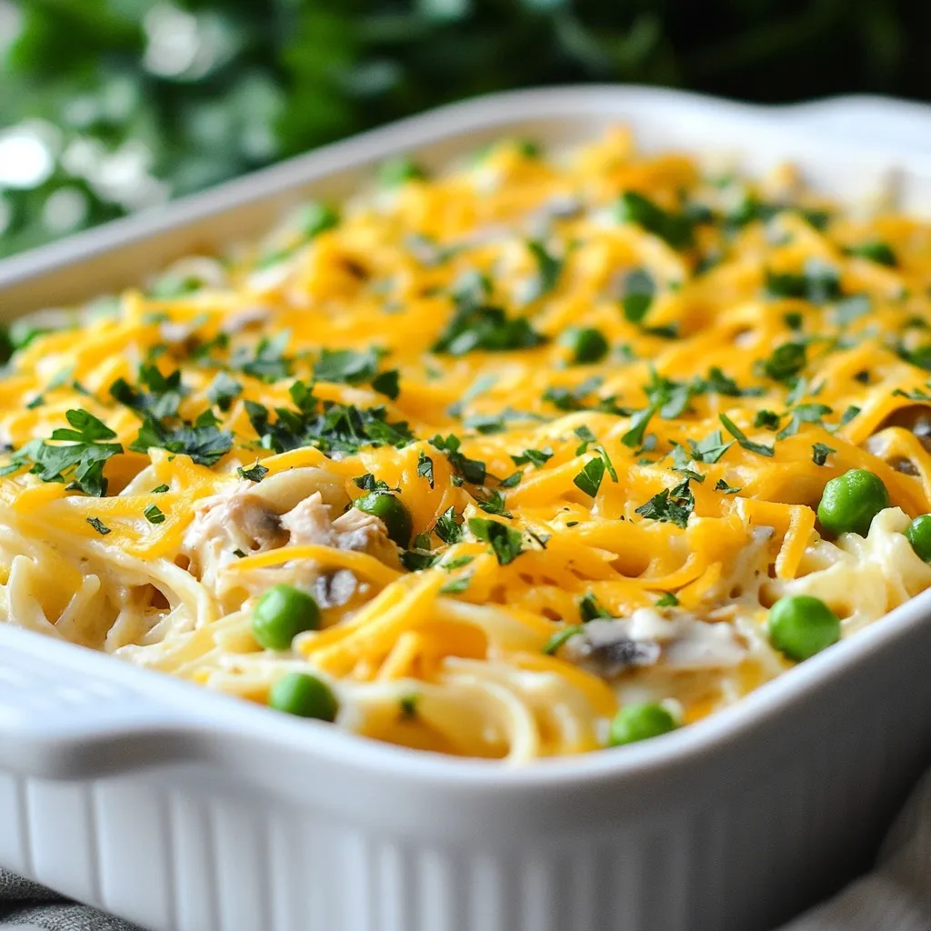 To make this easy turkey tetrazzini, you need some key ingredients: - 12 oz spaghetti or linguine - 2 cups cooked turkey, shredded or cubed - 1 cup mushrooms, sliced - 1 cup frozen peas - 1/2 cup onion, diced - 2 cloves garlic, minced - 3 cups chicken broth - 1 cup heavy cream - 1 cup shredded cheddar cheese - 1/2 cup grated Parmesan cheese - 3 tablespoons butter - 1 teaspoon dried thyme - 1 teaspoon garlic powder - Salt and pepper to taste - Fresh parsley, chopped (for garnish) These ingredients create a creamy and cheesy dish that is full of flavor. You can make your tetrazzini even better with these add-ins: - Cooked bacon for crunch - Bell peppers for sweetness - Spinach for extra greens - Artichoke hearts for a unique taste These add-ins can bring new layers of flavor and texture to your meal. Feel free to mix and match based on what you have at home. Toppings can make your turkey tetrazzini shine. Consider these options: - Extra shredded cheese for a melty crust - Bread crumbs for a crispy top - Crushed red pepper for heat - Fresh herbs like basil or thyme for freshness These toppings not only add flavor but also make the dish look more appealing. Enjoy the process of making it your own! {{ingredient_image_2}} Start by cooking your pasta. Use 12 oz of spaghetti or linguine. Boil it in salted water until it's al dente. This should take around 8-10 minutes. Drain it and set it aside. Next, grab a large skillet. Melt 3 tablespoons of butter over medium heat. Once the butter is melted, add 1/2 cup of diced onion and 2 minced garlic cloves. Sauté them for about 3-4 minutes. You want the onion to turn translucent and smell great. Then, add 1 cup of sliced mushrooms. Cook these until they are tender and brown, about 5-6 minutes. Stir occasionally for even cooking. Now it's time to mix in the main ingredients. Add the shredded or cubed turkey, which should be about 2 cups. Toss in 1 cup of frozen peas too. Season your mixture with 1 teaspoon of dried thyme, 1 teaspoon of garlic powder, and salt and pepper to taste. Stir well to combine everything. Gradually pour in 3 cups of chicken broth and 1 cup of heavy cream. Keep stirring until the mix is smooth. Let it simmer for about 5 minutes. This step helps the flavors blend nicely. Remove the skillet from heat and stir in 1 cup of shredded cheddar cheese until it melts. In a large bowl, combine the drained pasta with the turkey and cheese sauce. Mix well until every piece of pasta is coated. Transfer this mixture to a greased 9x13-inch baking dish. Spread it out evenly. For a tasty crust, sprinkle 1/2 cup of grated Parmesan cheese on top. Preheat your oven to 350°F (175°C) if you haven't done so yet. Bake your dish for 25-30 minutes. You want the top to look golden and bubbly. Once it’s done, take it out and let it cool for a few minutes. This helps it set up nicely. Garnish with freshly chopped parsley, and you are ready to serve! To cook pasta for Tetrazzini, start with a large pot of water. Add a pinch of salt to the water before boiling. Once the water bubbles, add your spaghetti or linguine. Cook until just al dente, about 8-10 minutes. Stir often to prevent sticking. When done, drain the pasta and set it aside. This helps keep it from getting mushy when baked. For a creamier sauce, use heavy cream as the base. Stir it in slowly after adding the broth. Mix in your cheeses, too. I love to add extra cheddar for a rich taste. You can also add spices like dried thyme and garlic powder for more depth. Fresh herbs, like parsley, add brightness at the end. Store any leftover Tetrazzini in an airtight container. It can last up to three days in the fridge. If you want to freeze it, let it cool first. Then, put it in a freezer-safe dish. It can stay good for about three months. To reheat, use the oven or microwave until heated through. Enjoy the creamy goodness again! Pro Tips Use Leftover Turkey: This dish is perfect for utilizing leftover turkey from holiday meals, adding both flavor and reducing waste. Customize Vegetables: Feel free to swap in your favorite vegetables like bell peppers or spinach for added nutrition and flavor. Cheese Variations: Experiment with different cheeses such as mozzarella or gouda for a unique twist on the classic taste. Make Ahead: Prepare the dish in advance and refrigerate it. Bake just before serving for a convenient meal option. {{image_4}} You can switch up the protein in your turkey tetrazzini. If you have leftover chicken, use that instead. It works great and tastes delicious. You can also try ham or even shrimp. Each protein adds a unique flavor to the dish. Just make sure to keep the cooking times similar. This way, your dish stays creamy and rich. To make a vegetarian tetrazzini, skip the meat. You can add more veggies like bell peppers or zucchini. Mushrooms give a nice meaty flavor, so keep those in your mix. For protein, consider adding beans or tofu. They will make the dish filling and tasty. You can use vegetable broth instead of chicken broth. This keeps it vegetarian-friendly while still being creamy. If you need a gluten-free option, swap the pasta for gluten-free noodles. Many brands offer good choices that cook well. You can also use spiralized veggies like zucchini or squash. These not only make it gluten-free but also add more nutrients. Make sure your broth and cheese are gluten-free, too. This way, everyone can enjoy a creamy, tasty dish without worry. To store leftover turkey tetrazzini, cool it to room temperature first. Then, place it in an airtight container. Make sure to seal it well to keep moisture out. You can store it in the fridge for about 3 to 4 days. It’s a great way to enjoy your meal again! When you're ready to eat your leftovers, the oven is best. Preheat it to 350°F (175°C). Place the tetrazzini in a baking dish and cover it with foil. Heat for about 20 to 30 minutes. This keeps it creamy and prevents drying out. You can also use a microwave. Heat in short bursts, stirring in between. This makes sure everything warms evenly. For long-term storage, freezing is a great option. Let the tetrazzini cool completely first. Then, place it in a freezer-safe container or wrap it tightly in plastic wrap. Label the container with the date. It can last up to 3 months in the freezer. When you're ready to eat, thaw it overnight in the fridge before reheating. Yes, you can use rotisserie chicken. It saves time and adds flavor. Just shred or cube the chicken as you would turkey. This swap makes the dish easy and quick. Plus, it tastes great in the creamy sauce. If you need a substitute for heavy cream, try using half-and-half. You can also mix milk with butter. For a lighter option, use Greek yogurt or sour cream. Each choice will change the taste slightly but still keep it creamy. To make Tetrazzini ahead, prepare the dish up to the baking step. Cover it with foil and store it in the fridge. When ready to eat, bake it straight from the fridge. Just add a few extra minutes to the baking time. This way, you’ll enjoy a warm meal without much effort! Turkey Tetrazzini combines rich flavors and easy steps. We covered key ingredients, cooking methods, and tasty variations. You can customize it with your favorite proteins or make it vegetarian. Storing and reheating is simple, allowing you to enjoy leftovers later. Always feel free to experiment for more taste. You now have the tools to craft your own delicious Tetrazzini. Happy cooking!