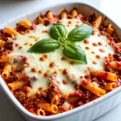 - 12 oz ziti pasta - 1 lb ground beef - 2 cups ricotta cheese - 2 cups shredded mozzarella cheese, divided - 1 cup grated Parmesan cheese Ziti pasta is the star of this dish. It holds the sauce well and has a fun shape. Ground beef adds richness and a deep flavor. For cheese, I use mozzarella for its meltiness, ricotta for creaminess, and Parmesan for a savory kick. - 28 oz can crushed tomatoes - 2 cups marinara sauce - 1 teaspoon Italian seasoning - 1 teaspoon red pepper flakes (optional) - Salt and pepper to taste Crushed tomatoes and marinara sauce form the sauce base. They bring freshness and depth. Italian seasoning adds herbs that brighten the dish. Red pepper flakes give it a little heat, but feel free to skip them if you prefer mild. - 1 small onion, finely diced - 3 cloves garlic, minced - Fresh basil leaves for garnishing (optional) Onion and garlic add layers of flavor. They cook down to sweetness and aroma. Fresh basil on top adds a pop of color and freshness at the end. It ties everything together beautifully. {{ingredient_image_2}} To start, boil a large pot of salted water. Add the ziti pasta and cook it until it's al dente. This means it should be slightly firm when you bite it. It usually takes about 8 to 10 minutes. Once cooked, drain the pasta well. Set it aside in a bowl so it can cool a bit and lose extra moisture. In a large skillet, heat it over medium heat. Add the ground beef, diced onion, and minced garlic. Cook this mix for about 5 to 7 minutes. Stir it often to break the beef into small pieces. You want the beef to be fully browned, and the onions should be soft and clear. After that, stir in the crushed tomatoes, marinara sauce, and Italian seasoning. If you like spice, add red pepper flakes. Season with salt and pepper. Let this simmer on low heat for about 10 minutes. This helps all the flavors mix well. In a large mixing bowl, combine the cooked ziti, the beef mixture, and ricotta cheese. Mix it well so every piece of pasta is coated in sauce. Now, grease a 9x13 inch baking dish. Spread half of the ziti mix on the bottom. Top this with one cup of shredded mozzarella cheese. Next, add the rest of the ziti mix on top. Finish by sprinkling the remaining mozzarella and all of the grated Parmesan cheese on the top. Cover the baking dish tightly with aluminum foil. This keeps the dish from drying out. Place it in your preheated oven at 375&deg;F. Bake it for 25 minutes. After that time, carefully remove the foil. Continue baking for another 15 to 20 minutes. You want to see the cheese bubble and turn a nice golden color. When it's ready, let it cool for about 5 minutes before slicing. If you want, you can garnish with fresh basil leaves for a nice look. To cook pasta just right, follow these steps: - Use a large pot with plenty of water. - Salt the water generously; it helps flavor the pasta. - Cook ziti until it's al dente, firm but not hard. - Drain the pasta well to remove excess water. To check for doneness, taste a piece. It should be cooked but still have a slight bite. This texture holds up well in the oven. For mozzarella, I love using whole milk mozzarella. It melts perfectly and gives a creamy texture. If you want a more robust flavor, consider using smoked mozzarella. If you can't find ricotta, try cottage cheese. You can blend it until smooth for a similar texture. Another option is cream cheese; it adds richness and creaminess. Want to boost flavors? Add saut&eacute;ed mushrooms or spinach to the beef mix. They add depth and nutrients. For a spicy kick, toss in extra red pepper flakes. Just a pinch can elevate the dish. You can also use hot Italian sausage instead of ground beef for a meaty, spicy twist. Pro Tips Perfect Pasta Texture: Make sure to cook the ziti pasta just until al dente. This prevents it from becoming mushy when baked and ensures a delightful bite in every forkful. Layering for Flavor: For an even more flavorful dish, consider adding saut&eacute;ed vegetables like bell peppers or spinach to the meat mixture. This not only boosts nutrition but also adds depth to the taste. Cheese Variations: Feel free to experiment with different types of cheese! Adding a mix of provolone or gouda can create a unique flavor profile that elevates the dish. Let it Rest: After baking, allow the ziti to rest for a few minutes. This helps the layers set, making it easier to serve and enhancing the overall presentation. {{image_4}} You can swap out ground beef for several other proteins. Ground turkey or chicken works great as a leaner option. These meats cook similarly and absorb flavors well. If you want a meat-free dish, try using lentils or mushrooms. They add texture and flavor without meat. For a hearty veggie option, mix in some diced bell peppers or zucchini. You can change the sauce to suit your taste. Use different marinara or tomato sauces for a unique twist. A spicy arrabbiata sauce gives a nice kick. If you want something richer, try a creamy Alfredo sauce. Mixing sauces can create a fun flavor combo. You can even add some pesto for an herbaceous touch. To make this dish healthier, consider whole wheat pasta. It adds fiber and nutrients. You can also use lower-fat cheese. Look for part-skim mozzarella or ricotta. These options cut calories without losing flavor. Adding extra veggies can boost nutrition too. Try spinach or kale for a great color and taste. To store leftovers, first let the baked ziti cool. Then, cover it tightly with plastic wrap or foil. You can also place it in an airtight container. This keeps it fresh for up to three days. For reheating, I suggest using the oven. Preheat it to 350&deg;F (175&deg;C). Place the ziti in a baking dish and cover it with foil. Heat it for about 20-25 minutes. This helps keep the cheese from drying out. You can add a splash of marinara sauce if it seems dry. To freeze baked ziti, let it cool completely first. Then, wrap it tightly in plastic wrap. After that, place it in a freezer-safe bag. This keeps it safe for up to three months. When you want to eat it, thaw the ziti in the fridge overnight. For reheating, preheat your oven to 350&deg;F (175&deg;C). Remove the plastic wrap and cover it with foil. Heat for about 30-40 minutes. Check that it is hot throughout before serving. Enjoy your tasty comfort dish later! Can I make baked ziti ahead of time? Yes, you can make baked ziti ahead. Prepare it up to the baking step, then cover and chill. Bake it within 24 hours for best results. For longer storage, freeze it instead. Just remember, thaw it before baking. What can I serve with baked ziti? Baked ziti pairs well with a fresh salad or garlic bread. A crisp Caesar salad adds a nice crunch. Garlic bread gives a warm, buttery touch. You can also serve it with a side of roasted veggies for a healthy balance. Why did my cheese not melt properly? If the cheese did not melt, it may be due to low oven heat. Ensure your oven is preheated to 375&deg;F. Also, use fresh cheese instead of pre-shredded types, as they often contain anti-caking agents. How to prevent baked ziti from becoming dry? To keep baked ziti moist, use enough sauce. The ricotta cheese also helps add creaminess. Cover it with foil while baking until the last 15-20 minutes. This keeps steam in and prevents drying. What can I use instead of ricotta cheese? If you do not have ricotta cheese, try cottage cheese or cream cheese. Both options provide a rich texture. You can also use mascarpone for a sweeter note. Can I use a different type of pasta? Yes, you can use other pasta shapes. Penne or macaroni work just fine. The key is to cook it al dente for the best texture in your baked dish. This post covered the essentials of making baked ziti. We explored the key ingredients, such as ziti pasta and various cheeses. The step-by-step guide laid out how to prepare the dish, from cooking the pasta to baking it perfectly. I shared tips for achieving the best flavor and even offered variations for your needs. Remember, you can personalize baked ziti to make it your own. Enjoy the process and don't hesitate to experiment. Cooking should be fun and rewarding!