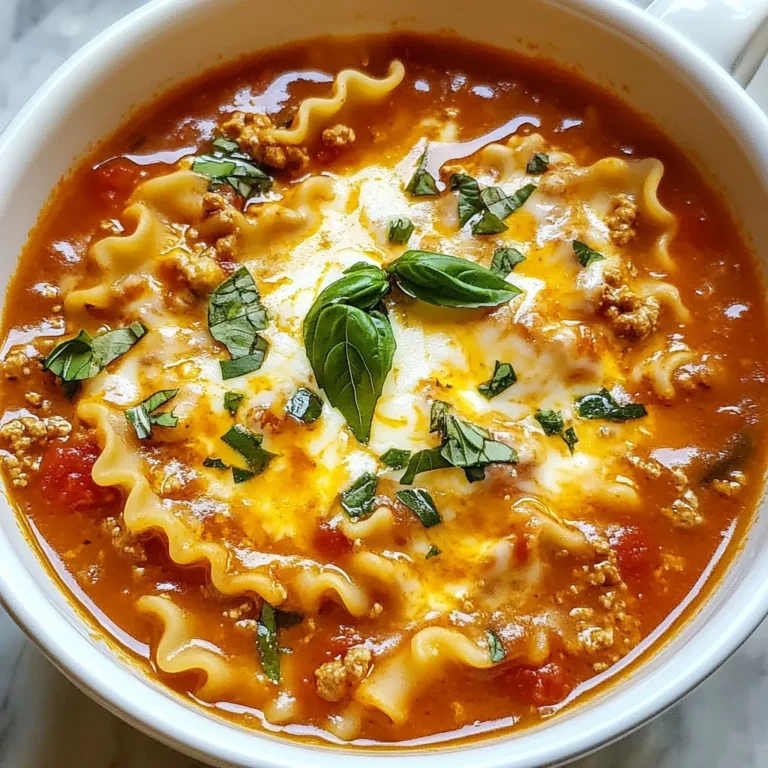 To make this one-pot lasagna soup, gather these items: - 1 tablespoon extra virgin olive oil - 1 medium onion, finely diced - 3 cloves garlic, minced - 1 pound ground beef (or ground turkey) - 1 can (28 ounces) crushed tomatoes - 4 cups chicken or vegetable broth - 2 teaspoons dried Italian seasoning - 1 teaspoon red pepper flakes (optional) - 8 lasagna noodles, broken into bite-sized pieces - 1 cup creamy ricotta cheese - 1 cup freshly shredded mozzarella cheese - ½ cup grated Parmesan cheese - Fresh basil leaves for garnish - Sea salt and freshly cracked black pepper to taste You can easily adjust this recipe to fit your needs: - Ground beef can be swapped with ground turkey for a leaner option. - Use vegetable broth instead of chicken broth for a vegetarian choice. - For a vegan diet, replace all cheeses with plant-based alternatives. - Gluten-free lasagna noodles can replace regular noodles to suit gluten-free diets. When measuring ingredients, precision matters: - Use a dry measuring cup for cheeses and noodles. - A liquid measuring cup is best for broth and crushed tomatoes. - Fresh herbs should be lightly packed for best flavor. - Always taste your soup and adjust salt and pepper as needed. {{ingredient_image_2}} 1. Heat the oil: Start by heating one tablespoon of extra virgin olive oil in a large pot over medium heat. This oil gives great flavor. 2. Cook the onion: Add one finely diced medium onion. Sauté it for about three to four minutes until it turns soft and clear. 3. Add garlic: Next, stir in three minced garlic cloves. Cook for one more minute. You want to smell that garlic but be careful not to burn it! 4. Brown the meat: Now, add one pound of ground beef (or ground turkey if you prefer). Cook until it is brown. Use a wooden spoon to break it up as it cooks. If there is too much fat, drain it. 5. Add tomatoes and broth: Pour in one can of crushed tomatoes and four cups of chicken or vegetable broth. Then, add two teaspoons of dried Italian seasoning and one teaspoon of red pepper flakes if you like it spicy. Mix it all up. 6. Bring to a boil: Heat the soup until it gently boils. Then, lower the heat to let it simmer. 7. Add noodles: Break eight lasagna noodles into bite-sized pieces and toss them into the pot. Cover and let it cook for about 15 minutes. This is when the noodles get soft. 8. Melt the cheeses: Reduce the heat and stir in one cup of creamy ricotta cheese, one cup of shredded mozzarella, and half a cup of grated Parmesan cheese. Cook for another two to three minutes, until the cheeses melt into the soup. 9. Season to taste: Taste your soup and add sea salt and black pepper as needed to make it flavorful. 10. Serve: Ladle the soup into bowls and top with fresh basil leaves. This adds color and taste. - Always have your ingredients ready before you start. Chop the onion and mince the garlic beforehand. This helps keep things moving. - When cooking the meat, make sure it is well-browned. This adds more flavor to your soup. - Stir the soup often after adding the noodles. It helps to avoid sticking and ensures even cooking. - Consider taking pictures or making a video for each step. Show how the onions look when soft and the color of the soup as it cooks. - If you are adventurous, record the melting of the cheese. This is a great moment to capture! - Share your final dish. A photo of a bowl with fresh basil and cheese on top is always appealing. To get the best noodle texture, break the lasagna noodles into small pieces. This helps them absorb the broth without getting mushy. Cook them for about 15 minutes. Check them often to see if they are al dente. You want them firm but tender. If you overcook them, they will turn to mush in the soup. Herbs and spices make your soup pop with flavor. I love using dried Italian seasoning. It gives a warm, rich taste. You can also add red pepper flakes for a kick. If you want more freshness, toss in some chopped basil at the end. This simple touch brightens up your dish. Avoid adding all the cheese at once. If you add it too fast, it may clump together. Stir in the cheeses gently to help them melt evenly. Another mistake is not tasting the soup before serving. Always adjust the salt and pepper to suit your taste. Lastly, don’t skip the olive oil. It adds depth and richness to your soup. Pro Tips Use Fresh Herbs: Fresh basil adds a vibrant flavor and aroma, enhancing the overall taste of your soup. Stir in some just before serving for the best effect. Customize Your Proteins: Feel free to swap out the beef for cooked sausage, chicken, or even a plant-based protein for different flavor profiles. Cheese Variety: Experiment with different cheeses like provolone or fontina for a unique twist on the classic cheesy flavor. Make It Ahead: This soup can be made in advance and stored in the refrigerator for up to three days. Reheat gently on the stove and add a splash of broth if it thickens. {{image_4}} If you want a vegetarian version, swap the ground beef for a mix of chopped veggies. Use mushrooms, bell peppers, and zucchini for great flavor. For a vegan option, replace the ricotta and mozzarella with plant-based cheese. You can also use silken tofu blended with nutritional yeast for a creamy texture. For a carb-free soup, skip the lasagna noodles. Instead, add spiralized zucchini or cauliflower rice. These options keep the soup hearty and low in carbs. You can also use chopped leafy greens like spinach or kale for added nutrition. Want to add more flavor? Toss in fresh spinach or kale right before serving. Mushrooms give a rich taste, too. Add them when you sauté the onion and garlic. You can also mix in fresh herbs like thyme or oregano for a burst of freshness. To store leftovers, let the soup cool first. Then, place it in an airtight container. You can keep it in the fridge for up to four days. This way, you can enjoy your tasty soup later. When you are ready to eat your leftovers, pour the soup into a pot. Heat it on medium-low heat until warm. Stir it often to prevent sticking. If the soup looks thick, add a splash of broth or water. This keeps it creamy. If you want to save the soup longer, it’s easy to freeze. Use freezer-safe containers or bags. Make sure to leave some space at the top for expansion. The soup can last in the freezer for up to three months. When you are ready to eat, thaw it overnight in the fridge. Then, reheat it on the stove as mentioned. Enjoy your convenient meal! Yes, you can make this soup ahead of time. Just cook it fully and let it cool. Store it in an airtight container in the fridge for up to three days. When you’re ready to eat, reheat it on the stove over low heat. You may need to add a little broth to loosen it up. This soup tastes even better the next day, as the flavors blend more. Absolutely! You can use different cheeses to change the flavor. Try using feta for a tangy twist or gouda for a smoky taste. Cream cheese can also work well, giving the soup a nice creaminess. Just remember to adjust the amounts to keep the soup balanced and tasty. To make this lasagna soup gluten-free, swap out the regular lasagna noodles for gluten-free ones. Look for brands that make noodles from rice, corn, or lentils. Make sure to check the labels to ensure they are truly gluten-free. This way, everyone can enjoy this delicious meal! This blog post covered the essential ingredients, step-by-step cooking instructions, and helpful tips to make a delicious soup. You learned about substitutions for dietary needs, ensuring perfect noodle texture, and ways to enhance flavor. Also, we explored fun variations to make the soup your own. Lastly, we provided useful storage techniques to keep your leftovers fresh. Use these insights to create your best soup yet. Cooking should be easy and enjoyable, so dive in and start making it!