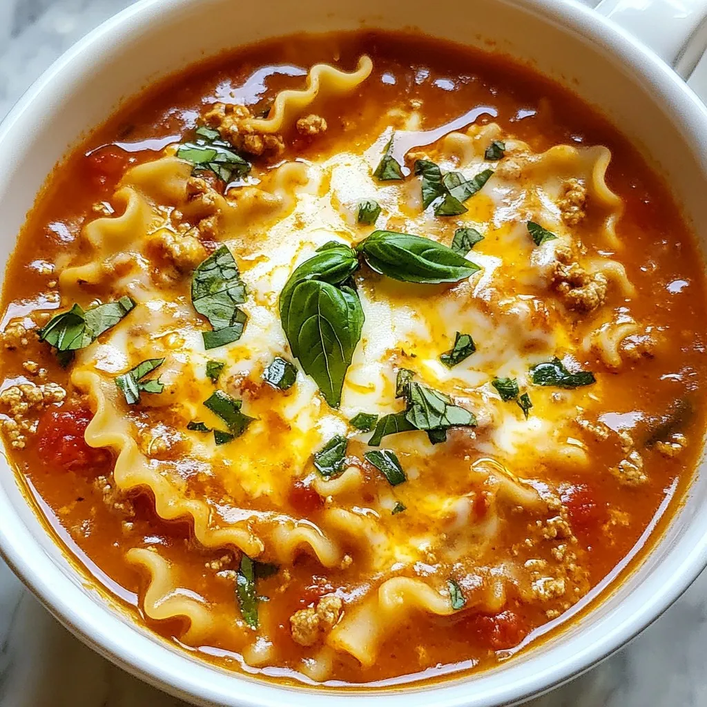 To make this one-pot lasagna soup, gather these items: - 1 tablespoon extra virgin olive oil - 1 medium onion, finely diced - 3 cloves garlic, minced - 1 pound ground beef (or ground turkey) - 1 can (28 ounces) crushed tomatoes - 4 cups chicken or vegetable broth - 2 teaspoons dried Italian seasoning - 1 teaspoon red pepper flakes (optional) - 8 lasagna noodles, broken into bite-sized pieces - 1 cup creamy ricotta cheese - 1 cup freshly shredded mozzarella cheese - ½ cup grated Parmesan cheese - Fresh basil leaves for garnish - Sea salt and freshly cracked black pepper to taste You can easily adjust this recipe to fit your needs: - Ground beef can be swapped with ground turkey for a leaner option. - Use vegetable broth instead of chicken broth for a vegetarian choice. - For a vegan diet, replace all cheeses with plant-based alternatives. - Gluten-free lasagna noodles can replace regular noodles to suit gluten-free diets. When measuring ingredients, precision matters: - Use a dry measuring cup for cheeses and noodles. - A liquid measuring cup is best for broth and crushed tomatoes. - Fresh herbs should be lightly packed for best flavor. - Always taste your soup and adjust salt and pepper as needed. {{ingredient_image_2}} 1. Heat the oil: Start by heating one tablespoon of extra virgin olive oil in a large pot over medium heat. This oil gives great flavor. 2. Cook the onion: Add one finely diced medium onion. Sauté it for about three to four minutes until it turns soft and clear. 3. Add garlic: Next, stir in three minced garlic cloves. Cook for one more minute. You want to smell that garlic but be careful not to burn it! 4. Brown the meat: Now, add one pound of ground beef (or ground turkey if you prefer). Cook until it is brown. Use a wooden spoon to break it up as it cooks. If there is too much fat, drain it. 5. Add tomatoes and broth: Pour in one can of crushed tomatoes and four cups of chicken or vegetable broth. Then, add two teaspoons of dried Italian seasoning and one teaspoon of red pepper flakes if you like it spicy. Mix it all up. 6. Bring to a boil: Heat the soup until it gently boils. Then, lower the heat to let it simmer. 7. Add noodles: Break eight lasagna noodles into bite-sized pieces and toss them into the pot. Cover and let it cook for about 15 minutes. This is when the noodles get soft. 8. Melt the cheeses: Reduce the heat and stir in one cup of creamy ricotta cheese, one cup of shredded mozzarella, and half a cup of grated Parmesan cheese. Cook for another two to three minutes, until the cheeses melt into the soup. 9. Season to taste: Taste your soup and add sea salt and black pepper as needed to make it flavorful. 10. Serve: Ladle the soup into bowls and top with fresh basil leaves. This adds color and taste. - Always have your ingredients ready before you start. Chop the onion and mince the garlic beforehand. This helps keep things moving. - When cooking the meat, make sure it is well-browned. This adds more flavor to your soup. - Stir the soup often after adding the noodles. It helps to avoid sticking and ensures even cooking. - Consider taking pictures or making a video for each step. Show how the onions look when soft and the color of the soup as it cooks. - If you are adventurous, record the melting of the cheese. This is a great moment to capture! - Share your final dish. A photo of a bowl with fresh basil and cheese on top is always appealing. To get the best noodle texture, break the lasagna noodles into small pieces. This helps them absorb the broth without getting mushy. Cook them for about 15 minutes. Check them often to see if they are al dente. You want them firm but tender. If you overcook them, they will turn to mush in the soup. Herbs and spices make your soup pop with flavor. I love using dried Italian seasoning. It gives a warm, rich taste. You can also add red pepper flakes for a kick. If you want more freshness, toss in some chopped basil at the end. This simple touch brightens up your dish. Avoid adding all the cheese at once. If you add it too fast, it may clump together. Stir in the cheeses gently to help them melt evenly. Another mistake is not tasting the soup before serving. Always adjust the salt and pepper to suit your taste. Lastly, don’t skip the olive oil. It adds depth and richness to your soup. Pro Tips Use Fresh Herbs: Fresh basil adds a vibrant flavor and aroma, enhancing the overall taste of your soup. Stir in some just before serving for the best effect. Customize Your Proteins: Feel free to swap out the beef for cooked sausage, chicken, or even a plant-based protein for different flavor profiles. Cheese Variety: Experiment with different cheeses like provolone or fontina for a unique twist on the classic cheesy flavor. Make It Ahead: This soup can be made in advance and stored in the refrigerator for up to three days. Reheat gently on the stove and add a splash of broth if it thickens. {{image_4}} If you want a vegetarian version, swap the ground beef for a mix of chopped veggies. Use mushrooms, bell peppers, and zucchini for great flavor. For a vegan option, replace the ricotta and mozzarella with plant-based cheese. You can also use silken tofu blended with nutritional yeast for a creamy texture. For a carb-free soup, skip the lasagna noodles. Instead, add spiralized zucchini or cauliflower rice. These options keep the soup hearty and low in carbs. You can also use chopped leafy greens like spinach or kale for added nutrition. Want to add more flavor? Toss in fresh spinach or kale right before serving. Mushrooms give a rich taste, too. Add them when you sauté the onion and garlic. You can also mix in fresh herbs like thyme or oregano for a burst of freshness. To store leftovers, let the soup cool first. Then, place it in an airtight container. You can keep it in the fridge for up to four days. This way, you can enjoy your tasty soup later. When you are ready to eat your leftovers, pour the soup into a pot. Heat it on medium-low heat until warm. Stir it often to prevent sticking. If the soup looks thick, add a splash of broth or water. This keeps it creamy. If you want to save the soup longer, it’s easy to freeze. Use freezer-safe containers or bags. Make sure to leave some space at the top for expansion. The soup can last in the freezer for up to three months. When you are ready to eat, thaw it overnight in the fridge. Then, reheat it on the stove as mentioned. Enjoy your convenient meal! Yes, you can make this soup ahead of time. Just cook it fully and let it cool. Store it in an airtight container in the fridge for up to three days. When you’re ready to eat, reheat it on the stove over low heat. You may need to add a little broth to loosen it up. This soup tastes even better the next day, as the flavors blend more. Absolutely! You can use different cheeses to change the flavor. Try using feta for a tangy twist or gouda for a smoky taste. Cream cheese can also work well, giving the soup a nice creaminess. Just remember to adjust the amounts to keep the soup balanced and tasty. To make this lasagna soup gluten-free, swap out the regular lasagna noodles for gluten-free ones. Look for brands that make noodles from rice, corn, or lentils. Make sure to check the labels to ensure they are truly gluten-free. This way, everyone can enjoy this delicious meal! This blog post covered the essential ingredients, step-by-step cooking instructions, and helpful tips to make a delicious soup. You learned about substitutions for dietary needs, ensuring perfect noodle texture, and ways to enhance flavor. Also, we explored fun variations to make the soup your own. Lastly, we provided useful storage techniques to keep your leftovers fresh. Use these insights to create your best soup yet. Cooking should be easy and enjoyable, so dive in and start making it!