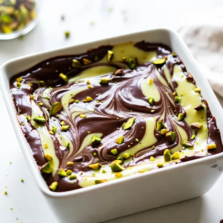To make the perfect Pistachio Swirl Fudge, you need these key ingredients: - 1 cup sweetened condensed milk - 2 cups semi-sweet chocolate chips - 1 cup white chocolate chips - 1 cup shelled pistachios, finely chopped - 1 teaspoon vanilla extract - 1/2 teaspoon sea salt - Green food coloring (optional) These ingredients work together to create a creamy texture and a rich flavor. The sweetened condensed milk is the base that gives the fudge its melt-in-your-mouth quality. The semi-sweet and white chocolate chips add depth and sweetness, while the pistachios bring a delightful crunch. You can add a few extras if you want to enhance your fudge. Here are some fun ideas: - A pinch of cinnamon for warmth - A splash of almond extract for extra flavor - Extra nuts, like walnuts or almonds, for added texture These add-ins can give your fudge a unique twist. Feel free to experiment and find what you love. Sometimes, you might not have every ingredient on hand. Here are some easy swaps: - Use evaporated milk instead of sweetened condensed milk for a less sweet fudge. - Dark chocolate chips can replace semi-sweet chips for a richer taste. - Replace white chocolate with carob chips for a twist. These substitutions will help you make fudge that fits your taste or what you have in your kitchen. Enjoy creating your version of this sweet treat! {{ingredient_image_2}} To start, you need to prep your baking dish. Take an 8x8 inch square baking dish. Line it with parchment paper. Make sure to leave some paper hanging over the edges. This helps when you take the fudge out later. Next, we melt the chocolate. Grab a medium saucepan and place it on low heat. Add 1 cup of sweetened condensed milk and 2 cups of semi-sweet chocolate chips. Stir this mix constantly. You want it to melt into a smooth, creamy texture. Once melted, remove it from the heat. Stir in 1 teaspoon of vanilla extract and 1/2 teaspoon of sea salt. Mix well. Pour half of this chocolate mixture into your baking dish. Spread it evenly on the bottom. For the white chocolate, use the same method. Melt 1 cup of white chocolate chips in a separate bowl over low heat. Stir until it is creamy. If you want a fun green color, add a few drops of green food coloring. Mix until combined. Now, we layer the fudge. Pour the melted white chocolate over the semi-sweet layer. Spread it out smoothly. In the remaining half of the semi-sweet fudge, fold in 1 cup of finely chopped pistachios. Use a spoon to dollop spoonfuls of this pistachio fudge on top of the white layer. To create the swirl, take a knife or spatula. Gently swirl the layers together. You want a nice marbled look. Be careful not to overmix. You should still see distinct swirls of both chocolate layers. Once you finish swirling, cover the dish with plastic wrap. Place it in the fridge for at least 4 hours. This time allows the fudge to set completely. When it is firm, take it out. Lift it out of the dish using the parchment paper overhang. Place it on a cutting board. Cut it into 16 squares for serving. Enjoy your sweet and nutty treat! For a great swirl, use a gentle touch. After layering your fudge, take a knife or spatula. Start at one edge and move through the layers. Make soft, smooth motions. You want to see both chocolate types clearly. Too much mixing makes it muddy. Aim for a beautiful marbled look. Melting chocolate can be tricky. Always use low heat to avoid burning. Stir constantly as it melts. This keeps the chocolate smooth and creamy. If it gets too hot, it can seize up. If you need to melt chocolate faster, use a double boiler. This method helps heat it evenly. Make your fudge look appealing. Cut it into neat squares. Place them on a nice platter. Sprinkle extra chopped pistachios on top for color and crunch. For gifts, wrap each piece in colorful cellophane. This adds a personal touch. Friends and family will love your sweet treat! Pro Tips Use Fresh Pistachios: Ensure your pistachios are fresh for the best flavor and crunch. Stale nuts can affect the overall taste of your fudge. Temperature Control: Keep the heat low while melting chocolate to prevent it from seizing. Stir continuously for a smooth consistency. Chill for Best Texture: Allow the fudge to chill for a full 4 hours or overnight for a firmer texture that's easier to cut. Experiment with Flavors: Feel free to add other flavors like almond extract or orange zest for a unique twist on your fudge. {{image_4}} You can change the flavor of your fudge. Try dark chocolate for a rich taste. Just use dark chocolate chips instead of semi-sweet ones. If you want a fresh twist, go for matcha. Mix in matcha powder into the white chocolate layer. This gives a lovely green color and a unique flavor. You can even add spices, like cinnamon or nutmeg, for warmth and depth. Each variation brings a new adventure to this sweet treat. If you want to swap nuts, you have options! Almonds and walnuts work great in this fudge. Simply chop them finely, just like the pistachios. You can also use cashews for a creamy bite. Pecans add a nice crunch too. Each nut gives its own special flavor and texture. Mix and match to find your favorite combo! This fudge is naturally gluten-free! All the main ingredients are safe for a gluten-free diet. Just make sure to check labels on your chocolate chips. Some brands may process gluten-containing items. If you're worried, look for brands that are certified gluten-free. Enjoy this treat without any gluten concerns! To keep your pistachio swirl fudge fresh, store it in an airtight container. This helps prevent it from drying out or absorbing other smells from your fridge. You can layer the fudge squares with parchment paper. This keeps them from sticking together. Make sure to seal the container well. You can freeze fudge for later enjoyment. First, cut the fudge into squares and wrap each piece tightly in plastic wrap. After that, place the wrapped squares in a freezer-safe bag. Remove as much air as you can to prevent freezer burn. Your fudge can last in the freezer for up to three months. When stored correctly, pistachio swirl fudge can last up to two weeks in the fridge. Keep an eye on it for any signs of spoilage, like an off smell or change in texture. If you notice any, it's best to toss it out. For the best taste, enjoy your fudge within the first week. Yes, you can! Use regular milk and add sugar to thicken it. Try using evaporated milk for a richer flavor. It may change the texture, but it can still taste great. To cut the sweetness, reduce the sugar in the recipe. You can use dark chocolate chips instead of semi-sweet ones. Adding a pinch of sea salt can also balance the sweetness nicely. Check local bakeries or specialty candy shops for pre-made fudge. Some grocery stores carry it in their dessert section. You can also find it online at various sweet treat retailers. Absolutely! You can swap pistachios for almonds, walnuts, or hazelnuts. Each nut brings its own flavor and crunch, making the fudge unique. Just chop the nuts finely before adding them to the mix. This guide covers all you need to make delicious Pistachio Swirl Fudge. We explored the main ingredients, optional add-ins, and substitutions. The step-by-step instructions help you create the perfect swirl. Tips and tricks ensure great results, while variations add fun flavors. Lastly, we discussed how to store fudge and answered common questions. Enjoy making this treat and share it with others! The joys of baking are waiting for you.
