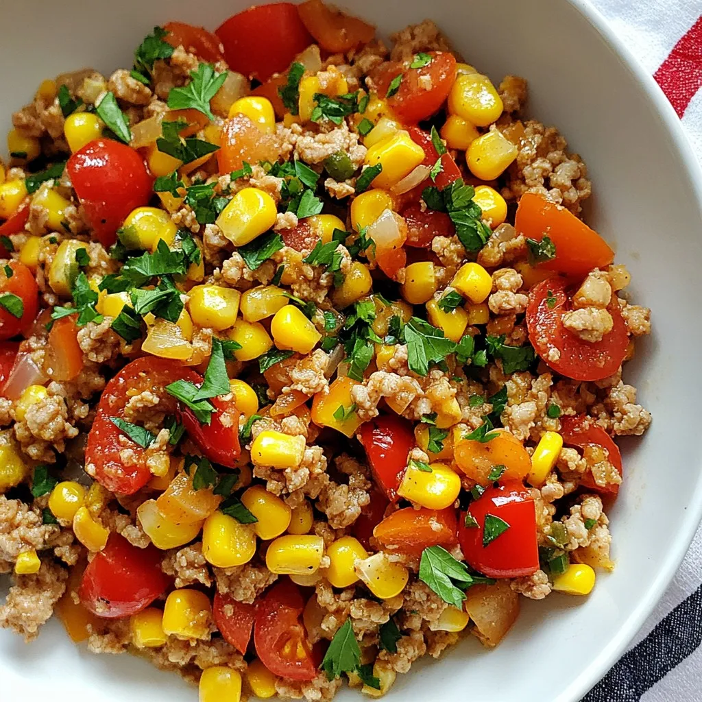 - 1 pound ground turkey - 2 tablespoons ranch seasoning mix - 4 cloves garlic, minced - 1 medium onion, diced - 2 bell peppers (preferably one red and one yellow), diced - 1 cup corn (canned or frozen) - 1 cup cherry tomatoes, halved - 2 tablespoons olive oil - Salt and freshly ground black pepper, to taste - Fresh parsley, chopped, for garnish When you cook Turkey Ranch Garlic Skillet, you need fresh and flavorful ingredients. Ground turkey is lean and easy to cook. It takes on flavors well and keeps the dish light. Ranch seasoning mix adds a tasty kick. You can buy it or make your own with herbs and spices. Garlic and onion give the dish a rich base. The aroma fills your kitchen and makes you hungry. I love using both for their strong flavors. Bell peppers add color and sweetness. I like to use one red and one yellow for the best look. Corn gives a nice crunch and is sweet too. You can use canned or frozen corn, depending on what you have. Cherry tomatoes add juiciness and freshness. Halving them helps them blend well with the other flavors. Finally, olive oil is key for sautéing. It makes the veggies tender and tasty. Don't forget salt and pepper to finish the dish! Use fresh parsley as a garnish. It adds color and a hint of brightness to the meal. {{ingredient_image_2}} 1. Sautéing the vegetables: Start by heating 2 tablespoons of olive oil in a large skillet over medium heat. Once the oil shimmers, add 1 medium diced onion and 2 diced bell peppers. Stir them often for 5 to 7 minutes. You want the onions to turn soft and clear. 2. Cooking the ground turkey: After the veggies soften, push them to one side of the skillet. Add 1 pound of ground turkey to the other side. Break it apart with a spatula. Cook for 6 to 8 minutes. Stir it now and then until it turns brown with no pink spots. 3. Combining ingredients: As the turkey nears being done, mix in 4 minced garlic cloves and 2 tablespoons of ranch seasoning mix. Stir everything well and cook for 2 more minutes. This allows the garlic flavor to spread. Then, fold in 1 cup of corn and 1 cup of halved cherry tomatoes. Cook for another 3 to 4 minutes until the tomatoes soften. - How to sauté properly: Sautéing means cooking food quickly in a bit of oil. Use medium heat and keep the food moving. This helps it cook evenly and avoids burning. - Ensuring the turkey is cooked through: Always check that the turkey is browned and no longer pink. This keeps the meal safe to eat and ensures it tastes great. - Adjusting seasonings: Once everything is cooked, taste the mixture. Add salt and freshly ground black pepper to your liking. This step boosts the flavor. - Presentation tips: Serve the skillet mixture right from the pan for a casual look. If you want, plate it in bowls. Add a garnish of chopped fresh parsley or some extra cherry tomatoes for a burst of color. How to enhance flavors To boost flavors, use fresh garlic and herbs. Fresh parsley adds bright taste and color. You can also try adding a splash of lemon juice. This gives a nice zing. For extra richness, mix in a dollop of sour cream before serving. Avoiding dryness in turkey To keep turkey moist, do not overcook it. Cook until it is just browned. Use the spatula to break it apart as it cooks. This helps it cook evenly. Adding vegetables like bell peppers and tomatoes also brings moisture. Their juices mix with the turkey, keeping it juicy. Serving suggestions Serve the turkey ranch garlic skillet right from the skillet. This makes a cozy, rustic look. If you prefer, scoop servings into bowls for a clean touch. Pair it with crusty bread or a side salad for a full meal. Garnishing options Garnish with chopped fresh parsley for a pop of color. You can also add extra halved cherry tomatoes on top. For a spicy twist, sprinkle some red pepper flakes over each serving. This gives a fun kick and looks great too. Pro Tips Use Lean Turkey: Opt for lean ground turkey to keep the dish healthy while still juicy and flavorful. Customize the Veggies: Feel free to add other vegetables like zucchini or spinach for extra nutrition and color. Adjust the Seasoning: Taste and adjust the ranch seasoning to your preference for a more personalized flavor profile. Meal Prep Friendly: This dish is great for meal prep—store leftovers in an airtight container in the fridge for up to 3 days. {{image_4}} You can switch up the protein in this dish. If you prefer chicken, use ground chicken instead of turkey. Beef works well too if you want a richer taste. For a plant-based option, try using lentils or a meat substitute like tempeh. Feel free to play with the vegetables too. Instead of bell peppers, you can add zucchini or spinach. Broccoli or green beans can also add a nice crunch. Get creative and choose what you like best! To boost the taste, add some spices or herbs. A pinch of cumin or paprika can add a warm kick. Fresh herbs like thyme or cilantro can also brighten the dish. Consider trying different ranch seasoning options. You can find spicy ranch mixes for a kick or even a garlic ranch for extra flavor. Each option will give your skillet a new twist. To keep your Turkey Ranch Garlic Skillet fresh, follow these steps: - Refrigeration: Place leftovers in a sealed container. Store them in the fridge. They stay good for up to three days. Make sure the skillet cools down before sealing it. This helps prevent moisture. - Freezing: If you want to store it longer, freeze the leftovers. Use freezer-safe containers or bags. Remove as much air as possible. This helps prevent freezer burn. You can store it for up to three months. Just label the date for easy tracking. To enjoy your Turkey Ranch Garlic Skillet again, you have two easy options: - Reheating in a skillet: Heat a little olive oil in a skillet over medium heat. Add the leftovers and stir gently. Cook until it's heated all the way through. This keeps the dish moist and tasty. - Microwave reheating: Place the leftovers in a microwave-safe bowl. Cover it loosely with a microwave-safe lid or a paper towel. Heat on high for 1-2 minutes. Check and stir halfway through to ensure it heats evenly. What can I serve with Turkey Ranch Garlic Skillet? You can serve this dish with rice or noodles. A side salad works well, too. For a fun twist, try adding some tortilla chips for crunch. The flavors mix nicely with many sides. Can I make it ahead of time? Yes, you can make this meal ahead. Just cook it, let it cool, and store it in the fridge. Reheat it when you are ready to eat. The flavors will deepen, making it even better. How long can I store leftovers? You can keep leftovers in the fridge for up to three days. If you want to keep it longer, freeze it for up to three months. Make sure to use airtight containers to help maintain freshness. How to make it gluten-free To make this dish gluten-free, use a gluten-free ranch seasoning mix. Check the labels to ensure all ingredients are safe. This way, you can enjoy the same great taste without worrying about gluten. Can I use a different type of meat? Absolutely! You can swap the ground turkey for chicken or beef. If you prefer a plant-based option, try using lentils or mushroom. Each choice offers a unique flavor and texture to the dish. In this blog post, you learned how to create a tasty turkey ranch skillet. We covered key ingredients, like ground turkey, ranch seasoning, and fresh veggies. I shared step-by-step instructions for cooking and tips to enhance flavors. You saw how to store leftovers and reheat them easily. Cooking can be fun and simple. With these methods, you can make a dish your family will love. Enjoy experimenting with flavors and variations!