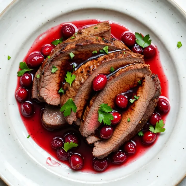 - 3-4 pounds beef roast (chuck or sirloin recommended) - 1 cup fresh cranberries (or frozen, thawed) - 1/2 cup balsamic vinegar - 1 cup beef broth - 2 tablespoons brown sugar - 1 large onion, sliced into thin rings - 4 cloves garlic, minced finely - 2 tablespoons olive oil - 1 teaspoon dried thyme - 1 teaspoon dried rosemary - Salt and freshly ground black pepper to taste - Fresh parsley, roughly chopped for garnish (optional) For this beef roast, I suggest using a chuck roast or sirloin. They both work great. If you can't find fresh cranberries, frozen ones are fine. Just thaw them first. For the balsamic vinegar, you can swap with red wine vinegar if needed. Beef broth can be replaced with vegetable broth, but the flavor may change slightly. If you like sweetness, add more brown sugar. You can also use shallots instead of onions for a milder taste. - Calories: 350 - Protein: 40g - Fat: 15g - Carbohydrates: 20g - Fiber: 2g - Sugar: 5g This dish serves 6-8 people. Each serving provides a hearty amount of protein, making it a filling meal. Enjoy this rich and tangy roast that is sure to impress your guests! {{ingredient_image_2}} First, preheat your oven to 325°F (163°C). This step is crucial for even cooking. While the oven warms up, season your beef roast. Use salt and freshly ground black pepper to coat all sides. This adds flavor right from the start. A well-seasoned roast makes all the difference in taste. Next, heat olive oil in a large skillet over medium-high heat. Once it's hot, carefully add your beef roast. Sear each side for about 3-4 minutes. Look for a nice golden-brown crust. This step locks in the juices and adds great flavor. After searing, remove the beef from the skillet and set it aside. In the same skillet, add sliced onions. Sauté them for about 5 minutes until they turn soft and translucent. Then, add minced garlic and cook for another minute. This will fill your kitchen with a lovely smell. In a bowl, whisk together balsamic vinegar, beef broth, brown sugar, thyme, and rosemary. Mix well to create a rich sauce. In a large roasting pan, layer the sautéed onions and fresh cranberries. Pour the balsamic mixture over this layer. Place the seared beef roast on top, allowing the juices to flow beneath. Cover the pan tightly with aluminum foil. This helps keep the roast moist. Bake for 2.5 to 3 hours. The beef should be tender and easy to pull apart. After cooking, remove the roast and let it rest for 10-15 minutes. This allows the juices to settle. Slice the beef into thick pieces and serve it. Spoon the delicious cranberry sauce over each slice. If you like, add a sprinkle of fresh parsley for a touch of color. Enjoy your savory and succulent dish! To get a great sear, start with a hot skillet. Use medium-high heat and add olive oil. Once the oil shimmers, carefully place your beef roast in the skillet. Sear each side for about 3-4 minutes. Look for a rich, golden-brown crust. This step helps lock in juices and adds flavor. Avoid moving the roast too much. Let it sit and form that perfect crust. Cooking time can vary based on the cut. For a chuck roast, aim for 2.5 to 3 hours at 325°F. If using sirloin, check for tenderness at 2 hours. The goal is to have meat that pulls apart easily. Always use a meat thermometer. Beef should reach 145°F for medium-rare. Adjust time as needed based on the size and cut of your roast. You can add more depth to your roast. Consider using fresh herbs like sage or oregano. A splash of red wine can also enhance the sauce. If you want more sweetness, increase the brown sugar. Feel free to mix in roasted carrots or potatoes in the pan. They will soak up the lovely sauce while cooking. Experimenting with flavors keeps each meal exciting and fresh. Pro Tips Choose the Right Cut: Opt for chuck or sirloin for a tender and flavorful roast. These cuts are well-suited for slow cooking and absorb flavors beautifully. Enhance the Cranberry Flavor: If using frozen cranberries, make sure to thaw them completely to preserve texture and flavor. Fresh cranberries provide a brighter taste! Do Not Skip Resting: Allowing the roast to rest after cooking is crucial. This step ensures the juices redistribute, resulting in a more succulent and juicy roast. Perfect Pairings: Serve this dish with sides like creamy mashed potatoes or roasted vegetables to complement the rich flavors of the balsamic cranberry sauce. {{image_4}} You can switch things up in this dish easily. If you want a different flavor, try using red wine instead of balsamic vinegar. It adds a rich taste that pairs well with beef. For a sweeter touch, swap fresh cranberries for dried cranberries or even cherry preserves. If you like a bit of a kick, add a pinch of red pepper flakes to the balsamic mixture. You can also use fresh herbs like basil or sage instead of thyme and rosemary. These changes will give the roast a new twist while keeping it tasty. You can cook this beef roast in a slow cooker or an Instant Pot. For the slow cooker, follow these steps: brown the beef as usual, then place it in the slow cooker. Add the sautéed onions, garlic, cranberries, and balsamic mixture. Cook on low for 6 to 8 hours or high for 4 to 5 hours. The beef will turn out tender and juicy. For the Instant Pot, brown the beef first, then add everything to the pot. Seal the lid and cook on high pressure for about 60 minutes. Let the pressure release naturally for best results. Both methods create a flavorful meal with less active cooking time. You can easily change the ingredients based on the seasons. In fall, try adding root vegetables like carrots or sweet potatoes. They add nutrition and flavor to the roast. In winter, you can use hearty greens like kale or Swiss chard. In spring, fresh peas or asparagus can brighten the dish. In summer, consider fresh tomatoes or bell peppers for a twist. Adjusting ingredients with the seasons keeps the dish fresh and exciting all year round. To keep your Balsamic Cranberry Beef Roast fresh, let it cool first. Once it's cool, slice the beef into pieces. Place the beef and sauce into airtight containers. Store them in the fridge for up to three days. If you want to keep it longer, freezing is a great option. To reheat, take the beef and sauce out of the fridge. Place the beef in a baking dish. Pour the sauce over the meat. Cover the dish with foil to keep the moisture in. Heat it in the oven at 325°F (163°C) for about 20 to 25 minutes. Check that it is heated through before serving. You can freeze the Balsamic Cranberry Beef Roast for up to three months. It’s best to freeze the beef and sauce separately. Use freezer-safe bags or containers for this. When you’re ready to eat, thaw it in the fridge overnight. Then, reheat it as noted above. Enjoy that tasty roast whenever you want! The best cuts of beef for this dish are chuck or sirloin. Chuck is great for its rich flavor and tenderness when slow-cooked. Sirloin is leaner but still juicy and delicious. Both cuts work well in this recipe, so choose based on your taste and budget. Yes, you can use dried cranberries if fresh ones are not available. Dried cranberries add sweetness and flavor but may not provide the same tartness. If you use dried cranberries, consider adding a bit more balsamic vinegar to balance the sweetness. To check if the beef is done, use a meat thermometer. The internal temperature should reach 145°F (63°C) for medium-rare. If you prefer it more done, aim for 160°F (71°C) for medium. Another way is to pull the beef apart with a fork; it should be tender and easily shred. In this blog post, we explored a tasty recipe for Balsamic Cranberry Beef Roast. We covered ingredients, step-by-step instructions, and tips for best results. You learned about variations and storage tips to make this dish last. Overall, this recipe is simple and flexible. You can adjust it to fit your taste. Enjoy the savory flavors and share it with others! Happy cooking!