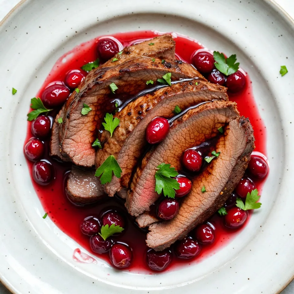 - 3-4 pounds beef roast (chuck or sirloin recommended) - 1 cup fresh cranberries (or frozen, thawed) - 1/2 cup balsamic vinegar - 1 cup beef broth - 2 tablespoons brown sugar - 1 large onion, sliced into thin rings - 4 cloves garlic, minced finely - 2 tablespoons olive oil - 1 teaspoon dried thyme - 1 teaspoon dried rosemary - Salt and freshly ground black pepper to taste - Fresh parsley, roughly chopped for garnish (optional) For this beef roast, I suggest using a chuck roast or sirloin. They both work great. If you can't find fresh cranberries, frozen ones are fine. Just thaw them first. For the balsamic vinegar, you can swap with red wine vinegar if needed. Beef broth can be replaced with vegetable broth, but the flavor may change slightly. If you like sweetness, add more brown sugar. You can also use shallots instead of onions for a milder taste. - Calories: 350 - Protein: 40g - Fat: 15g - Carbohydrates: 20g - Fiber: 2g - Sugar: 5g This dish serves 6-8 people. Each serving provides a hearty amount of protein, making it a filling meal. Enjoy this rich and tangy roast that is sure to impress your guests! {{ingredient_image_2}} First, preheat your oven to 325°F (163°C). This step is crucial for even cooking. While the oven warms up, season your beef roast. Use salt and freshly ground black pepper to coat all sides. This adds flavor right from the start. A well-seasoned roast makes all the difference in taste. Next, heat olive oil in a large skillet over medium-high heat. Once it's hot, carefully add your beef roast. Sear each side for about 3-4 minutes. Look for a nice golden-brown crust. This step locks in the juices and adds great flavor. After searing, remove the beef from the skillet and set it aside. In the same skillet, add sliced onions. Sauté them for about 5 minutes until they turn soft and translucent. Then, add minced garlic and cook for another minute. This will fill your kitchen with a lovely smell. In a bowl, whisk together balsamic vinegar, beef broth, brown sugar, thyme, and rosemary. Mix well to create a rich sauce. In a large roasting pan, layer the sautéed onions and fresh cranberries. Pour the balsamic mixture over this layer. Place the seared beef roast on top, allowing the juices to flow beneath. Cover the pan tightly with aluminum foil. This helps keep the roast moist. Bake for 2.5 to 3 hours. The beef should be tender and easy to pull apart. After cooking, remove the roast and let it rest for 10-15 minutes. This allows the juices to settle. Slice the beef into thick pieces and serve it. Spoon the delicious cranberry sauce over each slice. If you like, add a sprinkle of fresh parsley for a touch of color. Enjoy your savory and succulent dish! To get a great sear, start with a hot skillet. Use medium-high heat and add olive oil. Once the oil shimmers, carefully place your beef roast in the skillet. Sear each side for about 3-4 minutes. Look for a rich, golden-brown crust. This step helps lock in juices and adds flavor. Avoid moving the roast too much. Let it sit and form that perfect crust. Cooking time can vary based on the cut. For a chuck roast, aim for 2.5 to 3 hours at 325°F. If using sirloin, check for tenderness at 2 hours. The goal is to have meat that pulls apart easily. Always use a meat thermometer. Beef should reach 145°F for medium-rare. Adjust time as needed based on the size and cut of your roast. You can add more depth to your roast. Consider using fresh herbs like sage or oregano. A splash of red wine can also enhance the sauce. If you want more sweetness, increase the brown sugar. Feel free to mix in roasted carrots or potatoes in the pan. They will soak up the lovely sauce while cooking. Experimenting with flavors keeps each meal exciting and fresh. Pro Tips Choose the Right Cut: Opt for chuck or sirloin for a tender and flavorful roast. These cuts are well-suited for slow cooking and absorb flavors beautifully. Enhance the Cranberry Flavor: If using frozen cranberries, make sure to thaw them completely to preserve texture and flavor. Fresh cranberries provide a brighter taste! Do Not Skip Resting: Allowing the roast to rest after cooking is crucial. This step ensures the juices redistribute, resulting in a more succulent and juicy roast. Perfect Pairings: Serve this dish with sides like creamy mashed potatoes or roasted vegetables to complement the rich flavors of the balsamic cranberry sauce. {{image_4}} You can switch things up in this dish easily. If you want a different flavor, try using red wine instead of balsamic vinegar. It adds a rich taste that pairs well with beef. For a sweeter touch, swap fresh cranberries for dried cranberries or even cherry preserves. If you like a bit of a kick, add a pinch of red pepper flakes to the balsamic mixture. You can also use fresh herbs like basil or sage instead of thyme and rosemary. These changes will give the roast a new twist while keeping it tasty. You can cook this beef roast in a slow cooker or an Instant Pot. For the slow cooker, follow these steps: brown the beef as usual, then place it in the slow cooker. Add the sautéed onions, garlic, cranberries, and balsamic mixture. Cook on low for 6 to 8 hours or high for 4 to 5 hours. The beef will turn out tender and juicy. For the Instant Pot, brown the beef first, then add everything to the pot. Seal the lid and cook on high pressure for about 60 minutes. Let the pressure release naturally for best results. Both methods create a flavorful meal with less active cooking time. You can easily change the ingredients based on the seasons. In fall, try adding root vegetables like carrots or sweet potatoes. They add nutrition and flavor to the roast. In winter, you can use hearty greens like kale or Swiss chard. In spring, fresh peas or asparagus can brighten the dish. In summer, consider fresh tomatoes or bell peppers for a twist. Adjusting ingredients with the seasons keeps the dish fresh and exciting all year round. To keep your Balsamic Cranberry Beef Roast fresh, let it cool first. Once it's cool, slice the beef into pieces. Place the beef and sauce into airtight containers. Store them in the fridge for up to three days. If you want to keep it longer, freezing is a great option. To reheat, take the beef and sauce out of the fridge. Place the beef in a baking dish. Pour the sauce over the meat. Cover the dish with foil to keep the moisture in. Heat it in the oven at 325°F (163°C) for about 20 to 25 minutes. Check that it is heated through before serving. You can freeze the Balsamic Cranberry Beef Roast for up to three months. It’s best to freeze the beef and sauce separately. Use freezer-safe bags or containers for this. When you’re ready to eat, thaw it in the fridge overnight. Then, reheat it as noted above. Enjoy that tasty roast whenever you want! The best cuts of beef for this dish are chuck or sirloin. Chuck is great for its rich flavor and tenderness when slow-cooked. Sirloin is leaner but still juicy and delicious. Both cuts work well in this recipe, so choose based on your taste and budget. Yes, you can use dried cranberries if fresh ones are not available. Dried cranberries add sweetness and flavor but may not provide the same tartness. If you use dried cranberries, consider adding a bit more balsamic vinegar to balance the sweetness. To check if the beef is done, use a meat thermometer. The internal temperature should reach 145°F (63°C) for medium-rare. If you prefer it more done, aim for 160°F (71°C) for medium. Another way is to pull the beef apart with a fork; it should be tender and easily shred. In this blog post, we explored a tasty recipe for Balsamic Cranberry Beef Roast. We covered ingredients, step-by-step instructions, and tips for best results. You learned about variations and storage tips to make this dish last. Overall, this recipe is simple and flexible. You can adjust it to fit your taste. Enjoy the savory flavors and share it with others! Happy cooking!