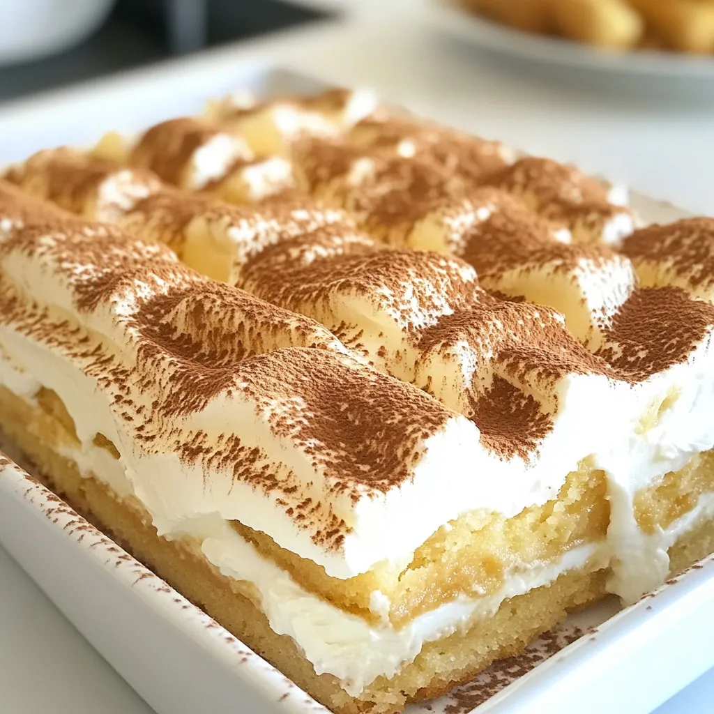 - 1 cup eggnog - 1 cup mascarpone cheese - 1 cup heavy cream - 1/2 cup granulated sugar - 1 teaspoon vanilla extract - 1/2 teaspoon ground nutmeg - 1 package ladyfinger cookies - Cocoa powder for dusting - Extra nutmeg for garnish For this eggnog tiramisu, stick to the exact amounts. Use 1 cup of eggnog. It gives the dessert its rich flavor. Use 1 cup of mascarpone cheese. This makes a creamy texture. The heavy cream helps to create a light, fluffy layer, so measure 1 cup. Use 1/2 cup of granulated sugar for sweetness. Add 1 teaspoon of vanilla extract for flavor depth. A small amount of nutmeg, about 1/2 teaspoon, enhances the holiday feel. Finally, use a full package of ladyfinger cookies. This helps build the layers. I recommend using well-known brands for the best taste. For eggnog, try Land O'Lakes or Southern Comfort. They offer rich flavors that stand out. For mascarpone, Galbani is a trusted choice. It has a smooth, creamy texture. Use heavy cream from Horizon Organic for richness. For sugar, any pure granulated sugar works well. For vanilla extract, look for pure options like Nielsen-Massey. As for ladyfingers, Savoiardi is a great brand to ensure they hold up well. {{ingredient_image_2}} To start, grab a large mixing bowl. Add 1 cup of mascarpone cheese. Next, pour in 1 cup of heavy cream. Then, add 1/2 cup of granulated sugar. Include 1 teaspoon of vanilla extract and 1/2 teaspoon of ground nutmeg. Use an electric mixer. Set it to medium speed. Beat the mixture for about 4-5 minutes. You want it smooth and creamy. Look for soft peaks that hold their shape. Now, take 1 cup of eggnog and pour it into a shallow dish. This will be your soaking station. Quickly dip each ladyfinger cookie into the eggnog. Make sure to soak them, but only for 1-2 seconds per side. You want them moist, not mushy. This step brings in the eggnog flavor. Use a rectangular dish, about 9x13 inches. Start with a layer of soaked ladyfingers. Place them side by side to cover the bottom evenly. Once you have the first layer, it’s time for the cream. Spoon half of your mascarpone mixture over the ladyfingers. Spread it out gently with a spatula. Make sure it reaches all the edges. Next, repeat the process. Add another layer of dipped ladyfingers on top of the cream. Then, spoon the rest of the mascarpone mixture over this layer. Again, smooth it out gently. Now, cover the dish with plastic wrap. Place it in the fridge for at least 4 hours. For best results, leave it overnight. This chilling time lets the flavors blend and helps the dessert set. Before serving, dust the top with cocoa powder. Use a fine sieve for even coverage. For a festive touch, sprinkle some extra ground nutmeg on top. Your Eggnog Tiramisu is now ready to impress! To get the best cream for your tiramisu, you need the right mix. Start with cold mascarpone cheese. This helps it blend better. Combine it with heavy cream, sugar, vanilla, and nutmeg in a bowl. Use an electric mixer on medium speed. Beat for about 4-5 minutes. Look for soft peaks that hold their shape. If it looks too runny, keep mixing a bit longer. This creamy mix makes the tiramisu rich and smooth. Soaking ladyfingers can be tricky. You want them soft but not mushy. Pour 1 cup of eggnog into a shallow dish. Dip each ladyfinger quickly, just 1-2 seconds on each side. If you soak too long, they will fall apart. Lay the soaked ladyfingers in your dish. They should be wet but still hold their shape. This gives the dessert a good texture. When it comes to serving, make it special. For a nice touch, use small glasses or dessert cups. Layer the ingredients inside to show off those pretty layers. Dust the top with cocoa powder right before serving. Use a fine sieve for an even coat. Add some extra nutmeg for a festive look. You can also garnish with fresh mint or a cinnamon stick. This will make your eggnog tiramisu not just tasty but also beautiful. Pro Tips Use Fresh Eggnog: For the best flavor, opt for fresh, high-quality eggnog instead of store-bought. This enhances the creaminess and overall taste of your tiramisu. Chill for Longer: Although 4 hours is the minimum chill time, letting the tiramisu sit overnight allows the flavors to develop even more, resulting in a richer dessert. Layering Technique: When layering the ladyfingers and mascarpone mixture, ensure even distribution to create a balanced dessert. This helps maintain the structure when serving. Garnish Wisely: Use a fine sieve to dust cocoa powder for a smooth finish. Add a sprinkle of freshly grated nutmeg or a cinnamon stick for an aromatic touch that enhances the festive presentation. {{image_4}} You can change the flavor of your eggnog tiramisu. Try using flavored eggnog, like vanilla or spiced. You could also mix in a splash of rum or bourbon for warmth. Consider adding a hint of orange zest for a fresh twist. This will add bright notes to the creamy layers. If you need to make this dessert for special diets, I have some ideas. For a dairy-free version, use coconut cream instead of mascarpone and heavy cream. Almond milk can work great as a substitute for eggnog. If you want to make it gluten-free, use gluten-free ladyfingers. These swaps can make this dessert fit for everyone. Get creative with seasonal flavors! In spring, add fresh berries between the layers. For summer, try a hint of mint or lemon zest. In fall, add pumpkin spice to the cream mixture. Each season brings new tastes that can elevate your eggnog tiramisu. Enjoy exploring these fun options! To keep your eggnog tiramisu fresh, cover it well. Use plastic wrap or a lid. This keeps the dessert safe from odors in the fridge. Store it in the main part of the fridge, not the door. The door's temperature can change too much. Eggnog tiramisu lasts about 3 to 4 days in the fridge. After that, it may lose flavor and texture. You can freeze it too, but the cream may change. If you freeze it, wrap it tightly. It can last for up to 2 months in the freezer. You do not need to reheat eggnog tiramisu. It tastes best cold. If it is frozen, let it thaw in the fridge overnight. This helps the texture stay smooth. Before serving, dust with cocoa powder and add nutmeg for a fresh look. Yes, you can make Eggnog Tiramisu ahead of time. In fact, it tastes better after chilling. The flavors mix well when it sits. I recommend making it one day before you want to serve it. Just cover it tightly with plastic wrap. This keeps it fresh and creamy. If you don’t have eggnog, you can use a few substitutes. Try a mix of milk and cream with spices. Use 1 cup of milk, 1/4 cup of heavy cream, and add 1/2 teaspoon of vanilla. You can also add a pinch of nutmeg and cinnamon for flavor. This gives a similar creamy taste. Serve Eggnog Tiramisu in a few fun ways. You can use individual cups to show off the layers. This makes it look fancy. Dust cocoa powder on top and add extra nutmeg for style. A sprig of mint or a cinnamon stick can add a nice touch, too. Enjoy every bite! In this blog post, I covered how to make Eggnog Tiramisu step by step. We looked at key ingredients, their measurements, and preferred brands. I shared tips for the best cream and soaking ladyfingers without making them soggy. I also provided variations to meet different tastes and dietary needs. Finally, I explained storage options to keep your dessert fresh. With these insights, you can create a delicious treat that impresses everyone. Enjoy your Eggnog Tiramisu and share it with friends and family!