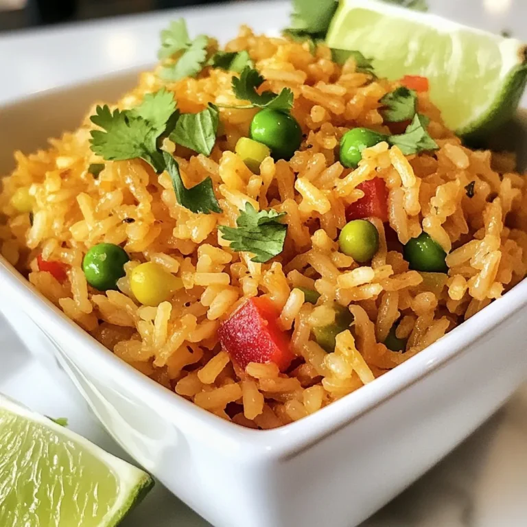To create the best Mexican restaurant rice, you need a few key ingredients: - 1 cup long-grain white rice - 2 cups low-sodium chicken broth - 1 medium onion, finely chopped - 2 cloves garlic, minced - 1 medium tomato, diced - 1/2 cup red bell pepper, diced - 1/2 cup frozen peas - 1 tablespoon olive oil - 1 teaspoon ground cumin - 1 teaspoon chili powder - 1/2 teaspoon paprika - Salt and pepper to taste - Fresh cilantro, chopped (for garnish) - Lime wedges (for serving) These ingredients come together to create a vibrant, flavorful dish that pairs well with many meals. You can customize your Mexican rice by adding optional ingredients. Here are some ideas: - Corn for sweetness - Jalapeños for heat - Black beans for protein - Chopped green onions for freshness - A squeeze of lime for tang Feel free to mix and match based on your taste preferences. The best rice for this recipe is long-grain white rice. It cooks up fluffy without becoming sticky. If you want a healthier option, you can use brown rice. Just remember to adjust the cooking time, as brown rice takes longer to cook. You can also try jasmine or basmati rice for a unique flavor twist. {{ingredient_image_2}} Start by rinsing 1 cup of long-grain white rice. Use a fine-mesh strainer and cold water. Rinse until the water runs clear. This step removes extra starch. It keeps the rice from getting sticky. After rinsing, drain the rice well. Make sure no water remains. In a medium pot, heat 1 tablespoon of olive oil over medium heat. When the oil shimmers, add 1 finely chopped onion. Sauté for 3-4 minutes until soft and translucent. Then, mix in 2 minced garlic cloves, 1 diced tomato, and 1/2 cup of diced red bell pepper. Cook this mixture for another 3-4 minutes. The veggies should soften and blend well. Now, add the drained rice to the pot. Stir to combine with the vegetables. Let it toast for 2-3 minutes. You want the rice to turn slightly golden and fragrant. Next, sprinkle in 1 teaspoon ground cumin, 1 teaspoon chili powder, 1/2 teaspoon paprika, and some salt and pepper. Stir well to coat each grain with spices. After that, add 2 cups of low-sodium chicken broth. Turn the heat up to bring it to a rolling boil. Once boiling, lower the heat and cover the pot. Let it simmer for 15-20 minutes. The rice should absorb all the liquid and become tender. With 5 minutes left of cooking, gently fold in 1/2 cup of frozen peas. This keeps their color bright and texture intact. When done, remove the pot from heat. Leave it covered for 5 more minutes. This resting time helps the rice fluff up. Afterward, use a fork to fluff the rice gently. Enjoy your delicious fiesta rice! To make your rice fluffy, rinse it well. Rinsing removes extra starch. This step is key to stop the rice from sticking. Use a fine-mesh strainer and rinse until the water is clear. After rinsing, drain the rice well. Toasting the rice in oil also helps. Cook it for 2-3 minutes until golden. This adds flavor and keeps the grains separate. One common mistake is not rinsing the rice. This can lead to sticky rice. Another mistake is cooking at too high a heat. Always bring the broth to a boil, then reduce the heat. Cover the pot tightly while simmering. This keeps the steam in, helping the rice cook evenly. Lastly, avoid lifting the lid too often. This lets steam escape, which can affect cooking time. To boost flavor, use low-sodium chicken broth instead of water. It adds depth and richness. Spices are your best friend! Ground cumin and chili powder give warmth. Don’t forget salt and pepper to taste. You can also add fresh herbs. Mixing in chopped cilantro at the end gives a fresh taste. For a zesty kick, serve with lime wedges. Squeeze them over the rice for extra flavor. Pro Tips Rinse the Rice: Rinsing the rice until the water runs clear removes excess starch, preventing it from becoming gummy and ensuring a perfect texture. Use Fresh Ingredients: Using fresh vegetables and herbs enhances the flavor and aroma of the rice, making the dish more vibrant and enjoyable. Let It Rest: After cooking, letting the rice sit covered for a few minutes allows it to steam and fluff up, resulting in a light and airy texture. Customize Your Spices: Feel free to adjust the spices according to your preference. Adding a pinch of cayenne pepper can give it an extra kick! {{image_4}} For a vegetarian twist, use vegetable broth instead of chicken broth. Add more veggies like corn, zucchini, or mushrooms. You can still follow the same steps in the original recipe. These changes will keep the flavors bright and delicious. If you like heat, add diced jalapeños or a splash of hot sauce. Increase the chili powder to two teaspoons for a bolder flavor. This spicy kick will make your rice stand out at any meal. To make your rice more filling, add cooked beans, like black beans or pinto beans. You can also mix in cooked chicken or shrimp for protein. These add-ins not only enhance flavor but also make it a complete dish. After enjoying your delicious Mexican rice, let it cool down first. Then, place it in an airtight container. Store it in the fridge for up to four days. If you notice any leftover peas or veggies, that’s okay! They store well too. When you’re ready to enjoy your rice again, reheat it on the stove for the best taste. Add a splash of chicken broth or water to keep it moist. Heat over medium-low, stirring often. This helps keep it from sticking. You can also use a microwave. Just cover the bowl, add a little liquid, and heat in short bursts, stirring in between. Want to save some for later? Freezing is a great idea! First, let the rice cool completely. Then, portion it into freezer-safe bags or containers. Remove as much air as you can. Label each bag with the date. You can freeze it for up to three months. When you’re ready to eat it, thaw it in the fridge overnight. Reheat as described above for a tasty meal! Mexican rice has a unique flavor profile. It often includes spices that give it a vibrant taste. The addition of tomatoes, onions, and garlic adds depth, unlike plain white rice. The cooking method also differs. We toast the rice before adding broth, which enhances its flavor and gives it a slightly nutty taste. This method makes it more aromatic and delicious compared to standard rice. Yes, you can use brown rice, but the cooking time changes. Brown rice takes longer to cook due to its outer bran layer. Use the same amount of broth, but you may need to simmer for about 40 to 45 minutes. Keep an eye on the rice, as it may need more liquid as well. The flavor will differ slightly, as brown rice has a nuttier taste and chewier texture. To reduce the spice level, simply cut back on chili powder. You can also omit it completely if needed. Use mild paprika instead of regular paprika for a sweeter flavor. Another trick is to add more vegetables, like peas or bell peppers, to balance the heat. Serving the rice with lime wedges can help, as lime's acidity can cool off the spice. You learned about the key ingredients and steps to make great Mexican rice. I shared tips to avoid common mistakes and enhance flavors. I also explored variations to fit your taste, along with storage and reheating advice. With this knowledge, you can whip up delicious Mexican rice with ease. Enjoy your cooking and make it your own!